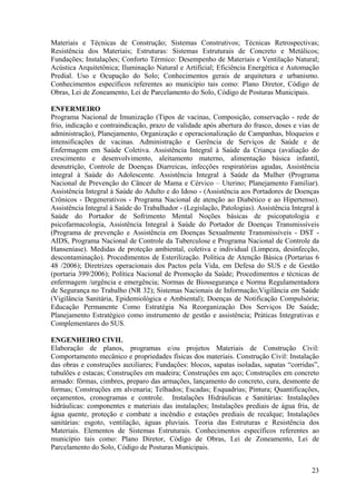 23
Materiais e Técnicas de Construção; Sistemas Construtivos; Técnicas Retrospectivas;
Resistência dos Materiais; Estruturas: Sistemas Estruturais de Concreto e Metálicos;
Fundações; Instalações; Conforto Térmico: Desempenho de Materiais e Ventilação Natural;
Acústica Arquitetônica; Iluminação Natural e Artificial; Eficiência Energética e Automação
Predial. Uso e Ocupação do Solo; Conhecimentos gerais de arquitetura e urbanismo.
Conhecimentos específicos referentes ao município tais como: Plano Diretor, Código de
Obras, Lei de Zoneamento, Lei de Parcelamento do Solo, Código de Posturas Municipais.
ENFERMEIRO
Programa Nacional de Imunização (Tipos de vacinas, Composição, conservação - rede de
frio, indicação e contraindicação, prazo de validade após abertura do frasco, doses e vias de
administração), Planejamento, Organização e operacionalização de Campanhas, bloqueios e
intensificações de vacinas. Administração e Gerência de Serviços de Saúde e de
Enfermagem em Saúde Coletiva. Assistência Integral à Saúde da Criança (avaliação do
crescimento e desenvolvimento, aleitamento materno, alimentação básica infantil,
desnutrição, Controle de Doenças Diarreicas, infecções respiratórias agudas, Assistência
integral à Saúde do Adolescente. Assistência Integral à Saúde da Mulher (Programa
Nacional de Prevenção do Câncer de Mama e Cérvico – Uterino; Planejamento Familiar).
Assistência Integral à Saúde do Adulto e do Idoso - (Assistência aos Portadores de Doenças
Crônicos - Degenerativos - Programa Nacional de atenção ao Diabético e ao Hipertenso).
Assistência Integral à Saúde do Trabalhador - (Legislação, Patologias). Assistência Integral à
Saúde do Portador de Sofrimento Mental Noções básicas de psicopatologia e
psicofarmacologia, Assistência Integral à Saúde do Portador de Doenças Transmissíveis
(Programa de prevenção e Assistência em Doenças Sexualmente Transmissíveis - DST -
AIDS, Programa Nacional de Controle da Tuberculose e Programa Nacional de Controle da
Hanseníase). Medidas de proteção ambiental, coletiva e individual (Limpeza, desinfecção,
descontaminação). Procedimentos de Esterilização. Política de Atenção Básica (Portarias 6
48 /2006); Diretrizes operacionais dos Pactos pela Vida, em Defesa do SUS e de Gestão
(portaria 399/2006); Política Nacional de Promoção da Saúde; Procedimentos e técnicas de
enfermagem /urgência e emergência; Normas de Biossegurança e Norma Regulamentadora
de Segurança no Trabalho (NR 32); Sistemas Nacionais de Informação;Vigilância em Saúde
(Vigilância Sanitária, Epidemiológica e Ambiental); Doenças de Notificação Compulsória;
Educação Permanente Como Estratégia Na Reorganização Dos Serviços De Saúde;
Planejamento Estratégico como instrumento de gestão e assistência; Práticas Integrativas e
Complementares do SUS.
ENGENHEIRO CIVIL
Elaboração de planos, programas e/ou projetos Materiais de Construção Civil:
Comportamento mecânico e propriedades físicas dos materiais. Construção Civil: Instalação
das obras e construções auxiliares; Fundações: blocos, sapatas isoladas, sapatas “corridas”,
tubulões e estacas; Construções em madeira; Construções em aço; Construções em concreto
armado: fôrmas, cimbres, preparo das armações, lançamento do concreto, cura, desmonte de
formas; Construções em alvenaria; Telhados; Escadas; Esquadrias; Pintura; Quantificações,
orçamentos, cronogramas e controle. Instalações Hidráulicas e Sanitárias: Instalações
hidráulicas: componentes e materiais das instalações; Instalações prediais de água fria, de
água quente, proteção e combate a incêndio e estações prediais de recalque; Instalações
sanitárias: esgoto, ventilação, águas pluviais. Teoria das Estruturas e Resistência dos
Materiais. Elementos de Sistemas Estruturais. Conhecimentos específicos referentes ao
município tais como: Plano Diretor, Código de Obras, Lei de Zoneamento, Lei de
Parcelamento do Solo, Código de Posturas Municipais.
 