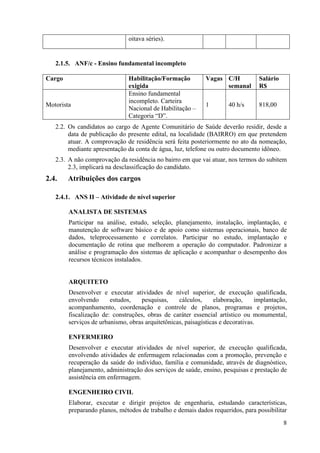 8
oitava séries).
2.1.5. ANF/c - Ensino fundamental incompleto
Cargo Habilitação/Formação
exigida
Vagas C/H
semanal
Salário
R$
Motorista
Ensino fundamental
incompleto. Carteira
Nacional de Habilitação –
Categoria “D”.
1 40 h/s 818,00
2.2. Os candidatos ao cargo de Agente Comunitário de Saúde deverão residir, desde a
data de publicação do presente edital, na localidade (BAIRRO) em que pretendem
atuar. A comprovação de residência será feita posteriormente no ato da nomeação,
mediante apresentação da conta de água, luz, telefone ou outro documento idôneo.
2.3. A não comprovação da residência no bairro em que vai atuar, nos termos do subitem
2.3, implicará na desclassificação do candidato.
2.4. Atribuições dos cargos
2.4.1. ANS II – Atividade de nível superior
ANALISTA DE SISTEMAS
Participar na análise, estudo, seleção, planejamento, instalação, implantação, e
manutenção de software básico e de apoio como sistemas operacionais, banco de
dados, teleprocessamento e correlatos. Participar no estudo, implantação e
documentação de rotina que melhorem a operação do computador. Padronizar a
análise e programação dos sistemas de aplicação e acompanhar o desempenho dos
recursos técnicos instalados.
ARQUITETO
Desenvolver e executar atividades de nível superior, de execução qualificada,
envolvendo estudos, pesquisas, cálculos, elaboração, implantação,
acompanhamento, coordenação e controle de planos, programas e projetos,
fiscalização de: construções, obras de caráter essencial artístico ou monumental,
serviços de urbanismo, obras arquitetônicas, paisagísticas e decorativas.
ENFERMEIRO
Desenvolver e executar atividades de nível superior, de execução qualificada,
envolvendo atividades de enfermagem relacionadas com a promoção, prevenção e
recuperação da saúde do indivíduo, família e comunidade, através de diagnóstico,
planejamento, administração dos serviços de saúde, ensino, pesquisas e prestação de
assistência em enfermagem.
ENGENHEIRO CIVIL
Elaborar, executar e dirigir projetos de engenharia, estudando características,
preparando planos, métodos de trabalho e demais dados requeridos, para possibilitar
 
