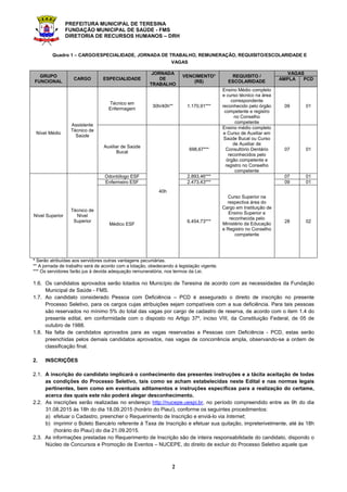 PREFEITURA MUNICIPAL DE TERESINA
FUNDAÇÃO MUNICIPAL DE SAÚDE - FMS
DIRETORIA DE RECURSOS HUMANOS – DRH
2
Quadro 1 – CARGO/ESPECIALIDADE, JORNADA DE TRABALHO, REMUNERAÇÃO, REQUISITO/ESCOLARIDADE E
VAGAS
GRUPO
FUNCIONAL
CARGO ESPECIALIDADE
JORNADA
DE
TRABALHO
VENCIMENTO*
(R$)
REQUISITO /
ESCOLARIDADE
VAGAS
AMPLA PCD
Nível Médio
Assistente
Técnico de
Saúde
Técnico em
Enfermagem
30h/40h** 1.170,91***
Ensino Médio completo
e curso técnico na área
correspondente
reconhecido pelo órgão
competente e registro
no Conselho
competente
09 01
Auxiliar de Saúde
Bucal
40h
698,67***
Ensino médio completo
e Curso de Auxiliar em
Saúde Bucal ou Curso
de Auxiliar de
Consultório Dentário
reconhecidos pelo
órgão competente e
registro no Conselho
competente
07 01
Nível Superior
Técnico de
Nível
Superior
Odontólogo ESF 2.893,46***
Curso Superior na
respectiva área do
Cargo em Instituição de
Ensino Superior e
reconhecida pelo
Ministério da Educação
e Registro no Conselho
competente
07 01
Enfermeiro ESF 2.473,43*** 09 01
Médico ESF
6.454,73*** 28 02
* Serão atribuídas aos servidores outras vantagens pecuniárias.
** A jornada de trabalho será de acordo com a lotação, obedecendo à legislação vigente.
*** Os servidores farão jus à devida adequação remuneratória, nos termos da Lei.
1.6. Os candidatos aprovados serão lotados no Município de Teresina de acordo com as necessidades da Fundação
Municipal de Saúde - FMS.
1.7. Ao candidato considerado Pessoa com Deficiência – PCD é assegurado o direito de inscrição no presente
Processo Seletivo, para os cargos cujas atribuições sejam compatíveis com a sua deficiência. Para tais pessoas
são reservados no mínimo 5% do total das vagas por cargo de cadastro de reserva, de acordo com o item 1.4 do
presente edital, em conformidade com o disposto no Artigo 37º, inciso VIII, da Constituição Federal, de 05 de
outubro de 1988.
1.8. Na falta de candidatos aprovados para as vagas reservadas a Pessoas com Deficiência - PCD, estas serão
preenchidas pelos demais candidatos aprovados, nas vagas de concorrência ampla, observando-se a ordem de
classificação final.
2. INSCRIÇÕES
2.1. A inscrição do candidato implicará o conhecimento das presentes instruções e a tácita aceitação de todas
as condições do Processo Seletivo, tais como se acham estabelecidas neste Edital e nas normas legais
pertinentes, bem como em eventuais aditamentos e instruções específicas para a realização do certame,
acerca das quais este não poderá alegar desconhecimento.
2.2. As inscrições serão realizadas no endereço http://nucepe.uespi.br, no período compreendido entre as 9h do dia
31.08.2015 às 18h do dia 18.09.2015 (horário do Piauí), conforme os seguintes procedimentos:
a) efetuar o Cadastro, preencher o Requerimento de Inscrição e enviá-lo via Internet;
b) imprimir o Boleto Bancário referente à Taxa de Inscrição e efetuar sua quitação, impreterivelmente, até às 18h
(horário do Piauí) do dia 21.09.2015.
2.3. As informações prestadas no Requerimento de Inscrição são de inteira responsabilidade do candidato, dispondo o
Núcleo de Concursos e Promoção de Eventos – NUCEPE, do direito de excluir do Processo Seletivo aquele que
 