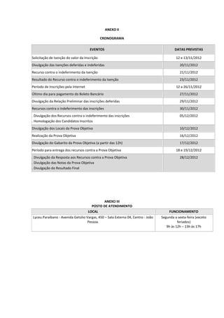 ANEXO II

                                               CRONOGRAMA

                                      EVENTOS                                            DATAS PREVISTAS

Solicitação de Isenção do valor da Inscrição                                              12 e 13/11/2012
Divulgação das Isenções deferidas e indeferidas                                             20/11/2012
Recurso contra o indeferimento da Isenção                                                   21/11/2012
Resultado do Recurso contra o indeferimento da Isenção                                      23/11/2012
Período de Inscrições pela Internet                                                       12 a 26/11/2012
Último dia para pagamento do Boleto Bancário                                                27/11/2012
Divulgação da Relação Preliminar das inscrições deferidas                                   29/11/2012
Recursos contra o indeferimento das inscrições                                              30/11/2012
. Divulgação dos Recursos contra o indeferimento das inscrições                             05/12/2012
. Homologação dos Candidatos Inscritos
Divulgação dos Locais da Prova Objetiva                                                     10/12/2012
Realização da Prova Objetiva                                                                16/12/2012
Divulgação do Gabarito da Prova Objetiva (a partir das 12h)                                 17/12/2012
Período para entrega dos recursos contra a Prova Objetiva                                 18 e 19/12/2012
. Divulgação da Resposta aos Recursos contra a Prova Objetiva                               28/12/2012
. Divulgação das Notas da Prova Objetiva
. Divulgação do Resultado Final




                                              ANEXO III
                                        POSTO DE ATENDIMENTO
                                      LOCAL                                           FUNCIONAMENTO
Lyceu Paraibano - Avenida Getúlio Vargas, 450 – Sala Externa 04, Centro - João   Segunda a sexta-feira (exceto
                                   Pessoa.                                                 feriados)
                                                                                    9h às 12h – 13h às 17h
 