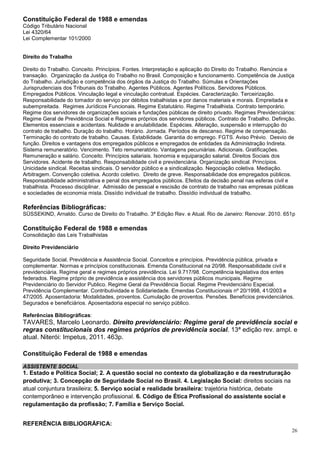 Constituição Federal de 1988 e emendas
Código Tributário Nacional
Lei 4320/64
Lei Complementar 101/2000


Direito do Trabalho

Direito do Trabalho. Conceito. Princípios. Fontes. Interpretação e aplicação do Direito do Trabalho. Renúncia e
transação. Organização da Justiça do Trabalho no Brasil. Composição e funcionamento. Competência de Justiça
do Trabalho. Jurisdição e competência dos órgãos da Justiça do Trabalho. Súmulas e Orientações
Jurisprudenciais dos Tribunais do Trabalho. Agentes Públicos. Agentes Políticos. Servidores Públicos.
Empregados Públicos. Vinculação legal e vinculação contratual. Espécies. Caracterização. Terceirização.
Responsabilidade do tomador do serviço por débitos trabalhistas e por danos materiais e morais. Empreitada e
subempreitada. Regimes Jurídicos Funcionais. Regime Estatutário. Regime Trabalhista. Contrato temporário.
Regime dos servidores de organizações sociais e fundações públicas de direito privado. Regimes Previdenciários:
Regime Geral de Previdência Social e Regimes próprios dos servidores públicos. Contrato de Trabalho. Definição.
Elementos essenciais e acidentais. Nulidade e anulabilidade. Espécies. Alteração, suspensão e interrupção do
contrato de trabalho. Duração do trabalho. Horário. Jornada. Períodos de descanso. Regime de compensação.
Terminação do contrato de trabalho. Causas. Estabilidade. Garantia do emprego. FGTS. Aviso Prévio. Desvio de
função. Direitos e vantagens dos empregados públicos e empregados de entidades da Administração Indireta.
Sistema remuneratório. Vencimento. Teto remuneratório. Vantagens pecuniárias. Adicionais. Gratificações.
Remuneração e salário. Conceito. Princípios salariais. Isonomia e equiparação salarial. Direitos Sociais dos
Servidores. Acidente de trabalho. Responsabilidade civil e previdenciária. Organização sindical. Princípios.
Unicidade sindical. Receitas sindicais. O servidor público e a sindicalização. Negociação coletiva. Mediação.
Arbitragem. Convenção coletiva. Acordo coletivo. Direito de greve. Responsabilidade dos empregados públicos.
Responsabilidade administrativa e penal dos empregados públicos. Efeitos da decisão penal nas esferas civil e
trabalhista. Processo disciplinar. Admissão de pessoal e rescisão de contrato de trabalho nas empresas públicas
e sociedades de economia mista. Dissídio individual de trabalho. Dissídio individual de trabalho.

Referências Bibliográficas:
SÜSSEKIND, Arnaldo. Curso de Direito do Trabalho. 3ª Edição Rev. e Atual. Rio de Janeiro: Renovar. 2010. 651p

Constituição Federal de 1988 e emendas
Consolidação das Leis Trabalhistas

Direito Previdenciário

Seguridade Social. Previdência e Assistência Social. Conceitos e princípios. Previdência pública, privada e
complementar. Normas e princípios constitucionais. Emenda Constitucional na 20/98. Responsabilidade civil e
previdenciária. Regime geral e regimes próprios previdência. Lei 9.717/98. Competência legislativa dos entes
federados. Regime próprio de previdência e assistência dos servidores públicos municipais. Regime
Previdenciário do Servidor Publico. Regime Geral da Previdência Social. Regime Previdenciário Especial.
Previdência Complementar. Contributividade e Solidariedade. Emendas Constitucionais nº 20/1998, 41/2003 e
47/2005. Aposentadoria: Modalidades, proventos. Cumulação de proventos. Pensões. Benefícios previdenciários.
Segurados e beneficiários. Aposentadoria especial no serviço público.

Referências Bibliográficas:
TAVARES, Marcelo Leonardo. Direito previdenciário: Regime geral de previdência social e
regras constitucionais dos regimes próprios de previdência social. 13ª edição rev. ampl. e
atual. Niterói: Impetus, 2011. 463p.

Constituição Federal de 1988 e emendas
ASSISTENTE SOCIAL
1. Estado e Política Social; 2. A questão social no contexto da globalização e da reestruturação
produtiva; 3. Concepção de Seguridade Social no Brasil. 4. Legislação Social: direitos sociais na
atual conjuntura brasileira; 5. Serviço social e realidade brasileira: trajetória histórica, debate
contemporâneo e intervenção profissional. 6. Código de Ética Profissional do assistente social e
regulamentação da profissão; 7. Família e Serviço Social.


REFERÊNCIA BIBLIOGRÁFICA:
                                                                                                             26
 