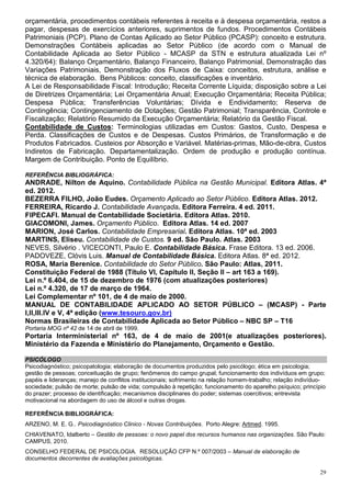 orçamentária, procedimentos contábeis referentes à receita e à despesa orçamentária, restos a
pagar, despesas de exercícios anteriores, suprimentos de fundos. Procedimentos Contábeis
Patrimoniais (PCP). Plano de Contas Aplicado ao Setor Público (PCASP): conceito e estrutura.
Demonstrações Contábeis aplicadas ao Setor Público (de acordo com o Manual de
Contabilidade Aplicada ao Setor Público - MCASP da STN e estrutura atualizada Lei nº
4.320/64): Balanço Orçamentário, Balanço Financeiro, Balanço Patrimonial, Demonstração das
Variações Patrimoniais, Demonstração dos Fluxos de Caixa: conceitos, estrutura, análise e
técnica de elaboração. Bens Públicos: conceito, classificações e inventário.
A Lei de Responsabilidade Fiscal: Introdução; Receita Corrente Líquida; disposição sobre a Lei
de Diretrizes Orçamentária; Lei Orçamentária Anual; Execução Orçamentária; Receita Pública;
Despesa Pública; Transferências Voluntárias; Dívida e Endividamento; Reserva de
Contingência; Contingenciamento de Dotações; Gestão Patrimonial; Transparência, Controle e
Fiscalização; Relatório Resumido da Execução Orçamentária; Relatório da Gestão Fiscal.
Contabilidade de Custos: Terminologias utilizadas em Custos: Gastos, Custo, Despesa e
Perda. Classificações de Custos e de Despesas. Custos Primários, de Transformação e de
Produtos Fabricados. Custeios por Absorção e Variável. Matérias-primas, Mão-de-obra, Custos
Indiretos de Fabricação. Departamentalização. Ordem de produção e produção contínua.
Margem de Contribuição. Ponto de Equilíbrio.

REFERÊNCIA BIBLIOGRÁFICA:
ANDRADE, Nilton de Aquino. Contabilidade Pública na Gestão Municipal. Editora Atlas. 4ª
ed. 2012.
BEZERRA FILHO, João Eudes. Orçamento Aplicado ao Setor Público. Editora Atlas. 2012.
FERREIRA, Ricardo J. Contabilidade Avançada. Editora Ferreira. 4 ed. 2011.
FIPECAFI. Manual de Contabilidade Societária. Editora Atlas. 2010.
GIACOMONI, James. Orçamento Público. Editora Atlas. 14 ed. 2007
MARION, José Carlos. Contabilidade Empresarial. Editora Atlas. 10ª ed. 2003
MARTINS, Eliseu. Contabilidade de Custos. 9 ed. São Paulo. Atlas. 2003
NEVES, Silvério . VICECONTI, Paulo E. Contabilidade Básica. Frase Editora. 13 ed. 2006.
PADOVEZE, Clóvis Luis. Manual de Contabilidade Básica. Editora Atlas. 8ª ed. 2012.
ROSA, Maria Berenice. Contabilidade do Setor Público. São Paulo: Atlas, 2011.
Constituição Federal de 1988 (Título VI, Capítulo II, Seção II – art 163 a 169).
Lei n.º 6.404, de 15 de dezembro de 1976 (com atualizações posteriores)
Lei n.º 4.320, de 17 de março de 1964.
Lei Complementar nº 101, de 4 de maio de 2000.
MANUAL DE CONTABILIDADE APLICADO AO SETOR PÚBLICO – (MCASP) - Parte
I,II,III.IV e V, 4ª edição (www.tesouro.gov.br)
Normas Brasileiras de Contabilidade Aplicada ao Setor Público – NBC SP – T16
Portaria MOG nº 42 de 14 de abril de 1999.
Portaria Interministerial nº 163, de 4 de maio de 2001(e atualizações posteriores).
Ministério da Fazenda e Ministério do Planejamento, Orçamento e Gestão.

PSICÓLOGO
Psicodiagnóstico; psicopatologia; elaboração de documentos produzidos pelo psicólogo; ética em psicologia;
gestão de pessoas; conceituação de grupo; fenômenos do campo grupal; funcionamento dos indivíduos em grupo;
papéis e lideranças; manejo de conflitos institucionais; sofrimento na relação homem-trabalho; relação indivíduo-
sociedade; pulsão de morte; pulsão de vida; compulsão à repetição; funcionamento do aparelho psíquico; princípio
do prazer; processo de identificação; mecanismos disciplinares do poder; sistemas coercitivos; entrevista
motivacional na abordagem do uso de álcool e outras drogas.

REFERÊNCIA BIBLIOGRÁFICA:
ARZENO, M. E. G.. Psicodiagnóstico Clinico - Novas Contribuições. Porto Alegre: Artmed. 1995.
CHIAVENATO, Idalberto – Gestão de pessoas: o novo papel dos recursos humanos nas organizações. São Paulo:
CAMPUS, 2010.
CONSELHO FEDERAL DE PSICOLOGIA. RESOLUÇÃO CFP N.º 007/2003 – Manual de elaboração de
documentos decorrentes de avaliações psicológicas.

                                                                                                              29
 