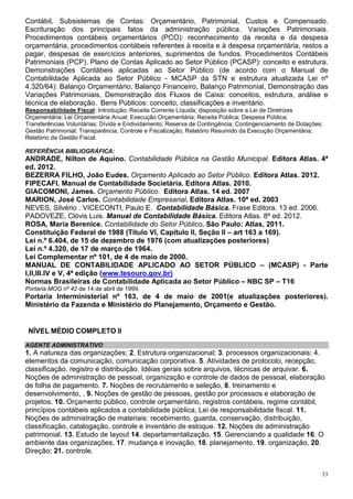 Contábil, Subsistemas de Contas: Orçamentário, Patrimonial, Custos e Compensado.
Escrituração dos principais fatos da administração pública. Variações Patrimoniais.
Procedimentos contábeis orçamentários (PCO): reconhecimento da receita e da despesa
orçamentária, procedimentos contábeis referentes à receita e à despesa orçamentária, restos a
pagar, despesas de exercícios anteriores, suprimentos de fundos. Procedimentos Contábeis
Patrimoniais (PCP). Plano de Contas Aplicado ao Setor Público (PCASP): conceito e estrutura.
Demonstrações Contábeis aplicadas ao Setor Público (de acordo com o Manual de
Contabilidade Aplicada ao Setor Público - MCASP da STN e estrutura atualizada Lei nº
4.320/64): Balanço Orçamentário, Balanço Financeiro, Balanço Patrimonial, Demonstração das
Variações Patrimoniais, Demonstração dos Fluxos de Caixa: conceitos, estrutura, análise e
técnica de elaboração. Bens Públicos: conceito, classificações e inventário.
Responsabilidade Fiscal: Introdução; Receita Corrente Líquida; disposição sobre a Lei de Diretrizes
Orçamentária; Lei Orçamentária Anual; Execução Orçamentária; Receita Pública; Despesa Pública;
Transferências Voluntárias; Dívida e Endividamento; Reserva de Contingência; Contingenciamento de Dotações;
Gestão Patrimonial; Transparência, Controle e Fiscalização; Relatório Resumido da Execução Orçamentária;
Relatório da Gestão Fiscal.

REFERÊNCIA BIBLIOGRÁFICA:
ANDRADE, Nilton de Aquino. Contabilidade Pública na Gestão Municipal. Editora Atlas. 4ª
ed. 2012.
BEZERRA FILHO, João Eudes. Orçamento Aplicado ao Setor Público. Editora Atlas. 2012.
FIPECAFI. Manual de Contabilidade Societária. Editora Atlas. 2010.
GIACOMONI, James. Orçamento Público. Editora Atlas. 14 ed. 2007
MARION, José Carlos. Contabilidade Empresarial. Editora Atlas. 10ª ed. 2003
NEVES, Silvério . VICECONTI, Paulo E. Contabilidade Básica. Frase Editora. 13 ed. 2006.
PADOVEZE, Clóvis Luis. Manual de Contabilidade Básica. Editora Atlas. 8ª ed. 2012.
ROSA, Maria Berenice. Contabilidade do Setor Público. São Paulo: Atlas, 2011.
Constituição Federal de 1988 (Título VI, Capítulo II, Seção II – art 163 a 169).
Lei n.º 6.404, de 15 de dezembro de 1976 (com atualizações posteriores)
Lei n.º 4.320, de 17 de março de 1964.
Lei Complementar nº 101, de 4 de maio de 2000.
MANUAL DE CONTABILIDADE APLICADO AO SETOR PÚBLICO – (MCASP) - Parte
I,II,III.IV e V, 4ª edição (www.tesouro.gov.br)
Normas Brasileiras de Contabilidade Aplicada ao Setor Público – NBC SP – T16
Portaria MOG nº 42 de 14 de abril de 1999.
Portaria Interministerial nº 163, de 4 de maio de 2001(e atualizações posteriores).
Ministério da Fazenda e Ministério do Planejamento, Orçamento e Gestão.


 NÍVEL MÉDIO COMPLETO II
AGENTE ADMINISTRATIVO
1. A natureza das organizações; 2. Estrutura organizacional; 3. processos organizacionais; 4.
elementos da comunicação, comunicação corporativa. 5. Atividades de protocolo, recepção,
classificação, registro e distribuição. Idéias gerais sobre arquivos, técnicas de arquivar. 6.
Noções de administração de pessoal, organização e controle de dados de pessoal, elaboração
de folha de pagamento. 7. Noções de recrutamento e seleção, 8. treinamento e
desenvolvimento, . 9. Noções de gestão de pessoas, gestão por processos e elaboração de
projetos. 10. Orçamento público, controle orçamentário, registros contábeis, regime contábil,
princípios contábeis aplicados a contabilidade pública, Lei de responsabilidade fiscal. 11.
Noções de administração de materiais: recebimento, guarda, conservação, distribuição,
classificação, catalogação, controle e inventário de estoque. 12. Noções de administração
patrimonial. 13. Estudo de layout 14. departamentalização. 15. Gerenciando a qualidade 16. O
ambiente das organizações, 17. mudança e inovação, 18. planejamento, 19. organização, 20.
Direção; 21. controle.


                                                                                                          33
 