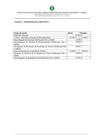 AGÊNCIA DE DEFESA SANITÁRIA AGROSILVOPASTORIL DO ESTADO DE RONDÔNIA - IDARON
Avenida Farquar, 2986, Pedrinhas, Porto Velho/RO, CEP: 76.801-470
Palácio Rio Madeira, Edifício Rio Cautário (Curvo 02) – 5º Andar
ANEXO I - CRONOGRAMA PREVISTO
Nome da tarefa Início Término
Edital de Abertura 01/09/17
1ª Fase - Inscrição e Entrega da Documentação 01/09/17 11/09/17
Homologação da Inscrição (Publicação Site e DIOF) 12/09/17
Homologação da Entrega de Documentação (Publicação Site e
DIOF)
18/09/17
Divulgação de Resultados da Avaliação de Títulos (Publicação Site
e DIOF)
20/09/17
Fase de Recurso de Avaliação de Títulos 21/09/17 22/09/17
Resposta de Recurso de Avaliação de Títulos (Publicação Site e
DIOF)
25/09/17
Homologação do Resultado Final (Publicação Site e DIOF) 27/09/17
 