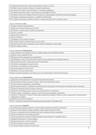 34
4 Planejamento educacional: aspectos epistemológicos, políticos e culturais.
5 Didática e saberes docentes: interfaces na formação de professores;
6 As práticas da avaliação na escola brasileira e as concepções pedagógicas;
7 A história da educação: origem e transformações da escola pública no Brasil;
8 Tendências teóricas da Psicologia do Desenvolvimento e da Aprendizagem: fundamentos da prática pedagógica;
9 Paradigmas emergentes da educação e a sociedade do conhecimento;
10 As políticas educacionais no Brasil no século xx, a redemocratização do país e as reformas atuais;
Área de conhecimento: Artes
1 Origens da Música Popular Brasileira.
2 Movimentos musicais brasileiros no século XX.
3 O Samba no contexto artístico brasileiro contemporâneo.
4 Teatro e sociedade
5 Jogos teatrais, corpo e voz.
6 Leitura dramática.
7 Pedagogia da Arte: processo X produto.
8 Formação de plateia e educação estética no ensino médio.
9 Parâmetros para escolha de repertórios musicais didáticos destinados ao ensino médio.
10 Música indígena brasileira.
Área de conhecimento: Educação Física
1 Jogos desportivos nas instituições escolares: voleibol, basquete, futsal, handebol e atletismo.
2 Esporte, saúde e qualidade de vida.
3 Princípios histórico-pedagógicos da educação física.
4 Metodologia de ensino das atividades físico-desportivas para portadores de necessidades especiais.
5 Educação Física Escolar e o desenvolvimento do corpo humano.
6 Fundamentos pedagógicos do esporte escolar.
7 Anatomia e os movimentos na educação física.
8 O esporte adaptado e inclusão social.
9 Benefícios e riscos do exercício físico.
10 Jogos e brinquedos populares e sua relação com os movimentos ligados a Educação Física Escolar.
Área de conhecimento: Eletroeletrônica
1 Magnetismo, Eletromagnetismo e Geração de Tensão Alternada Senoidal
2 Semicondutores, Diodo, Transistores, Tiristores - SCR, Circuito Retificador Trifásico
3 Circuitos trifásicos equilibrados e desequilibrados
4 Instrumentação Industrial - Introdução a Controle Industrial, Características de Instrumentos de Medição, Sensores, Atuadores
5 Projetos de Instalações Elétricas Prediais e Industriais
6 Dispositivos de Proteção (fusíveis, relés, etc.), Comandos Elétricos e Acionamento
7 Sensores indutivos, fotoelétrico e capacitivos; sensor detector de proximidade e transdutores
8
Motores CA, Monofásico e Trifásico: Partida direta, partida estrela triângulo e Partida com chave compensadora. Transformadores
Monofásicos e Trifásicos
9 Soft-Start e Inversores de frequência
10 CLP´s: Aplicações, arquitetura básica,especificações, programação em Linguagem Lader
Área de conhecimento: Espanhol
1 Contribuições da linguística aplicada ao ensino de língua espanhola para falantes de português.
2 Aspectos morfossintáticos da língua espanhola: Tempo e aspecto das formas verbais.
3 Leitura e compreensão de textos de gêneros diversos: a formação de leitores competentes.
4 Ensino das destrezas orais em língua espanhola.
5 Aspectos semânticos e estilísticos da língua espanhola: desenvolvimento da competência léxica.
6 Espanhol instrumental e a escola tecnológica.
7 Espanhol peninsular e a América espanhola.
8 Os falsos cognatos em língua espanhola.
9 A literatura hispano-americana em sala de aula.
 