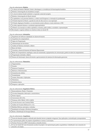 17
Área de conhecimento: História
1 A ciência da história: Métodos, fontes e abordagens e as tendências da historiografia brasileira
2 História e historiografia do feudalismo europeu
3 A crise do sistema feudal ocidental e a expansão comercial europeia
4 História e historiografia do Brasil colonial
5 O capitalismo e seu processo histórico, a ordem social burguesa e a formação do proletariado
6 O Estado Imperial no Brasil, a questão da mão de obra escrava e sua superação
7 O Estado oligárquico brasileiro e os movimentos sociais urbanos e rurais anteriores a 1930
8 As elites regionais baianas e a produção agroexportadora
9 O Brasil e sua inserção na ordem capitalista: economia, poder político, sociedade e representações
10 Revoluções e regimes militares na América Latina no século XX
Área de conhecimento: Informática
1 Engenharia de Software: Qualidade em desenvolvimento
2 Arquitetura de computadores
3 Lógica de Programação
4 Administração de Servidores
5 Análise de Sistemas orientada a objetos
6 Banco de Dados
7 Conceitos e desenvolvimentos de Sistemas Operacionais
8 Redes de Computadores: topologias, meios de transmissão, equipamentos de comunicação, gestão de redes de computadores.
9 Programação orientada a objetos
10 Sistema de Informação: desenvolvimento e gerenciamento de sistemas de informações gerenciais
Área de conhecimento: Matemática
1 Trigonometria.
2 Funções.
3 Números Complexos.
4 Matrizes e Determinantes.
5 Geometria dos sólidos.
6 Probabilidade.
7 Limites, Derivadas e Aplicações.
8 Polinômios.
9 Estatística básica.
10 Integrais e aplicações.
Área de conhecimento: Engenharia Elétrica
1 Semicondutores, Diodo e Transistor;
2 Circuitos Integrados: fabricação e características;
3 Portas Lógicas;
4 Conversores AD e DA;
5 Tiristores: SCR, TRIAC, GTO, LASCR;
6 Circuito Inversor com Controle PWM;
7 Análise de Circuitos Elétricos CC e CA;
8 Medidas Elétricas: princípios e métodos;
9 Qualidade de Energia e Eficiência Energética;
10 Redes e Distribuição de Energia Elétrica.
Área de conhecimento: Arquitetura
1 Teoria do desenho projetivo utilizado pelo desenho técnico: projeções ortogonais. Suas aplicações e normalização correspondente.
2 A representação gráfica de projetos arquitetônicos: normas e convenções.
3 Normas Técnicas da ABNT relacionadas ao desenho técnico.
4
O uso do AutoCAD como ferramenta auxiliar do projeto e da representação gráfica arquitetônica: trabalhando com comandos de
desenho e de edição.
 