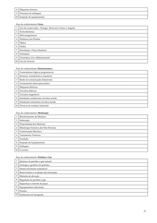 37
8 Máquinas térmicas
9 Processos de soldagem
10 Inspeção de equipamentos
Área de conhecimento: Física
1 Leis de conservação – Energia, Momentum Linear e Angular
2 Termodinâmica
3 Eletromagnetismo
4 Dinâmica dos Fluidos
5 Óptica
6 Ondas
7 Introdução a Física Quântica
8 Oscilações
9 Cinemática Uni e Bidimensional
10 Leis de Newton
Área de conhecimento: Eletromecânica
1 Controladores lógicos programáveis
2 Sensores, transdutores e atuadores
3 Redes de comunicações Industriais
4 Acionamento eletro-pneumático
5 Máquinas Elétricas
6 Circuitos elétricos
7 Circuitos magnéticos
8 Instalações residenciais em baixa tensão
9 Instalações industriais em baixa tensão
10 Técnicas de medição industrial
Área de conhecimento: Metalurgia
1 Beneficiamento de Minérios
2 Siderurgia
3 Propriedades dos Materiais
4 Metalurgia Extrativa dos Não-Ferrosos
5 Conformação Mecânica
6 Tratamentos Térmicos
7 Fundição
8 Inspeção de Equipamentos
9 Soldagem
10 Corrosão
Área de conhecimento: Petróleo e Gás
1 Química do petróleo e gás natural
2 Geologia e geofísica do petróleo
3 Desenvolvimento sustentável
4 Reservatórios e avaliação das formações
5 Métodos de elevação
6 Regulação do petróleo e gás
7 Segurança e controle de poços
8 Equipamentos industriais
9 Fluidos
10 Fenômenos de transporte
 
