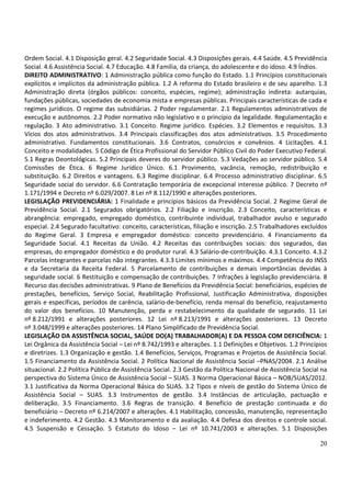 20
Ordem Social. 4.1 Disposição geral. 4.2 Seguridade Social. 4.3 Disposições gerais. 4.4 Saúde. 4.5 Previdência
Social. 4.6 Assistência Social. 4.7 Educação. 4.8 Família, da criança, do adolescente e do idoso. 4.9 Índios.
DIREITO ADMINISTRATIVO: 1 Administração pública como função do Estado. 1.1 Princípios constitucionais
explícitos e implícitos da administração pública. 1.2 A reforma do Estado brasileiro e de seu aparelho. 1.3
Administração direta (órgãos públicos: conceito, espécies, regime); administração indireta: autarquias,
fundações públicas, sociedades de economia mista e empresas públicas. Principais características de cada e
regimes jurídicos. O regime das subsidiárias. 2 Poder regulamentar. 2.1 Regulamentos administrativos de
execução e autônomos. 2.2 Poder normativo não legislativo e o princípio da legalidade. Regulamentação e
regulação. 3 Ato administrativo. 3.1 Conceito. Regime jurídico. Espécies. 3.2 Elementos e requisitos. 3.3
Vícios dos atos administrativos. 3.4 Principais classificações dos atos administrativos. 3.5 Procedimento
administrativo. Fundamentos constitucionais. 3.6 Contratos, consórcios e convênios. 4 Licitações. 4.1
Conceito e modalidades. 5 Código de Ética Profissional do Servidor Público Civil do Poder Executivo Federal.
5.1 Regras Deontológicas. 5.2 Principais deveres do servidor público. 5.3 Vedações ao servidor público. 5.4
Comissões de Ética. 6 Regime Jurídico Único. 6.1 Provimento, vacância, remoção, redistribuição e
substituição. 6.2 Direitos e vantagens. 6.3 Regime disciplinar. 6.4 Processo administrativo disciplinar. 6.5
Seguridade social do servidor. 6.6 Contratação temporária de excepcional interesse público. 7 Decreto nº
1.171/1994 e Decreto nº 6.029/2007. 8 Lei nº 8.112/1990 e alterações posteriores.
LEGISLAÇÃO PREVIDENCIÁRIA: 1 Finalidade e princípios básicos da Previdência Social. 2 Regime Geral de
Previdência Social. 2.1 Segurados obrigatórios. 2.2 Filiação e inscrição. 2.3 Conceito, características e
abrangência: empregado, empregado doméstico, contribuinte individual, trabalhador avulso e segurado
especial. 2.4 Segurado facultativo: conceito, características, filiação e inscrição. 2.5 Trabalhadores excluídos
do Regime Geral. 3 Empresa e empregador doméstico: conceito previdenciário. 4 Financiamento da
Seguridade Social. 4.1 Receitas da União. 4.2 Receitas das contribuições sociais: dos segurados, das
empresas, do empregador doméstico e do produtor rural. 4.3 Salário-de-contribuição. 4.3.1 Conceito. 4.3.2
Parcelas integrantes e parcelas não integrantes. 4.3.3 Limites mínimos e máximos. 4.4 Competência do INSS
e da Secretaria da Receita Federal. 5 Parcelamento de contribuições e demais importâncias devidas à
seguridade social. 6 Restituição e compensação de contribuições. 7 Infrações à legislação previdenciária. 8
Recurso das decisões administrativas. 9 Plano de Benefícios da Previdência Social: beneficiários, espécies de
prestações, benefícios, Serviço Social, Reabilitação Profissional, Justificação Administrativa, disposições
gerais e específicas, períodos de carência, salário-de-benefício, renda mensal do benefício, reajustamento
do valor dos benefícios. 10 Manutenção, perda e restabelecimento da qualidade de segurado. 11 Lei
nº 8.212/1991 e alterações posteriores. 12 Lei nº 8.213/1991 e alterações posteriores. 13 Decreto
nº 3.048/1999 e alterações posteriores. 14 Plano Simplificado de Previdência Social.
LEGISLAÇÃO DA ASSISTÊNCIA SOCIAL, SAÚDE DO(A) TRABALHADOR(A) E DA PESSOA COM DEFICIÊNCIA: 1
Lei Orgânica da Assistência Social – Lei nº 8.742/1993 e alterações. 1.1 Definições e Objetivos. 1.2 Princípios
e diretrizes. 1.3 Organização e gestão. 1.4 Benefícios, Serviços, Programas e Projetos de Assistência Social.
1.5 Financiamento da Assistência Social. 2 Política Nacional de Assistência Social –PNAS/2004. 2.1 Análise
situacional. 2.2 Política Pública de Assistência Social. 2.3 Gestão da Política Nacional de Assistência Social na
perspectiva do Sistema Único de Assistência Social – SUAS. 3 Norma Operacional Básica – NOB/SUAS/2012.
3.1 Justificativa da Norma Operacional Básica do SUAS. 3.2 Tipos e níveis de gestão do Sistema Único de
Assistência Social – SUAS. 3.3 Instrumentos de gestão. 3.4 Instâncias de articulação, pactuação e
deliberação. 3.5 Financiamento. 3.6 Regras de transição. 4 Benefício de prestação continuada e do
beneficiário – Decreto nº 6.214/2007 e alterações. 4.1 Habilitação, concessão, manutenção, representação
e indeferimento. 4.2 Gestão. 4.3 Monitoramento e da avaliação. 4.4 Defesa dos direitos e controle social.
4.5 Suspensão e Cessação. 5 Estatuto do Idoso – Lei nº 10.741/2003 e alterações. 5.1 Disposições
 