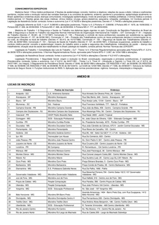 CONHECIMENTOS ESPECÍFICOS 
Medicina Geral: 1 Ética médico-profissional. 2 Noções de epidemiologia: conceito, histórico e objetivos; relações de causa e efeito; índices e coeficientes 
sanitários; noções sobre a evolução natural das variadas doenças e os conceitos de epidemia, endemia, pandemia e prozodemia; epidemiologia atualmente no 
Brasil; epidemias e endemias atuais; doenças comunicáveis; investigação epidemiológica; níveis de prevenção e medidas profiláticas. 3 Clínica médica e conduta 
médico-pericial. 3.1 Noções gerais das áreas médicas: clínica médica; cirurgia; gineco-obstetrícia; psiquiatria; ortopedia; cardiologia. 3.2 Conduta pericial. 4 
Legislação de Assistência Social: conteúdo; fontes e autonomia (Lei nº. 8.742/93 e alterações posteriores; Decreto nº. 1.744/95 e alterações posteriores). 
Legislação referente ao SUS: 1 Lei nº. 8.080/90 e alterações posteriores, Títulos I e II. 2 Portaria nº. 3.908/98. 3 Portaria MS nº. 1679, de 19/09/2002. 4 
Portaria MS nº. 656, de 20/09/2002. 5 Portaria MS nº. 666, de 30/09/2002. 6 Portaria MS nº. 777, de 28/04/2004. 
Medicina do Trabalho: 1 A Segurança e Saúde no Trabalho nos diplomas legais vigentes no país: Constituição da República Federativa do Brasil de 
1988. 2 Segurança e a Saúde no Trabalho nas seguintes Normas Internacionais da Organização Internacional do Trabalho − OIT: Convenção nº. 81 − Inspeção 
do Trabalho (Decreto nº. 95.461, de 11/12/1987); Convenção nº. 139 − Prevenção e controle de riscos profissionais causados por substâncias ou agentes 
cancerígenos (Decreto nº. 157, de 02/06/1991); Convenção nº. 148 − Proteção dos Trabalhadores contra os riscos profissionais devidos à contaminação do ar, 
ao ruído, às vibrações no local de trabalho (Decreto nº. 93.413, de 15/10/1986); Convenção nº. 155 − Segurança de Saúde dos Trabalhadores (Decreto nº. 
1.254, de 29/09/1994); Convenção nº. 161 − Serviços de Saúde do Trabalho (Decreto nº. 127, de 22/05/1991). 3 Doenças ocupacionais, acidente do trabalho e 
conduta médico-pericial: conceito e epidemiologia; impacto do trabalho sobre a saúde e segurança dos trabalhadores; indicadores de saúde − doença dos 
trabalhadores; situação atual da saúde dos trabalhadores no Brasil; patologia do trabalho; conduta pericial; Normas Técnicas das LER/DORT. 
Legislação do Trabalho: 1 Consolidação das Leis do Trabalho − CLT - Títulos I e II. 2 Normas Regulamentadoras aprovadas pela Portaria MTb nº. 3.214, 
de 08/06/1978 e alterações posteriores. 3 Normas Regulamentadoras Rurais, aprovadas pela Portaria MTb nº. 3.067, de 12/04/1988 e alterações. 
Legislação de Assistência Social: conteúdo; fontes e autonomia (Lei nº 8.742/93 e alterações e Decreto nº 6.214/07 e alterações). 
Legislação Previdenciária: 1 Seguridade Social: origem e evolução no Brasil; conceituação; organização e princípios constitucionais. 2 Legislação 
Previdenciária: conteúdo; fontes e autonomia. (Lei nº 8.212, de 24/07/1991 - Títulos I a V, Título VI - Introdução e Capítulo I e Titulo VIII; Lei nº 8.213, de 
24/07/1991, (na íntegra). 3 Regulamento da Previdência Social: Decreto nº 3048, de 06/05/1999 e alterações. OS INSS/DSS nº 607, de 05/08/98; OS INSS/DSS 
nº 608, de 05/08/98; OS INSS/DSS nº 609, de 05/08/98; IN 45 de 06/10/2010. Lei 8.029 de 12/04/1990. Decreto nº 7.556, de 24/08/2011- Estrutura do Instituto 
Nacional do Seguro Social. 4. Funções institucionais do INSS; 5. Aplicação das normas previdenciárias: vigência, hierarquia, interpretação e integração. 
ANEXO III 
LOCAIS DE INSCRIÇÃO 
Cidades Postos de Inscrição Endereço 
1 Anápolis - GO C.E. Antensina Santana Rua Arinesto De Oliveira Pinto, 26 - Centro 
2 Araraquara - SP Microlins Araraquara Rua São Bento, 646 - Centro - Araraquara - SP 
3 Bauru - SP Microlins Bauru Rua Araújo Leite, 13-04 - Centro - Bauru - SP 
4 Blumenau - SC Sid - Yesbras Rua Francisco Vahldieck, 777 - Sala 22 - Fortaleza 
5 Campina Grande - PB Microlins Campina Grande Rua João da Mata, 458 - Centro - Campina Grande - PB 
6 Campos dos Goytacazes - RJ Microlins Campos dos Goytacazes Rua Alvarenga Filho, 56 - Centro - Campos dos Goytacazes - RJ 
7 Cascavel - PR CEEP Pedro Boaretto Neto Rua Natal, 2800 - Jardim Tropical 
8 Contagem - MG SOS - Educação Profissional Av. João César de Oliveira, 1328 - Eldorado Contagem - MG 
9 Curitiba - PR Microlins Curitiba-Portão Av. Presidente Kennedy, 4070 - Portão Curitiba - PR 
10 Dourados - MS Microlins Dourados-Centro Rua João Cândido da Câmara, 675 A - Jardim Central Dourados - MS 
11 Florianópolis - SC Microlins Florianópolis Rua Álvaro de Carvalho, 120 - Centro 
12 Goiânia - GO Microlins Goiânia-Centro I Rua 85, 160 - Setor Sul QD F 17, LT 20 - Goiânia - GO 
13 Ijui- RS Tecnocyber Lan House Rua Do Comércio, 603 - Centro 
14 João Pessoa -PB Microlins João Pessoa-Centro Av. Dom Pedro II, 601 - Centro João Pessoa - PB 
15 Juazeiro do Norte - CE Microlins Juazeiro do Norte Rua Cruzeiro,235 - Centro Juazeiro do Norte - CE 
16 Londrina - PR Bit Company R. Pernambuco , 134 Centro Londrina - PR 
17 Manaus- AM Microlins Manaus-Centro Rua José Paranaguá, 36 - Centro Manaus - AM 
18 Montes Claros - MG Microlins Montes Claros Rua Coronel Joaquim Costa,380 - Centro Montes Claros - MG 
19 Niterói- RJ Microlins Niterói Rua Aurelino Leal, 25 - Centro Loja SLJ 201 Niterói - RJ 
20 Ouro Preto - MG Microlins Ouro Preto Praça Silviano Brandao, 5 - Centro Ouro Preto - MG 
21 Barbacena - MG Microlins Barbacena Praça Conde de Prados, 08 - Centro Barbacena - MG 
22 Diamantina - MG E.E. Professora Gabriela Neves Rua Da Palha, 1666 - Palha 
23 Governador Valadares - MG Microlins Governador Valadares 
Rua Marechal Floriano,794 - Centro Salas 102 E 107 Governador 
Valadares - MG 
24 Juiz de Fora - MG Microlins Juiz de Fora Rua Halfeld, 316 - Centro Juiz de Fora - MG 
25 Poços de Caldas - MG People Computação Rua Paraiba, 366 - Centro Poços de Caldas- MG 
26 Uberaba - MG People Computação Rua João Pinheiro,164 Centro - Uberaba - MG 
27 Varginha - MG SOS - Educação Profissional Av. São José - 197 Varginha- MG 
28 Belo Horizonte - MG Microlins BH-Barro Preto 
Avenida Amazonas, 1464 - Barro Preto Esq. com Rua Guajajaras, 1413 
Belo Horzinte - MG 
29 Divinópolis - MG Microlins Divinópolis-Centro II Rua Pernambuco,339 - Centro Divinópolis - MG 
30 Teófilo Otoni - MG Microlins Teófilo Otoni Rua Antônio Alves Benjamim, 198 - Centro Teófilo Otoni - MG 
31 Uberlândia - MG SOS - Educação Profissional R. Tenente Virmondes - 469 Centro Uberlândia - MG 
32 Rio de Janeiro Centro Microlins RJ-Centro Av. Rio Branco, 173 - Centro Rio de Janeiro - RJ 
33 Rio de Janeiro Norte Microlins RJ-Largo do Machado Rua do Catete,355 - Largo do Machado Sobreloja 
 