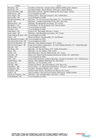 Cidade Local
Petrópolis – RJ Lan House Trilha Zero - Estrada União e Indústria 9500 Loja 06 - Itaipava
Piracicaba – SP Lan House Takaki - Rua do Rosário, 2656 Loja 3 - Bairro Paulista
Poços de Caldas – MG Info Club Lan House - Rua Rio Grande do Sul, 788 2º andar - Centro
Ponta Grossa – PR A ser divulgado em 14/08
Porto Alegre – RS Express Infotec - Rua Lopo Gonçalves, 382 - Cidade Baixa
Porto Velho – RO A ser divulgado em 14/08
Presidente Prudente – SP Microlins - Av. Cel. José Soares Marcondes, 353 - Vila Maristela
Recife – PE Microlins - Avenida Conde da Boa Vista, 1583 - Boa Vista
Ribeirão Preto – SP Digitalrp - Rua Bernardino de Campos, 703 - Centro
Rio Branco – AC Jr Jack House - R. Seis de Agosto, 220 - Seis de Agosto
Rio de Janeiro – RJ A ser divulgado em 14/08
Salvador – BA A ser divulgado em 14/08
Santa Maria – RS Copy & Art - Rua Appel, 840 sala 1 - Centro
Santo André – SP Microlins – Rua Bernardino de Campos, 340 - Centro
Santo Antonio de Jesus – BA A ser divulgado em 14/08
Santos – SP Orion Lan House - Rua Maranhão, 54 - José Menino
São Bernardo do Campo – SP A ser divulgado em 14/08
São João da Boa Vista – SP A ser divulgado em 14/08
São José do Rio Preto – SP Microlins – Rua Antônio de Godoy, 3277 - Centro
São José dos Campos – SP Copia & Cia Gráfica e Informática - Av. Elísio Galdino Sobrinho, 337 - Jardim Morumbi
São Luis – MA A ser divulgado em 14/08
São Paulo – SP Microlins - Av. Rio das Pedras, 1673 - Jardim Araicanduva
Sinop – MT Microlins - Av. das Itaúbas, 3398 - Centro
Sobral – CE Elite Informática - Rua Cel. Mont'Alverne, 333 - Centro
Sorocaba – SP Space.com - Praça Coronel Joaquim Estanislau de Arruda, 138 - Além Ponte
Taubaté – SP A ser divulgado em 14/08
Tefé – AM Centro Educacional Gov. Gilberto Mestrinho - Estrada do Aeroporto, 1241 - São Francisco
Teófilo Otoni – MG Playnet - Rua Adalberto Hollerbach, 88 - São Jacinto
Teresina – PI Microlins - Av. Frei Serafim, 2138
Uberaba – MG Vibenet Lan House - Rua João Pinheiro, 2270 - Boa Vista
Uberlândia – MG C4 Lan House - Av. Belarmino Cotta Pacheco, 114 Loja 3 - Santa Mônica
Uruguaiana – RS Viacyber – Rua Bento Martins, 2631 - Centro
Varginha – MG Noturno Cyber Games - Rua Doutor Jose Biscaro, 90 - Centro
Vitória – ES Anix Lan House - Rua José Celso Claudio, 590 Loja 05 - Jardim Camburi
Vitoria da Conquista – BA Microlins – Rua Ascendino Melo, 166 andar 2 - Centro
Volta Redonda – RJ A ser divulgado em 14/08
ESTUDE COM AS VIDEOAULAS DO CONCURSO VIRTUAL!
 