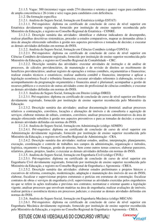 2.1.1.5. Vagas: 300 (trezentas) vagas sendo 274 (duzentas e setenta e quatro) vagas para candidatos
de ampla concorrência e 26 (vinte e seis) vagas para candidatos com deficiência.
2.1.2. Da formação específica
2.1.2.1. Analista do Seguro Social, formação em Estatística (código ESTAT)
2.1.2.1.1. Pré-requisitos: diploma ou certificado de conclusão de curso de nível superior em
Estatística devidamente registrado, fornecido por instituição de ensino superior reconhecida pelo
Ministério da Educação, e registro no Conselho Regional de Estatística - CONRE.
2.1.2.1.2. Descrição sumária das atividades: identificar e elaborar indicadores de desempenho,
realizar planilhas descritivas sistemáticas, proceder a estudos comparativos, mapear as demandas afetas à
área de atuação oferecendo subsídios à gestão nos aspectos preventivos e tomadas de decisão; e executar
as demais atividades definidas em normas do INSS.
2.1.2.2. Analista do Seguro Social, formação em Ciências Contábeis (código CONTA)
2.1.2.2.1. Pré-requisitos: diploma ou certificado de conclusão de curso de nível superior em
Ciências Contábeis devidamente registrado, fornecido por instituição de ensino superior reconhecida pelo
Ministério da Educação, e registro no Conselho Regional de Contabilidade – CRC.
2.1.2.2.2. Descrição sumária das atividades: executar atividades de instrução e de análise de
processos, de cálculos previdenciários, de manutenção e de revisão de direitos ao recebimento de
benefícios previdenciários; analisar registro de operações e rotinas contábeis, orçamentárias e financeiras;
realizar estudos técnicos e estatísticos; realizar auditoria contábil e financeira; interpretar e aplicar a
legislação econômica fiscal e tributária financeira; executar atividades referentes à elaboração, revisão e
acompanhamento da programação orçamentária e financeira anual e plurianual; acompanhar a gestão de
recursos públicos e o exercício de outras atividades como do profissional de ciências contábeis; e executar
as demais atividades definidas em normas do INSS.
2.1.2.3. Analista do Seguro Social, formação em Direito (código DIREI)
2.1.2.3.1. Pré-requisitos: diploma ou certificado de conclusão de curso de nível superior em Direito
devidamente registrado, fornecido por instituição de ensino superior reconhecida pelo Ministério da
Educação.
2.1.2.3.2. Descrição sumária das atividades: analisar documentação dominial; analisar processos
relativos a contratações, convênios, locações e alienações de imóveis e de consultoria e aquisição de
serviços; elaborar minutas de editais, contratos, convênios; analisar processos administrativos da área de
atuação oferecendo subsídios à gestão nos aspectos preventivos e para as tomadas de decisão; e executar
as demais atividades definidas em normas do INSS.
2.1.2.4. Analista do Seguro Social, formação em Administração (código ADMIN)
2.1.2.4.1. Pré-requisitos: diploma ou certificado de conclusão de curso de nível superior em
Administração devidamente registrado, fornecido por instituição de ensino superior reconhecida pelo
Ministério da Educação, e registro no Conselho Regional de Administração - CRA.
2.1.2.4.2. Descrição sumária das atividades: realizar estudos, análise, interpretação, planejamento,
execução, coordenação e controle de trabalhos nos campos da administração, organização e métodos,
logística, orçamento e finanças, gestão de pessoas, bem como outros temas conexos; elaborar pareceres,
relatórios, planos, projetos, laudos; e executar as demais atividades definidas em normas do INSS.
2.1.2.5. Analista do Seguro Social, formação em Engenharia Civil (código CIVIL)
2.1.2.5.1. Pré-requisitos: diploma ou certificado de conclusão de curso de nível superior em
Engenharia Civil devidamente registrado, fornecido por instituição de ensino superior reconhecida pelo
Ministério da Educação, e registro no Conselho Regional de Engenharia e Agronomia - CREA.
2.1.2.5.2. Descrição sumária das atividades: elaborar estudos preliminares e projetos básicos e
executivos de reforma, construção, modernização, adaptação e manutenção dos imóveis de uso do INSS;
elaborar, fiscalizar e supervisionar projetos estruturais e perícias em estruturas de construção; fiscalizar
contratos de obras e serviços de engenharia civil; supervisionar as atividades exercidas pelos engenheiros
no que se refere às ações realizadas e previstas nos contratos; normatizar e orientar quanto a legislação
vigente; analisar processos que envolvam matérias na área de engenharia; realizar avaliações de imóveis;
realizar perícia e assistência técnica em processos judiciais; e executar as demais atividades definidas em
normas do INSS.
2.1.2.6. Analista do Seguro Social, formação em Engenharia Mecânica (código MECAN)
2.1.2.6.1. Pré-requisitos: diploma ou certificado de conclusão de curso de nível superior em
Engenharia Mecânica devidamente registrado, fornecido por instituição de ensino superior reconhecida
pelo Ministério da Educação, e registro no Conselho Regional de Engenharia e Agronomia - CREA.
ESTUDE COM AS VIDEOAULAS DO CONCURSO VIRTUAL!
 