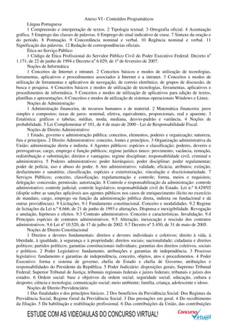 Anexo VI - Conteúdos Programáticos
Língua Portuguesa
1 Compreensão e interpretação de textos. 2 Tipologia textual. 3 Ortografia oficial. 4 Acentuação
gráfica. 5 Emprego das classes de palavras. 6 Emprego do sinal indicativo de crase. 7 Sintaxe da oração e
do período. 8 Pontuação. 9 Concordância nominal e verbal. 10 Regência nominal e verbal. 11
Significação das palavras. 12 Redação de correspondências oficiais.
Ética no Serviço Público
1 Código de Ética Profissional do Servidor Público Civil do Poder Executivo Federal: Decreto no
1.171, de 22 de junho de 1994 e Decreto no
6.029, de 1º de fevereiro de 2007.
Noções de Informática
1 Conceitos de Internet e intranet. 2 Conceitos básicos e modos de utilização de tecnologias,
ferramentas, aplicativos e procedimentos associados à Internet e a intranet. 3 Conceitos e modos de
utilização de ferramentas e aplicativos de navegação, de correio eletrônico, de grupos de discussão, de
busca e pesquisa. 4 Conceitos básicos e modos de utilização de tecnologias, ferramentas, aplicativos e
procedimentos de informática. 5 Conceitos e modos de utilização de aplicativos para edição de textos,
planilhas e apresentações. 6 Conceitos e modos de utilização de sistemas operacionais Windows e Linux.
Noções de Administração
1 Administração financeira, de recursos humanos e de material. 2 Matemática financeira: juros
simples e compostos; taxas de juros: nominal, efetiva, equivalentes, proporcionais, real e aparente. 3
Estatística: gráficos e tabelas; médias, moda, mediana, desvio-padrão e variância. 4 Noções de
probabilidade. 5 Lei Complementar nº 101, de 4 de maio de 2000 - Lei de Responsabilidade Fiscal.
Noções de Direito Administrativo
1 Estado, governo e administração pública: conceitos, elementos, poderes e organização; natureza,
fins e princípios. 2 Direito Administrativo: conceito, fontes e princípios. 3 Organização administrativa da
União; administração direta e indireta. 4 Agentes públicos: espécies e classificação; poderes, deveres e
prerrogativas; cargo, emprego e função públicos; regime jurídico único: provimento, vacância, remoção,
redistribuição e substituição; direitos e vantagens; regime disciplinar; responsabilidade civil, criminal e
administrativa. 5 Poderes administrativos: poder hierárquico; poder disciplinar; poder regulamentar;
poder de polícia; uso e abuso do poder. 6 Ato administrativo: validade, eficácia; atributos; extinção,
desfazimento e sanatória; classificação, espécies e exteriorização; vinculação e discricionariedade. 7
Serviços Públicos; conceito, classificação, regulamentação e controle; forma, meios e requisitos;
delegação: concessão, permissão, autorização. 8 Controle e responsabilização da administração: controle
administrativo; controle judicial; controle legislativo; responsabilidade civil do Estado. Lei n.º 8.429/92
(dispõe sobre as sanções aplicáveis aos agentes públicos nos casos de enriquecimento ilícito no exercício
de mandato, cargo, emprego ou função da administração pública direta, indireta ou fundacional e dá
outras providências). 9 Licitações. 9.1 Fundamento constitucional. Conceito e modalidades. 9.2 Regime
de licitações da Lei n.º 8.666, de 21 de junho de 1993 e alterações. Dispensa e inexigibilidade. Revogação
e anulação, hipóteses e efeitos. 9.3 Contrato administrativo. Conceito e características. Invalidação. 9.4
Principais espécies de contratos administrativos. 9.5 Alteração, inexecução e rescisão dos contratos
administrativos. 9.6 Lei nº 10.520, de 17 de julho de 2002. 9.7 Decreto nº 5.450, de 31 de maio de 2005.
Noções de Direito Constitucional
1 Direitos e deveres fundamentais: direitos e deveres individuais e coletivos; direito à vida, à
liberdade, à igualdade, à segurança e à propriedade; direitos sociais; nacionalidade; cidadania e direitos
políticos; partidos políticos; garantias constitucionais individuais; garantias dos direitos coletivos, sociais
e políticos. 2 Poder Legislativo: fundamento, atribuições e garantias de independência. 3 Processo
legislativo: fundamento e garantias de independência, conceito, objetos, atos e procedimentos. 4 Poder
Executivo: forma e sistema de governo; chefia de Estado e chefia de Governo; atribuições e
responsabilidades do Presidente da República. 5 Poder Judiciário: disposições gerais; Supremo Tribunal
Federal; Superior Tribunal de Justiça; tribunais regionais federais e juízes federais; tribunais e juízes dos
estados. 6 Ordem social: base e objetivos da ordem social; seguridade social; educação, cultura e
desporto; ciência e tecnologia; comunicação social; meio ambiente; família, criança, adolescente e idoso.
Noções de Direito Previdenciário
1 Das finalidades e dos princípios básicos. 2 Dos benefícios da Previdência Social: Dos Regimes da
Previdência Social, Regime Geral da Previdência Social. 3 Das prestações em geral. 4 Do recolhimento
da filiação. 5 Da habilitação e reabilitação profissional. 6 Das contribuições da União, das contribuições
ESTUDE COM AS VIDEOAULAS DO CONCURSO VIRTUAL!
 