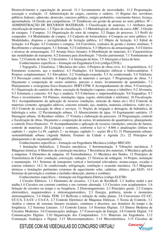 Desenvolvimento e capacitação de pessoal. 11.1 Levantamento de necessidades. 11.2 Programação,
execução e avaliação. 12 Administração de cargos, carreiras e salários. 13 Regime dos servidores
públicos federais: admissão, demissão, concurso público, estágio probatório, vencimento básico, licença,
aposentadoria. 14 Gestão por competências. 15 Tendências em gestão de pessoas no setor público. IV -
ADMINISTRAÇÃO DE RECURSOS MATERIAIS: 1 Classificação de materiais. 1.1 Atributos para
classificação de materiais. 1.2 Tipos de classificação. 1.3 Metodologia de cálculo da curva ABC. 2 Gestão
de estoques. 3 Compras. 3.1 Organização do setor de compras. 3.2 Etapas do processo. 3.3 Perfil do
comprador. 3.4 Modalidades de compra. 3.5 Cadastro de fornecedores. 4 Compras no setor público. 4.1
Modalidades, dispensa e inexigibilidade de licitação pública. 4.2 Objeto de licitação. 4.3 Edital de
licitação. 4.4 Pregão. 4.5 Contratos e compras. 4.6 Convênios, contratos de gestão e termos similares. 5
Recebimento e armazenagem. 5.1 Entrada. 5.2 Conferência. 5.3 Objetivos da armazenagem. 5.4 Critérios
e técnicas de armazenagem. 5.5 Arranjo físico (leiaute). 6 Distribuição de materiais. 6.1 Características
das modalidades de transporte. 6.2 Estrutura para distribuição. 7 Gestão patrimonial. 7.1 Tombamento de
bens. 7.2 Controle de bens. 7.3 Inventário. 7.4 Alienação de bens. 7.5 Alterações e baixa de bens.
Conhecimentos específicos – formação em Engenharia Civil (código CIVIL)
1 Topografia. 2 Estatística. 3 Mecânica dos solos. 4 Projetos de obras civis. 4.1 Arquitetônicos. 4.2
Estruturais (concreto, aço e madeira). 4.3 Fundações. 4.4 Instalações elétricas e hidrossanitárias. 5
Projetos complementares. 5.1 Elevadores. 5.2 Ventilação-exaustão. 5.3 Ar condicionado. 5.4 Telefonia.
5.5 Prevenção contra incêndio. 6 Especificação de materiais e serviços. 7 Programação de obras. 7.1
Orçamento e composição de custos unitários, parciais e totais: levantamento de quantidades. 7.2
Planejamento e cronograma físico-financeiro: PERT-CPM. 8 Acompanhamento de obras. 9 Construção.
9.1 Organização do canteiro de obras: execução de fundações (sapatas, estacas e tubulões). 9.2 Alvenaria.
9.3 Estruturas e concreto. 9.4 Aço e madeira. 9.5 Coberturas e impermeabilização. 9.6 Esquadrias. 9.7
Pisos e revestimentos. 9.8 Pinturas, instalações (água, esgoto, eletricidade e telefonia). 10 Fiscalização.
10.1 Acompanhamento da aplicação de recursos (medições, emissão de fatura etc.) 10.2 Controle de
materiais (cimento, agregados aditivos, concreto usinado, aço, madeira, materiais cerâmicos, vidro etc.).
10.3 Controle de execução de obras e serviços. 11 Noções de irrigação e drenagem, de hidráulica, de
hidrologia e solos. 12 Pavimentação urbana. 13 Abastecimento de água. 14 Esgotamento sanitário. 15
Drenagem urbana. 16 Resíduos sólidos. 17 Vistoria e elaboração de pareceres. 18 Programação, controle
e fiscalização de obras. Orçamento e composição de custos, levantamento de quantitativos, planejamento
e controle físico-financeiro. 19 Acompanhamento e aplicação de recursos (medições, emissão de faturas,
controle de materiais). 20 Licitação e contratos, conforme a Lei n.° 8.666 e atualizações (ênfase no
capítulo 1 – seções I a IV, capítulo 2 – na íntegra, capítulo 3 – seções III a V). 21 Planejamento urbano:
sustentabilidade urbana (Agenda Habitat, Estatuto da Cidade e Agenda 21). 22 Princípios de
planejamento e de orçamento público.
Conhecimentos específicos – formação em Engenharia Mecânica (código MECAN)
1 Instalações hidráulicas. 2 Ensaios mecânicos. 3 Instrumentação. 4 Vibrações mecânicas. 5
Máquinas térmicas. 6 Materiais de construção mecânica. 7 Resistência dos materiais. 8 Mecânica aplicada
a máquinas. 9 Elementos de máquina. 10 Termodinâmica. 11 Mecânica dos fluidos. 12 Princípios de
Transferência de Calor: condução, convecção, radiação. 13 Técnicas de soldagem. 14 Projeto, instalação
e manutenção. 14.1 Sistemas de transportes vertical e horizontal (elevadores, monta-cargas, escadas e
esteiras rolantes). 14.2 Ar condicionado, refrigeração, ventilação e exaustão mecânica. 14.3 Máquinas
térmicas e instalações pertinentes (sistemas de aquecimento solar, caldeiras, elétrico, gás GLP). 14.4
Sistemas de prevenção e combate a incêndio (detecção, alarme e combate).
Conhecimentos específicos – formação em Engenharia Elétrica (código ELETR)
1 Circuito Elétricos. 1.1 Elementos de circuitos. 1.2 Leis de Kirchhoff. 1.3 Análise nodal e por
malha.1.4 Circuitos em corrente contínua e em corrente alternada. 1.5 Circuitos com acoplamentos. 1.6
Solução de circuitos no tempo e na freqüência. 2 Eletromagnetismo. 2.1 Princípios gerais. 2.2 Campos
eletrostático, magnetostático e eletromagnetostático. 2.3 Energia, potência, tensão e momentos
eletromagnéticos. 2.4 Ondas TEM. 2.5 Reflexão e refração de ondas planas. 2.6 Conversores CC-CC,
CC-CA, CA-CC e CA-CA. 2.7 Controle Eletrônico de Máquinas Elétricas. 3 Teoria de Controle. 3.1
Análise e síntese de sistemas lineares escalares, contínuos e discretos, nos domínios do tempo e da
freqüência. 3.2 Sistemas Lineares. 3.3 Controle Linear. 3.4 Sistemas Digitais. 3.5 Síntese Moderna de
Circuitos Modernos. 3.6 Comunicações análogas. 3.7 Conservação de Energia. 3.8 Controle Digital. 3.9
Comunicações Digitais. 3.10 Organização dos Computadores. 3.11 Materiais em Engenharia. 3.12
Comutação Analógica e Digital. 3.13 Microcomputadores. 3.14 Microeletrônica. 3.15 Circuitos de
ESTUDE COM AS VIDEOAULAS DO CONCURSO VIRTUAL!
 