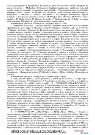 avaliação, planejamento e implementação da intervenção, análise dos resultados e formas de registro em
terapia ocupacional. 11 Modalidades de intervenção terapêutico-ocupacionais: atendimento individual,
grupal e coletivo na instituição, no domicílio e na comunidade. 12 Tecnologia assistiva e acessibilidade:
adaptações, órteses, próteses. 13 Terapias pelo movimento: neuro-evolutivas, neuro-fisiológicas e
biomecânicas e científicas. 14 Processo saúde-doença e suas múltiplas determinações: aspectos
biológicos, sociais, psíquicos, culturais e históricos. 15 Princípios éticos e bioéticos. 16 Políticas sociais e
legislação. 17 Sáude pública. 18 Técnicas de gestão. 19 Epidemiologia. 20. Trabalho em equipe
multiprofissional. 21 Conceito de equipe interdisciplinar e transdisciplinar.
Conhecimentos específicos – formação em Pedagogia (código PEDAG)
1 Fundamentos da Educação. 1.1 Relação educação e sociedade: dimensões filosófica, sociocultural
e pedagógica. 1.2 Bases Legais da educação nacional: Constituição da República, LDB (Lei nº 9.394/96)
e Parâmetros Curriculares Nacionais. 1.3 Desenvolvimento histórico das concepções pedagógicas. 1.4
Legislação aplicada à educação à distância. 2 A supervisão: concepção e prática. 2.1 Liderança e relações
humanas no trabalho: tipos de liderança, mecanismos de participação, normas e formas organizativas
facilitadoras da integração grupal. 3 Papel político pedagógico e organicidade do ensinar, aprender e
pesquisar. 3.1 Pesquisa participante como instrumento de inovação e de avaliação do ensinar e aprender.
3.2 Projeto político pedagógico no ambiente organizacional: concepção, princípios e eixos norteadores.
3.3 Gestão educacional decorrente da concepção do projeto político-pedagógico. 4 Processo de
planejamento: concepção, importância, dimensões e níveis. 4.1 Planejamento de ensino em seus
elementos constitutivos: objetivos e conteúdos de ensino; métodos e técnicas. 4.2 Planejamento
participativo: concepção, construção, acompanhamento e avaliação. 4.3 Comunicação e interação grupal
no processo de planejamento. 4.3.1 Constituição de equipes, encontros e avaliações sistemáticas,
capacitação de pessoal para o planejamento, constituição de grupos de estudo, aplicação de critérios na
distribuição de tarefas, articulação com outros grupos sociais. 5 Avaliação na perspectiva da construção
do conhecimento. 6 Desenvolvimento de competências: conhecimento, habilidades e atitudes. 6.1
Educação continuada dos profissionais. 7 Currículo e construção do conhecimento. 8 Processo de ensino-
aprendizagem. 8.1 Relação professor/ aluno no processo pedagógico. 8.2 Bases psicológicas da
aprendizagem. 9 Novas tecnologias aplicadas à educação e plataformas de aprendizagem virtual e
avaliação educacional. 10 Metodologia de projetos presenciais e a distância: um caminho entre a teoria e
a prática. 10.1 A ação pedagógica e o trabalho com projetos. 11 Interdisciplinaridade e globalização do
conhecimento. 12 Educação corporativa. 13 Educação de adultos. 14 Ética e trabalho, dilemas éticos da
profissão.
Conhecimentos específicos – formação em Psicologia (código PSICO)
I - PSICOLOGIA CLÍNICA: 1 Ética profissional. 2 Teorias da personalidade. 3 Psicopatologia. 4
Técnicas psicoterápicas. 5 Psicodiagnóstico. 6 Psicoterapia de problemas específicos. 7 O papel do
psicólogo na equipe de cuidados básicos a saúde. II - PSICOLOGIA ORGANIZACIONAL: 1
Organizações: estruturas, processos e dinâmica. 2 Teoria das organizações e concepções de trabalho. 3
Cultura e clima organizacional. 4 Motivação e satisfação no trabalho. 5 Poder, liderança e conflitos nas
organizações. 6 Equipes de trabalho e grupos nas organizações. 7 Ergonomia da atividade e
psicopatologia do trabalho. 8 Bem-estar, saúde e qualidade de vida no contexto das organizações. 9
Conhecimento, aprendizagem e desempenho humano nas organizações. 10 Rotação de pessoal. 11
Absenteísmo. 12 Recrutamento de pessoal: fontes de recrutamento e meios de recrutamento. 13 Seleção
de Pessoal: planejamento, técnicas, avaliação e controle de resultados. 14 Avaliação de desempenho:
objetivos, métodos, implantação e acompanhamento. 15 Analise de cargos: objetivos e métodos. 16
Treinamento: levantamento de necessidades, planejamento, execução e avaliação. 17 Atribuições e ética
do Psicólogo Organizacional e do trabalho. 18 Técnicas de gestão. 19 Epidemiologia. 20. Trabalho em
equipe multiprofissional. 21 Conceito de equipe interdisciplinar e transdisciplinar.
Conhecimentos específicos – formação em Jornalismo (código JORNA)
I - FUNDAMENTOS DA COMUNICAÇÃO E LEGISLAÇÃO BÁSICA: 1 Conceito e
características de comunicação social, comunicação organizacional e comunicação pública. 2 Teorias da
comunicação. 2.1 Conceitos, paradigmas, principais teorias. 2.2 Globalização da informação. 2.3
Massificação versus segmentação dos públicos. 2.4 Interatividade na comunicação. 2.5 Novos meios de
comunicação. 3 Ética e legislação em comunicação. 3.1 Constituição da República (Título VIII, cap. V e
suas alterações). 3.2 Código de ética do jornalista. 5. Ética da comunicação social e pública. 6. Meios de
comunicação social privados, públicos, comunitários e educativos 7. Política nacional de comunicação. 8.
Regulamentação da comunicação social e pública. 9. Comunicação pública. 9.1 Conceitos e práticas
ESTUDE COM AS VIDEOAULAS DO CONCURSO VIRTUAL!
 