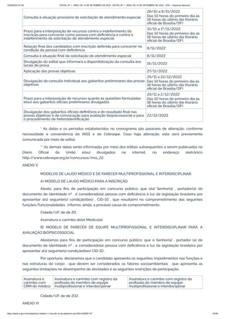 15/09/2022 07:48 EDITAL Nº 1 - INSS, DE 12 DE SETEMBRO DE 2022 - EDITAL Nº 1 - INSS, DE 12 DE SETEMBRO DE 2022 - DOU - Imprensa Nacional
https://www.in.gov.br/en/web/dou/-/edital-n-1-inss-de-12-de-setembro-de-2022-429587147 34/39
Consulta à situação provisória da solicitação de atendimento especial
28/10 a 8/11/2022
Das 10 horas do primeiro dia às
18 horas do último dia (horário
oficial de Brasília/DF)
Prazo para a interposição de recursos contra o indeferimento da
inscrição para concorrer como pessoa com deficiência e contra o
indeferimento da solicitação de atendimento especial
31/10 a 1º/11/2022
Das 10 horas do primeiro dia às
18 horas do último dia (horário
oficial de Brasília/DF)
Relação final dos candidatos com inscrição deferida para concorrer na
condição de pessoa com deficiência 8/11/2022
Consulta à situação final da solicitação de atendimento especial 8/11/2022
Divulgação do edital que informará a disponibilização da consulta aos
locais de prova 16/11/2022
Aplicação das provas objetivas 27/11/2022
Divulgação da consulta individual aos gabaritos preliminares das provas
objetivas
29/11 a 22/12/2022
Das 19 horas do primeiro dia às
18 horas do último dia (horário
oficial de Brasília/DF)
Prazo para a interposição de recursos quanto às questões formuladas
e(ou) aos gabaritos oficiais preliminares divulgados
29/11 a 2/12/2022
Das 10 horas do primeiro dia às
18 horas do último dia (horário
oficial de Brasília/DF)
Divulgação dos gabaritos oficiais definitivos e do resultado final nas
provas objetivas e de convocação para avaliação biopsicossocial e para
o procedimento de heteroidentificação
22/12/2022
* As datas e os períodos estabelecidos no cronograma são passíveis de alteração, conforme
necessidade e conveniência do INSS e do Cebraspe. Caso haja alteração, esta será previamente
comunicada por meio de edital.
** As demais datas serão informadas por meio dos editais subsequentes a serem publicados no
Diário Oficial da União e(ou) divulgados na internet, no endereço eletrônico
http:/
/www.cebraspe.org.br/concursos/inss_22.
ANEXO V
MODELOS DE LAUDO MÉDICO E DE PARECER MULTIPROFISSIONAL E INTERDISCIPLINAR
A) MODELO DE LAUDO MÉDICO PARA A INSCRIÇÃO
Atesto, para fins de participação em concurso público, que o(a) Senhor(a) , portador(a) do
documento de identidade nº , é considerado(a) pessoa com deficiência à luz da legislação brasileira por
apresentar a(s) seguinte(s) condição(ões) , CID-10 , que resulta(m) no comprometimento das seguintes
funções/funcionalidades . Informo, ainda, a provável causa do comprometimento .
Cidade/UF, de de 20 .
Assinatura e carimbo do(a) Médico(a)
B) MODELO DE PARECER DE EQUIPE MULTIPROFISSIONAL E INTERDISCIPLINAR PARA A
AVALIAÇÃO BIOPSICOSSOCIAL
Atestamos para fins de participação em concurso público, que o Senhor(a) , portador (a) do
documento de identidade nº , e considerado(a) pessoa com deficiência à luz da legislação brasileira por
apresentar a(s) seguinte(s) condição(ões) CID-10 .
Por oportuno, declaramos que o candidato apresenta os seguintes impedimentos nas funções e
nas estruturas do corpo ; que devem ser considerados os fatores socioambientais ; que apresenta as
seguintes limitações no desempenho de atividades e as seguintes restrições de participação .
Assinatura e
carimbo com
CRM do médico
Assinatura e carimbo com registro da
profissão do membro de equipe
multiprofissional e interdisciplinar
Assinatura e carimbo com registro da
profissão do membro de equipe
multiprofissional e interdisciplinar
Cidade/UF, de de 202 .
ANEXO VI
 