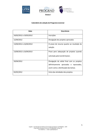 Anexo I



                       Calendário de seleção do Programa Licenciar



                  Data                                                            Ocorrência

24/02/2012 a 19/03/2012                                  Inscrições

12/04/2012                                               Divulgação dos projetos aprovados

13/04/2012 a 16/04/2012                                  O prazo de recurso quanto ao resultado da
                                                         seleção.

13/04/2012 a 16/04/2012                                  Prazo para adequação de projetos quando

                                                         solicitado pelo Comitê Gestor.


20/04/2012                                               Divulgação do edital final com os projetos
                                                         definitivamente aprovados e reprovados,
                                                         assim como a distribuição das bolsas.

02/05/2012                                               Início das atividades dos projetos.




                                                                                                  5
                  Copefor – Coordenação de Políticas de Formação do Professor da PROGRAD - UFPR
                            Praça Santos Andrade, 50, térreo, CEP 80020300, Curitiba, PR.
                                     Tel: 33102712 / Email: copefor@ufpr.br
 