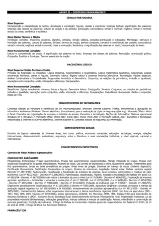 ANEXO II – CONTEÚDO PROGRAMÁTICO
LÍNGUA PORTUGUESA
Nível Superior
Compreensão e interpretação de textos; denotação e conotação; figuras; coesão e coerência; tipologia textual; significação das palavras;
emprego das classes de palavras; sintaxe da oração e do período; pontuação; concordância verbal e nominal; regência verbal e nominal;
estudo da crase; semântica e estilística.
Nível Médio Técnico e Médio
Fonologia: conceito, encontros vocálicos, dígrafos, ortoépia, divisão silábica, prosódia-acentuação e ortografia; Morfologia: estrutura e
formação das palavras, classes de palavras; Sintaxe: termos da oração, período composto, conceito e classificação das orações, concordância
verbal e nominal, regência verbal e nominal, crase e pontuação; Semântica: a significação das palavras no texto; Interpretação de texto.
Nível Fundamental Completo
Leitura e compreensão de textos. A significação das palavras no texto. Emprego das classes de palavras. Pontuação. Acentuação gráfica.
Ortografia. Fonética e fonologia. Termos essenciais da oração.
RACIOCÍNIO LÓGICO
Nível Superior Médio Técnico e Médio
Princípio da Regressão ou Reversão. Lógica Dedutiva, Argumentativa e Quantitativa. Lógica matemática qualitativa, Sequências Lógicas
envolvendo Números, Letras e Figuras. Geometria básica. Álgebra básica e sistemas lineares.Calendários. Numeração. Razões Especiais.
Análise Combinatória e Probabilidade. Progressões Aritmética e Geométrica. Conjuntos; as relações de pertinência, inclusão e igualdade;
operações entre conjuntos, união, interseção e diferença. Comparações.
Nível Fundamental Completo
Sequências Lógicas envolvendo números, letras e figuras. Geometria básica. Criptografia. Simetria. Conjuntos; as relações de pertinência,
inclusão e igualdade; operações entre conjuntos, união, interseção e diferença. Comparações. Calendários. Numeração. Razão e proporção.
Regra de Três.
CONHECIMENTOS DE INFORMÁTICA
Conceitos básicos do hardware e periféricos de um microcomputador. Browsers Internet Explorer, Firefox. Ferramentas e aplicações de
informática. Ambientes Windows. Correio eletrônico. Procedimento para a realização de cópia de segurança (backup). Microsoft Office - Word
e Excel. Conceitos de organização de arquivos e métodos de acesso. Conceitos e tecnologias. Noções de Informática: Sistema operacional
Windows XP e Windows 7. Microsoft Office: Word 2007, Excel 2007, Power Point 2007 e Microsoft Outlook 2007. Conceitos e tecnologias
relacionados à Internet e a Correio Eletrônico. Internet Explorer 8. Conceitos básicos de segurança da informação.
CONHECIMENTOS GERAIS
Domínio de tópicos relevantes de diversas áreas, tais como: política, economia, sociedade, educação, tecnologia, energia, relações
internacionais, desenvolvimento sustentável, segurança, artes e literatura e suas vinculações históricas, a nível regional, nacional e
internacional.
CONHECIMENTOS ESPECÍFICOS
Carreira de Fiscal Federal Agropecuário
ENGENHEIRO AGRÔNOMO
Fitopatologia. Entomologia. Pragas quarentenárias. Pragas não quarentenárias regulamentadas. Manejo integrado de pragas. Pragas com
exigências fitossanitárias de países importadores. Análises de riscos. Uso correto de agrotóxicos e afins. Quarentena vegetal. Tratamentos para
fins quarentenários. Áreas de baixa prevalência de pragas. Áreas livres de pragas. Sistemas de manejo de riscos (Sistema Approach).
Certificação fitossanitária. Certificação fitossanitária de origem. Direitos de obtentores. Legislação federal sobre: Defesa sanitária vegetal
(Decreto nº 24114/34); Padronização, classificação e fiscalização de produtos de vegetais, seus produtos, subprodutos e resíduos de valor
econômico (Lei nº 9972/2000 - Decreto nº 6.268/2007); Padronização, classificação, registro, inspeção e fiscalização de bebidas em geral (Lei
nº 8918/94 - Decreto nº 6871/2009) e de vinhos e derivados da uva e vinho (Lei nº 7678/88 - Decreto nº 99066/90); Fiscalização de insumos
agrícolas: agrotóxicos - fertilizantes - sementes e mudas (Lei nº Lei nº 7802/89 - Lei nº 10711/2003 - Lei nº 6894/80 - Decreto nº 4954/2004
- Decreto nº 4074/2002 - Decreto nº 5981/2006 - Decreto nº 5153/2004); Proteção de Cultivares (Lei nº 9456/97 - Decreto nº 2366/97);
Organismos geneticamente modificados (Lei nº 11105/2005) e Decreto nº 5591/2005. Agricultura Orgânica: conceitos, princípios e manejo da
produção vegetal orgânica (Lei nº 10831/2003 e IN 64/2008). Armazenamento de produtos agropecuários (Lei nº 9973/2000 - Decreto nº
3855/2001). Conhecimentos básicos sobre organismos internacionais e blocos econômicos regionais (OMC com foco na agricultura (SPS TBT), FAO, OMS, CIPV (Decreto nº 5759/2006), Codex Alimentarius, COSAVE, EU, Mercosul, OMPI, CDB, Tratado FAO para Intercâmbio de
Recursos Genéticos e UPOV). Economia Rural. Sociologia Rural. Desenvolvimento territorial. Planejamento rural. Propriedade intelectual. Lei da
propriedade industrial (Biotecnologia, indicações geográficas, marcas coletivas e marcas de certificação. Acesso, intercâmbio e conservação de
recursos genéticos). Proteção de cultivares. Código de Defesa do Consumidor. Noções gerais de cooperativismo. Lei Federal nº 8.027, de 12
de abril de 1990 – Código de Ética dos Servidores Públicos.
FARMACÊUTICO

17

 