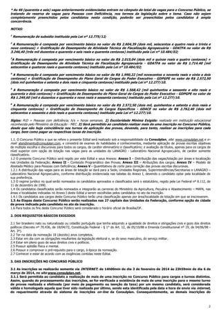 * As 46 (quarenta e seis) vagas anteriormente evidenciadas entram no cômputo do total de vagas para o Concurso Público, se
tratando de reserva de vagas para Pessoas com Deficiência, nos termos da legislação sobre o tema. Caso não sejam
completamente preenchidas pelos candidatos nesta condição, poderão ser preenchidas pelos candidatos à ampla
concorrência.
NOTAS:
1

Remuneração de subsídio instituída pela Lei nº 12.775/12;

2

A Remuneração é composta por vencimento básico no valor de R$ 2.604,39 (dois mil, seiscentos e quatro reais e trinta e
nove centavos) + Gratificação de Desempenho de Atividade Técnica de Fiscalização Agropecuária - GDATFA no valor de R$
3.246,40 (três mil duzentos e quarenta e seis reais e quarenta centavos) instituído pela Lei nº 10.484/02;
3

A Remuneração é composta por vencimento básico no valor de R$ 2.015,04 (dois mil e quinze reais e quatro centavos) +
Gratificação de Desempenho de Atividade Técnica de Fiscalização Agropecuária - GDATFA no valor de R$ 1.714.40 (mil
setecentos e quatorze reais e quarenta centavos) instituído pela Lei nº 10.484/02;
4

A Remuneração é composta por vencimento básico no valor de R$ 1.990,22 (mil novecentos e noventa reais e vinte e dois
centavos) + Gratificação de Desempenho do Plano Geral de Cargos do Poder Executivo - GDPGPE no valor de R$ 2.572,50
(dois mil quinhentos e setenta e dois reais e cinquenta centavos) instituído pela Lei nº 12.277/10.
5

A Remuneração é composta por vencimento básico no valor de R$ 1.568,42 (mil quinhentos e sessenta e oito reais e
quarenta e dois centavos) + Gratificação de Desempenho do Plano Geral de Cargos do Poder Executivo - GDPGPE no valor de
R$ 1.249,60 (mil e duzentos e quarenta e nove reais e sessenta centavos) instituído pela Lei nº 12.277/10.
6

A Remuneração é composta por vencimento básico no valor de R$ 2.572,50 (dois mil, quinhentos e setenta e dois reais e
cinquenta centavos) + Gratificação de Desempenho de Cargos Específicos - GDACE no valor de R$ 2.762,40 (dois mil
setecentos e sessenta e dois reais e quarenta centavos) instituído pela Lei nº 12.277/10.
Siglas: PcD = Pessoas com deficiência; h/s = horas semanais. 2) Escolaridade Mínima Exigida: realizada em instituição educacional
reconhecida pelo Ministério da Educação - MEC. 3) Será permitido ao candidato realizar mais de uma inscrição no Concurso Público,
desde que não haja coincidência nos turnos de aplicação das provas, devendo, para tanto, realizar as inscrições para cada
cargo, bem como pagar as respectivas taxas de inscrição.
1.1. O Concurso Público a que se refere o presente Edital será realizado sob a responsabilidade da Consulplan, site: www.consulplan.net e e–
mail: atendimento@consulplan.com, e consistirá de exames de habilidades e conhecimentos, mediante aplicação de provas escritas objetivas
de múltipla escolha e discursivas para todos os cargos, de caráter eliminatório e classificatório; e avaliação de títulos, apenas para os cargos de
nível superior com opção de lotação nas vagas para as unidades do LANAGRO - Laboratório Nacional Agropecuário, de caráter somente
classificatório.
1.2 O presente Concurso Público será regido por este Edital e seus Anexos: Anexo I – Distribuição das vagas/lotação por áreas e localização
nas Unidades da Federação; Anexo II – Conteúdo Programático das Provas; Anexo III – Atribuições dos cargos; Anexo IV – Modelo de
Atestado Médico para Pessoas com Deficiência; Anexo V - Quantitativos de corte para correção das provas escritas discursivas.
1.2.1 A distribuição das vagas para as áreas de lotação se dará para a Sede, Unidades Regionais, Superintendências/Secretarias e LANAGRO –
Laboratório Nacional Agropecuário, conforme distribuição evidenciada nas tabelas do Anexo I, devendo o candidato optar pela localidade de
sua preferência.
1.3 O regime jurídico no qual serão nomeados os candidatos aprovados e classificados será o estatutário, regido pela Lei Federal nº 8.112, de
11 de dezembro de 1990.
1.4 Os candidatos classificados serão nomeados e integrarão as carreiras do Ministério da Agricultura, Pecuária e Abastecimento – MAPA, nas
áreas e localidades indicadas no Anexo I deste Edital a serem escolhidas pelos candidatos no ato da inscrição.
1.4.1 Os candidatos aos cargos deste Concurso Público terão uma classificação apenas por área/localidade de lotação em que se inscreverem.
1.5 As Etapas deste Concurso Público serão realizadas nas 27 capitais das Unidades da Federação, conforme opção de cidade
de prova indicada pelo candidato no ato da inscrição.
1.6 Para todos os fins deste Concurso Público será considerado o horário oficial de Brasília/DF.
2. DOS REQUISITOS BÁSICOS EXIGIDOS
2.1 Ser brasileiro nato ou naturalizado ou cidadão português que tenha adquirido a igualdade de direitos e obrigações civis e gozo dos direitos
políticos (Decreto nº 70.436, de 18/04/72, Constituição Federal - § 1° do Art. 12, de 05/10/88 e Emenda Constitucional nº 19, de 04/06/98 Art. 3º).
2.2 Ter na data da nomeação 18 (dezoito) anos completos.
2.3 Estar em dia com as obrigações resultantes da legislação eleitoral e, se do sexo masculino, do serviço militar.
2.4 Estar em pleno gozo de seus direitos civis e políticos.
2.5 Possuir aptidão física e mental.
2.6 Possuir e comprovar o pré-requisito para o cargo, à época da nomeação.
2.7 Conhecer e estar de acordo com as exigências contidas neste Edital.
3. DAS INSCRIÇÕES NO CONCURSO PÚBLICO
3.1 As inscrições se realizarão somente via INTERNET: de 14h00min do dia 3 de fevereiro de 2014 às 23h59min do dia 6 de
março de 2014, no site www.consulplan.net.
3.1.1 Será permitida ao candidato a realização de mais de uma inscrição no Concurso Público para cargos e turnos distintos.
Assim, quando do processamento das inscrições, se for verificada a existência de mais de uma inscrição para o mesmo turno
de provas realizada e efetivada (por meio de pagamento ou isenção da taxa) por um mesmo candidato, será considerada
válida e homologada aquela que tiver sido realizada por último, sendo esta identificada pela data e hora de envio via internet,
do requerimento através do sistema de inscrições on-line da Consulplan. Consequentemente, as demais inscrições do

2

 