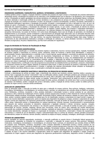 ANEXO III – ATRIBUIÇÕES SINTÉTICAS DOS CARGOS
Carreira de Fiscal Federal Agropecuário
ENGENHEIRO AGRÔNOMO, FARMACÊUTICO, QUÍMICO, VETERINÁRIO e ZOOTECNISTA
A defesa sanitária animal e vegetal; a inspeção industrial e sanitária dos produtos de origem animal e a fiscalização dos produtos destinados à
alimentação animal; a fiscalização de produtos de uso veterinário e dos estabelecimentos que os fabricam e de agrotóxicos, seus componentes
e afins; a fiscalização do registro genealógico dos animais domésticos, da realização de provas zootécnicas, das atividades hípicas e turfísticas,
do sêmen destinado à inseminação artificial em animais domésticos e dos prestadores de serviços de reprodução animal; a fiscalização e
inspeção da produção e do comércio de sementes e mudas e da produção e comércio de fertilizantes, corretivos, inoculantes, estimulantes ou
biofertilizantes destinados à agricultura; a fiscalização da produção, circulação e comercialização do vinho e derivados do vinho, da uva e de
bebidas em geral; a fiscalização e o controle da classificação de produtos vegetais e animais, subprodutos e resíduos de valor econômico e
elaboração dos respectivos padrões; a fiscalização das atividades de aviação agrícola, no que couber; a fiscalização do trânsito de animais
vivos, seus produtos e subprodutos destinados a quaisquer fins, de vegetais e partes vegetais, seus produtos e subprodutos destinados a
quaisquer fins, de insumos destinados ao uso na agropecuária e de materiais biológicos de interesse agrícola ou veterinário, nos portos e
aeroportos internacionais, nos postos de fronteira e em outros locais alfandegados; lavrar auto de infração, de apreensão e de interdição de
estabelecimentos ou de produtos, quando constatarem o descumprimento de obrigação legal relacionada com as atribuições descritas neste
artigo; assessorar tecnicamente o governo, quando requisitado, na elaboração de acordos, tratados e convenções com governos estrangeiros e
organismos internacionais, dos quais o País seja membro, nos assuntos relacionados com as atribuições fixadas neste artigo; fiscalizar o
cumprimento de atos administrativos destinados à proteção e certificação de cultivares; as demais atividades inerentes à competência do
Ministério da Agricultura, Pecuária e Abastecimento, que lhes forem atribuídas em regulamento.
Cargos de Atividades de Técnicas da Fiscalização do Mapa
AGENTE DE ATIVIDADES AGROPECUÁRIAS
Inspeção, fiscalização, classificação e o controle dos produtos vegetais e subprodutos, insumos e serviços agropecuários; inspeção, fiscalização
de produtos vegetais e subprodutos no comércio, portos, aeroportos, postos de fronteiras e demais locais alfandegados; a pesquisa, a
experimentação, fomento, desenvolvimento e a extensão rural e o ensino agrícola, quando aplicável; a promoção da segurança dos alimentos,
da saúde animal e da sanidade vegetal; a emissão de documentos indispensáveis ao trânsito, no território nacional, de produtos
agropecuários; a participação, em supervisão técnico-fiscal, das atribuições relacionadas ao cargo, nos estabelecimentos que beneficiam,
produzem, industrializam, armazenam ou comercializam produtos vegetais; a elaboração de estudos de viabilidade técnica, avaliações e
vistorias com vistas à implantação de projetos agropecuários; a fiscalização dos estabelecimentos credenciados pelo Ministério da Agricultura,
Pecuária e Abastecimento; a verificação in loco dos programas de autocontrole nos estabelecimentos que beneficiam, produzem, industrializam
ou armazenam produtos de origem vegetal, adotando as respectivas ações fiscais; a coleta de amostras de produtos e subprodutos de origem
vegetal, insumos, seu preparo, acondicionamento e remessa; A operação dos sistemas informatizados oficiais utilizados na fiscalização e
demais trabalhos burocráticos afeitos ao cargo; a coordenação e orientação das equipes auxiliares.
AISIPOA - AGENTE DE INSPEÇÃO SANITÁRIA E INDUSTRIAL DE PRODUTOS DE ORIGEM ANIMAL
Controlar o desembarque de animais ao abate; vigiar a desinfecção dos veículos que conduzem animais; identificar lesões e parasitas nos
animais; fazer a separação dos animais “antemortem”; fazer as notificações cabíveis; expedir certificados sanitários para embarque de animais
vivos; manter vigilância sobre a higiene dos estabelecimentos de carnes, leite e derivados; fazer verificações de rações; fiscalizar a fabricação
e conservação dos produtos de origem animal; auxiliar na inspeção “antemortem” para conhecimento da saúde do animal a ser abatido;
auxiliar na inspeção do leite e derivados, quanto a determinação de acidez, gordura, densidade e de extrato seco; fazer a prova da paraxidase,
da redutase e de fosfatose; auxiliar a inspeção das carnes e derivados; auxiliar a inspeção de animais mortos; auxiliar na análise química de
produtos de origem animal; e executar tarefas semelhantes.
AUXILIAR DE LABORATÓRIO
Entre as atribuições estão: a execução de tarefas de apoio para a realização de ensaios químicos, físico-químicos, biológicos, moleculares,
imunológicos, bromatológicos e microbiológicos, em amostras fiscais e periciais, em atendimento aos controles oficiais do MAPA em produtos
como: fertilizantes, corretivos, inoculantes e afins; produtos destinados à alimentação humana e animal; produtos de uso veterinário;
agrotóxicos e afins; material de multiplicação animal e vegetal; produtos agropecuários inseridos no Plano Nacional de Controle de Resíduos e
Contaminantes; bebidas alcoólicas, fermentadas, destiladas, fermentados acéticos, bebidas não alcoólicas e bebidas em geral; grãos, farinhas,
óleos, azeites e produtos vegetais submetidos às análises para fins de classificação; produtos e subprodutos de origem animal e vegetal, da
água e dos insumos destinados à agropecuária; partes de vegetais para diagnóstico de patógenos e pragas; produtos e subprodutos de origem
vegetal e animal para diagnóstico de organismos geneticamente modificados. Execução de tarefas de apoio para produção e manutenção de
cultivo celular; tratamentos prévios e complementares de resíduos laboratoriais, incluindo manuseio, acondicionamento e encaminhamento
para descarte dos resíduos produzidos no laboratório, obedecendo a legislação ambiental e demais normativas vigentes; recepção,
identificação, preparo, armazenamento das amostras e seu descarte quando autorizado; a execução de tarefas de apoio para o preparo e
padronização de insumos, soluções, reagentes, lâminas para microscopia, meios de cultura, para realização dos ensaios laboratoriais;
manutenção das condições de assepsia e esterilização de materiais; realização de tratamento e avaliação da qualidade da água a ser utilizada
nos ensaios laboratoriais; realização da limpeza e a organização de bancadas e do laboratório; conservação e limpeza dos equipamentos,
instrumentos e o material de uso do laboratório; limpeza e descontaminação física ou química de vidrarias e demais utensílios provenientes
dos laboratórios; preparo de vidrarias e demais utensílios, realizando as etapas de limpeza, avaliação, embalagem, identificação e esterilização.
TÉCNICO DE LABORATÓRIO
Exercer atividades de natureza especializada, envolvendo: a execução qualificada no suporte técnico à fiscalização federal agropecuária,
compreendendo, respeitadas as limitações de competência e supervisão, a realização de ensaios químicos, físico-químicos, biológicos,
moleculares, imunológicos, bromatológicos e microbiológicos, em amostras fiscais e periciais, em atendimento aos controles oficiais do MAPA
em produtos como: fertilizantes, corretivos, inoculantes e afins; produtos destinados à alimentação humana e animal; produtos de uso
veterinário; agrotóxicos e afins; material de multiplicação animal e vegetal; produtos agropecuários inseridos no Plano Nacional de Controle de
Resíduos e Contaminantes; bebidas alcoólicas, fermentadas, destiladas, fermentados acéticos, bebidas não alcoólicas e bebidas em geral;
grãos, farinhas, óleos, azeites e produtos vegetais submetidos às análises para fins de classificação; produtos e subprodutos de origem animal
e vegetal, da água e dos insumos destinados à agropecuária; partes de vegetais para diagnóstico de patógenos e pragas; produtos e
subprodutos de origem vegetal e animal para diagnóstico de organismos geneticamente modificados; diagnóstico animal. A realização das
23

 