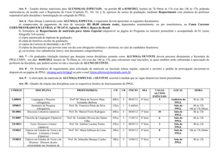 Art. 5 – Estarão abertas matrículas para ALUNOS(AS) ESPECIAIS, no período 02 a 03/05/2012, horário de 7h:30min às 11h e/ou das 14h às 17h, podendo
matricular-se, de acordo com o Regimento do Curso (Capítulo IV, Art. 16, § 4), egressos de cursos de graduação, mediante Requerimento com anuência do professor
responsável pela disciplina e homologação do colegiado do PPGL.
     Art. 6 - Para efetuar a matrícula como ALUNO(A) ESPECIAL o requerente deverá apresentar os seguintes documentos:
     a) comprovante de pagamento da taxa de inscrição R$ 80,00 (oitenta reais), depositados nominalmente, ou por transferência, na Conta Corrente
UERN/MESTRADO EM LETRAS, nº 59.147-5, Agência: 0036-1, Banco do Brasil;
     b) formulário de Requerimento de matrícula para Aluno Especial (disponível na página do Programa na internet) preenchido e acompanhado de 01 (uma)
     fotografia 3x4 recente;
     c) cópia autenticada do diploma de graduação;
     d) cópia do histórico escolar da graduação;
     e) cópias da Carteira de Identidade e do CPF;
     f) cópias de documentos que provem estar em dia com obrigações militares e eleitorais, no caso de candidatos brasileiros;
     g) curriculum vitae (plataforma lattes), sem documentos comprobatórios.
        Art. 7 - Os graduados (titulação mínima) que desejam cursar disciplinas somente como ALUNO(A) OUVINTE devem procurar diretamente a Secretaria do
PPGL/UERN, nos dias 04/05/2012, horário de 7h:30min às 11h e/ou das 14h às 17h, para solicitarem suas inscrições, as quais também serão submetidas à apreciação do
professor da disciplina, que poderá aceitar ou não a inscrição de ALUNO OUVINTE.
        Art. 8 – Os formulários de requerimento para solicitação de matrícula ou inscrição (aluno regular, especial e ouvinte) e pedido de prorrogação encontram-se
disponíveis na página do PPGL: propeg.uern.br/ppgl ou pelo e-mail letras.pferros@mestrado.uern.br.

       Art. 9 – A efetivação da matrícula de ALUNO(A) ESPECIAL e OUVINTE ocorrerá à medida que as vagas disponíveis forem preenchidas.
       Art. 10 – Quadro da relação das disciplinas com os respectivos horário de funcionamento do PPGL.

 CÓDIGO               DISCIPLINA                         PROFESSOR(ES)                   CH      CR   INICIO       DIA        VAGAS        LOCAL            HORA
                                                                                                                              ALUNOS
                                                                                                                             ESPECIAIS
  LD0810         Linguagem e Discurso             Profª Drª Maria do Socorro Maia        60h/a   4    09/05/12    4ª feira       5       Auditório do      8h às 12h
                      (obrigatória)                      Fernandes Barbosa                                                                 PPGL
  SP0815         Seminário de Pesquisa            Prof. Dr. Francisco Paulo da Silva     15h/a   1    A definir      -           -         Sala do          8h às 12h
                      (obrigatória)                                                                                                        PPGL         14h às 17h:20min
  DL0803      Discursos Literários (optativa)    Prof. Dr. Manoel Freire Rodrigues       60h/a   4    08/05/12    3ª feira      10         Sala do          8h às 12h
                                                                                                                                           PPGL
  FL0809    Filosofia da Linguagem (Optativa)   Prof. Dr. Ivanaldo Oliveira dos Santos   45h/a   3    11/05/12    6ª feira       6         Sala do         8h às 12h
                                                                 Filho                                                                     PPGL
 TD 0821        Texto, Discurso e Ensino          Prof. Dr. Antônio Luciano Pontes       45h/a   3    08/05/12    3ª feira       2         Sala do         8h às 12h
                        (optativa)                                                                                                         PPGL
  TE0823    Tópicos em Estudos do Texto e do     Profª. Drª. Maria Edileuza da Costa     30h/a   2    09/05/12    4ª feira       8         Sala do      14h às 17h:20min
              Discurso: Literatura e Ensino                                                                                                PPGL
                       (Optativa)
  TE0824    Tópicos em Estudos do Texto e do     Prof. Dr. Sebastião Marques Cardos      30h/a   2    14/06/12    5ª feira       4         Sala do         8h às 12h
               Discurso: Discurso da pós-                                                                                                  PPGL
             colonialidade nas literaturas de
 