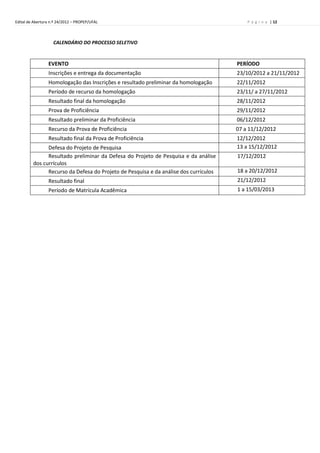 Edital de Abertura n.º 24/2012 – PROPEP/UFAL                                              P á g i n a | 12



                    CALENDÁRIO DO PROCESSO SELETIVO


                 EVENTO                                                               PERÍODO
                 Inscrições e entrega da documentação                                 23/10/2012 a 21/11/2012
                 Homologação das Inscrições e resultado preliminar da homologação     22/11/2012
                 Período de recurso da homologação                                    23/11/ a 27/11/2012
                 Resultado final da homologação                                       28/11/2012
                 Prova de Proficiência                                                29/11/2012
                 Resultado preliminar da Proficiência                                 06/12/2012
                 Recurso da Prova de Proficiência                                     07 a 11/12/2012
                 Resultado final da Prova de Proficiência                             12/12/2012
               Defesa do Projeto de Pesquisa                                          13 a 15/12/2012
               Resultado preliminar da Defesa do Projeto de Pesquisa e da análise     17/12/2012
         dos currículos
               Recurso da Defesa do Projeto de Pesquisa e da análise dos currículos   18 a 20/12/2012
                 Resultado final                                                      21/12/2012
                 Período de Matrícula Acadêmica                                       1 a 15/03/2013
 