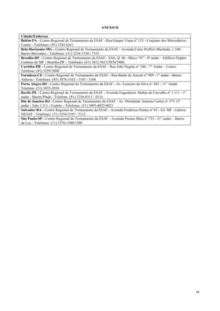 16
ANEXO II
Cidade/Endereço
Belém-PA - Centro Regional de Treinamento da ESAF - Rua Gaspar Viana nº 125 - Conjunto dos Mercedários –
Centro - Telefones: (91) 3242 6261
Belo Horizonte-MG - Centro Regional de Treinamento da ESAF - Avenida Celso Porfírio Machado, 1.100 -
Bairro Belvedere - Telefones: (31) 3254-7330 / 7335
Brasília-DF - Centro Regional de Treinamento da ESAF - SAS, Q. 06 - Bloco “O” - 8ª andar – Edifício Órgãos
Centrais do MF - Brasília-DF - Telefones: (61) 3412-5813/5854/5800
Curitiba-PR - Centro Regional de Treinamento da ESAF - Rua João Negrão n° 246 - 7° Andar – Centro
Telefone: (41) 3259-5800
Fortaleza-CE - Centro Regional de Treinamento da ESAF - Rua Barão de Aracati nº 909 - 1º andar - Bairro
Aldeota - Telefones: (85) 3878-3102 / 3103 / 3104
Porto Alegre-RS - Centro Regional de Treinamento da ESAF - Av. Loureiro da Silva n° 445 - 11° Andar
Telefone: (51) 3455-2054
Recife-PE - Centro Regional de Treinamento da ESAF - Avenida Engenheiro Abdias de Carvalho nº 1.111 - 1º
andar - Bairro Prado - Telefone: (81) 3236-8313 / 8314
Rio de Janeiro-RJ - Centro Regional de Treinamento da ESAF - Av. Presidente Antonio Carlos nº 375 12º
andar - Sala 1.211 - Castelo - Telefones: (21) 3805-4022/4023
Salvador-BA - Centro Regional de Treinamento da ESAF - Avenida Frederico Pontes nº 03 - Ed. MF - Galeria
NESAF - Telefones: (71) 3254-5107 / 5112
São Paulo-SP - Centro Regional de Treinamento da ESAF - Avenida Prestes Maia nº 733 - 21º andar – Bairro
da Luz - Telefones: (11) 3376-1500/1509
 