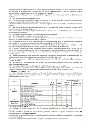 6
candidato irá sentar-se. Demais pertences, se houver, deverão ser entregues aos fiscais de sala e ficarão à vista durante
todo o período de permanência dos candidatos em sala, não se responsabilizando a ESAF por perdas ou extravios
ocorridos durante a realização das provas, nem por danos neles causados.
8.23.1 - O aparelho celular permanecerá desligado desde sua guarda no saco plástico até a saída do candidato do recinto
de provas.
8.24 - Não haverá segunda chamada para as provas.
8.25 - Em nenhuma hipótese o candidato poderá prestar provas fora da data, do horário estabelecido para fechamento
dos portões, da cidade, do local e do espaço físico predeterminados.
8.26- Os candidatos somente poderão ausentar-se do recinto de provas, depois de decorrida 1 (uma) hora do início das
mesmas.
8.27 - Não será permitido, em nenhuma hipótese, o ingresso ou a permanência de pessoas estranhas ao processo seletivo
no estabelecimento de aplicação das provas.
8.28 - Os candidatos com cabelos longos deverão mantê-los presos desde a sua identificação até a sua retirada do
recinto de aplicação de provas.
8.29 - Poderá haver revista pessoal por meio da utilização de detector de metais.
8.30 - Não será permitido ao candidato fumar em sala de provas.
8.31 - Se as provas forem aplicadas com gabaritos diferentes, o candidato deverá sentar-se em carteira com a mesma
numeração de gabarito constante do seu Cartão de Respostas.
8.31.1 - Da mesma forma, é de inteira responsabilidade do candidato verificar, antes de iniciada a prova, se o caderno
de provas que lhe foi entregue tem a mesma numeração constante do seu Cartão de Respostas.
8.32 - Somente serão permitidos assinalamentos nos Cartões de Respostas feitos pelo próprio candidato, vedada
qualquer colaboração ou participação de terceiros, respeitado o contido na letra “b” do subitem 7.2.
8.33 - Durante a realização das provas, o candidato deverá transcrever, como medida de segurança, à mão, em letra
legível, com caneta esferográfica de tinta azul ou preta, fabricada em material transparente, um texto apresentado, para
posterior exame grafológico e confirmação de sua identificação, não sendo permitida a interferência e/ou a participação
de outras pessoas.
8.34 - Somente durante os 30 (trinta) minutos que antecederem o término das provas, poderão os candidatos copiar seus
assinalamentos feitos no Cartão de Respostas, em papel próprio, fornecido pela ESAF.
8.35 - Ao terminar a prova, o candidato entregará obrigatoriamente ao Fiscal de Sala o seu Cartão de Respostas e o seu
Caderno de Prova.
8.36 - Na correção do Cartão de Respostas, será atribuída nota zero à questão com mais de uma opção assinalada, sem
opção assinalada ou com rasura.
8.37 - Em nenhuma hipótese haverá substituição do Cartão de Respostas por erro do candidato.
8.38 - O candidato não poderá amassar, molhar, dobrar, rasgar ou, de qualquer modo, danificar o seu Cartão de
Respostas, sob pena de arcar com os prejuízos advindos da impossibilidade de realização da leitura óptica.
9 - DAS PROVAS OBJETIVAS
9.1 - Serão aplicadas duas provas objetivas, sendo uma de Conhecimentos Básicos e outra de Conhecimentos
Específicos, eliminatórias no seu conjunto, relativas às disciplinas constantes do quadro a seguir, cujos programas
constam do Anexo I deste Edital:
Pontuação ponderada
Provas
Disciplinas
Nº de
questões
Pesos
Total de
pontos
Mínima no
conjunto das
provas 1 e 2
D1 - Língua Portuguesa 20 1,5 30
1 D2 - Língua Inglesa 7 1 7
(Conhecimentos D3- Tecnologia da Informação 6 1 6
Básicos) D4- Raciocino Lógico Quantitativo e
Conhecimentos de Estatística 7 1 7
D5- Conhecimentos de Direito Público 10 1,5 15 60
D6- Realidade Brasileira 20 1,25 25
TOTAL DA PROVA 1 70 90
2 D7 - Gestão Governamental 40 2 80
(Conhecimentos D8 – Economia 20 1 20
Específicos) D9 – Ciência Política 10 1 10
TOTAL DA PROVA 2 70 110
TOTAL GERAL DE PONTOS 200
9.2 - Legislação com entrada em vigor após a data de publicação deste Edital não será objeto de avaliação nas provas do
concurso.
9.3 - Será considerado aprovado nas provas objetivas, conforme estabelecido no quadro constante do subitem 9.1,
somente o candidato que, cumulativamente:
a) tenha obtido, no mínimo, 30% (trinta por cento) do somatório dos pontos ponderados correspondente ao conjunto das
provas objetivas 1 e 2; e
b) não tenha obtido nota zero em nenhuma das disciplinas que integram as provas objetivas 1 e 2.
 