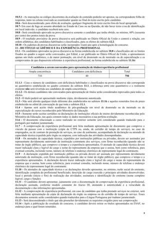 8
10.5.1 - As marcações ou códigos decorrentes da avaliação de conteúdo poderão ser apostos, na correspondente folha de
respostas, tanto na coluna reservada ao examinador quanto ao final do texto escrito pelo candidato.
10.6 - Será desconsiderado, para efeito de avaliação, qualquer fragmento de texto escrito fora do local apropriado.
10.7- Em caso de fuga ao assunto abordado no Estudo de Caso ou na Questão, de não haver texto e/ou de identificação
em local indevido, o candidato receberá nota zero.
10.8 - Será considerado aprovado na prova discursiva somente o candidato que tenha obtido, no mínimo, 60% (sessenta
por cento) dos pontos totais da prova.
10.9 - O resultado provisório da prova discursiva será publicado no Diário Oficial da União e conterá a relação, em
ordem alfabética, dos candidatos habilitados e classificados, para os efeitos do subitem 12.2.
10.10 - Os cadernos de provas discursivas serão incinerados 1(um) ano após a homologação do concurso.
11 - DO TÍTULO ACADÊMICO E DA EXPERIÊNCIA PROFISSIONAL
11.1 - Os candidatos aprovados na prova discursiva na forma estabelecida no subitem 10.8 e classificados até os limites
fixados no quadro a seguir serão convocados, por Edital, a ser publicado no Diário Oficial da União, a apresentarem
apenas um título acadêmico, o de maior pontuação, em nível de doutorado ou de mestrado ou de especialização e os
comprovantes de que dispuserem referentes à experiência profissional, na forma estabelecida no subitem 11.16:
Candidatos a serem convocados para apresentação de títulos/experiência profissional
Ampla concorrência Candidatos com deficiência Total
710 40 750
11.1.1 - Caso o número de candidatos com deficiência habilitados e classificados na prova discursiva não corresponda
ao quantitativo estabelecido no quadro constante do subitem 11.1, a diferença entre este quantitativo e o realmente
existente não será revertida aos candidatos de ampla concorrência.
11.1.2 - Os demais candidatos não convocados para apresentação de títulos serão considerados reprovados para todos os
efeitos.
11.2 - O título poderá ser apresentado mediante cópia, devidamente autenticada.
11.3 - Não será aferido qualquer título diferente dos estabelecidos no subitem 11.16 e aqueles remetidos fora do prazo
estabelecido no edital de convocação de que trata o subitem 11.1.
11.4 - Apenas será aceito título acadêmico de pós-graduação em nível de doutorado ou de mestrado ou de
especialização de cursos reconhecidos pelo Ministério da Educação.
11.5 - Somente serão aceitas certidões ou declarações de instituições oficiais de ensino devidamente reconhecidas pelo
Ministério da Educação, nas quais constem todos os dados necessários a sua perfeita avaliação.
11.6 - O documento relacionado a curso realizado no exterior somente será considerado quando traduzido para o
português por tradutor juramentado.
11.7 – A comprovação de experiência profissional será feita mediante apresentação de documento que comprove o
vínculo da pessoa com a instituição (cópia de CTPS ou, ainda, de certidão de tempo de serviço), no caso de
empregados, ou de contrato de prestação de serviços, no caso de autônomo, acompanhada de declaração ou atestado de
capacidade técnica expedido pelo órgão ou empresa, com indicação das atividades desempenhadas.
11.8 – Os atestados de capacidade técnica, expedidos por instituições públicas ou privadas, devem ser assinados por
representante devidamente autorizado da instituição contratante dos serviços, com firma reconhecida (quando não se
tratar de órgão público), que comprove o tempo e a experiência apresentados. O atestado de capacidade técnica deverá
trazer indicação clara e legível do cargo e nome do representante da empresa que o assina, bem como referência, para
eventual consulta, incluindo nome, número de telefone e endereço eletrônico do representante legal do contratante.
11.9 – A declaração expedida por instituição pública ou privada deverá ser assinada por representante devidamente
autorizado da instituição, com firma reconhecida (quando não se tratar de órgão público), que comprove o tempo e a
experiência apresentados. A declaração deverá trazer indicação clara e legível do cargo e nome do representante da
empresa que o assina, bem como referência, para eventual consulta, incluindo nome, número de telefone e endereço
eletrônico do representante legal do contratante.
11.10 - Os atestados de capacidade técnica e as declarações deverão apresentar, no mínimo, razão social do emitente;
identificação completa do profissional beneficiado; descrição do cargo exercido e principais atividades desenvolvidas;
local e período (início e fim) de realização das atividades; assinatura e identificação do emitente (nome completo
legível, cargo e função).
11.11 – O candidato deverá apresentar, juntamente com a documentação de comprovação da experiência profissional,
declaração assinada, conforme modelo constante do Anexo III, atestando a autenticidade e a veracidade da
documentação e das informações apresentadas.
11.12 - A comprovação de experiência profissional, em caso de candidato que tenha prestado serviços no exterior, será
feita mediante apresentação de cópia de declaração do órgão ou empresa ou de certidão de tempo de serviço. Esses
documentos somente serão considerados quando traduzidos para a Língua Portuguesa por tradutor juramentado.
11.13 - Será desconsiderado o título que não preencher devidamente os requisitos exigidos para sua comprovação.
11.14 - Após a publicação do resultado do concurso, o candidato deverá retirar os títulos apresentados na ESAF, no
endereço para o qual foram remetidos.
 