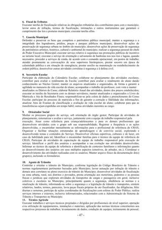 - 47 -
6. Fiscal de Tributos
Executar tarefas de fiscalização relativas às obrigações tributárias dos contribuintes para com o município;
lavrar autos de infração, termos de fiscalização, intimações e outros instrumentos que garantam o
cumprimento das leis e posturas municipais; executar tarefas afins.
7. Guarda Municipal
Defender e preservar os bens que compõem o patrimônio público municipal; manter a segurança e a
integridade dos logradouros, prédios, praças e parques públicos municipais; desenvolver ações de
preservação de segurança urbana no âmbito do município; desenvolver ações de preservação de segurança
de patrimônios artístico, histórico, cultural e ambiental do município; realizar a segurança pessoal do chefe
do Poder Executivo Municipal; executar serviço relativo à segurança nas promoções públicas de incentivo
ao turismo local; executar o serviço de orientação e salvamento de banhistas nos nos rios e lagoas, quando
necessário; proceder a serviços de ronda, de acordo com o comando operacional, em postos de trabalho;
atender prontamente as convocações de seus superiores hierárquicos; prestar socorro em época de
calamidade pública e em situação de emergência; prestar auxílio na manutenção ou restabelecimento da
ordem pública; desenvolver outras atividades correlatas à segurança e à defesa civil.
8. Secretário Escolar
Participar da elaboração do Calendário Escolar; colaborar no planejamento das atividades escolares;
contribuir para avaliar o rendimento da Escola; contribuir para avaliar o rendimento do aluno dando
conhecimento ao Núcleo Gestor; manter os arquivos atualizados e organizados, de forma a garantir a
agilidade no manuseio da vida escolar do aluno; acompanhar o trabalho do professor, com vista a manter
atualizados os Diários de Casse; elaborar Relatório Anual das atividades, dentro dos prazos estabelecidos;
executar as tarefas da Secretaria com os demais servidores; manter atualizados e organizados o Livro de
Matrícula e Ata de Resultados Finais; responsabilizar-se pela coleta de dados e preenchimento do Censo
Escolar; participar do processo de matrícula a fim de garantir a correção e fidelidade das informações;
atualizar Atos de Exames de classificação e avaliação de vida escolar do aluno; colaborar para que as
transferências sejam expedidas em tempo hábil; outras atividades inerentes ao cargo.
9. Orientador Social
Mediar os processos grupais do serviço, sob orientação do órgão gestor; Participar de atividades de
planejamento, sistematizar e avaliar o serviço, juntamente com a equipe de trabalho responsável pela
execução; Atuar como referência para criança/adolescentes e para os demais profissionais que
desenvolvem atividades com o grupo sob sua responsabilidade; Registrar a frequência e as ações
desenvolvidas, e encaminhar mensalmente as informações para o profissional de referência do CRAS;
Organizar e facilitar situações estruturadas de aprendizagem e de convívio social, explorando e
desenvolvendo temas e conteúdos do Serviço; Desenvolver oficinas esportivas, culturais e de lazer, em
caso de habilidade para tal; Identificar e encaminhar famílias para o técnico da equipe de referência do
CRAS; Participar de atividades de capacitação da equipe de trabalho responsável pela execução do
serviço; Identificar o perfil dos usuários e acompanhar a sua evolução nas atividades desenvolvidas;
Informar ao técnico da equipe de referência a identificação de contextos familiares e informações quanto
ao desenvolvimento dos usuários em seus múltiplos aspectos (emotivos, de atitudes, etc.); Coordenar o
desenvolvimento das atividades realizadas com os usuários; Manter arquivo físico da documentação do(s)
grupo(s), incluindo os formulários
10. Agente de Trânsito
Controlar e orientar o trânsito do Município, conforme legislação do Código Brasileiro de Trânsito e
normas regulamentares pertinentes baixadas pelo Município; lavrar autuação por infração de trânsito e
demais atos correlatos no pleno exercício de trânsito do Município; desenvolver atividades de fiscalização
na zona urbana, rural, nos distritos e povoados, presta orientação aos motoristas, pedestres e as pessoas
físicas e jurídicas que exploram atividades de transportes de cargas e passageiros em geral, inclusive
coletivos e escolares no Município, principalmente quanto a segurança, obediência as normas e a
sinalização de trânsito, informando-as sobre a segurança e a legislação de trânsito e transportes, emitem
relatórios, laudos, termos, pareceres, lavra peças fiscais próprias do ato fiscalizador, faz diligências, blitz
diurnas e noturnas, participa de ações coordenadas de fiscalizações com esferas de Poder Público, realiza
serviços internos e externos, inclusive informatizados, relacionados com a Administração do Sistema de
Trânsito e Transportes no Município.
11. Técnico Agrícola
Executar trabalhos e serviços técnicos projetados e dirigidos por profissionais de nível superior; operação
e/ou utilização de equipamentos, instalações e materiais; aplicação das normas técnicas concernentes aos
respectivos processos de trabalhos; levantamento de dados; condução de equipes; treinamento de pessoal;
 