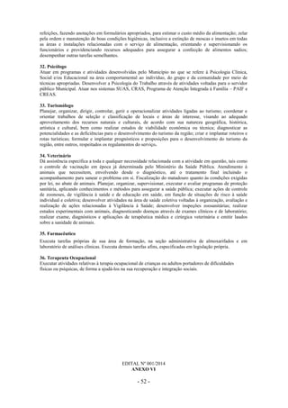 - 52 -
refeições, fazendo anotações em formulários apropriados, para estimar o custo médio da alimentação; zelar
pela ordem e manutenção de boas condições higiênicas, inclusive a extinção de moscas e insetos em todas
as áreas e instalações relacionadas com o serviço de alimentação, orientando e supervisionando os
funcionários e providenciando recursos adequados para assegurar a confecção de alimentos sadios;
desempenhar outras tarefas semelhantes.
32. Psicólogo
Atuar em programas e atividades desenvolvidas pelo Município no que se refere à Psicologia Clínica,
Social e/ou Educacional na área comportamental ao indivíduo, do grupo e da comunidade por meio de
técnicas apropriadas. Desenvolver a Psicologia do Trabalho através de atividades voltadas para o servidor
público Municipal. Atuar nos sistemas SUAS, CRAS, Programa de Atenção Integrada à Família – PAIF e
CREAS.
33. Turismólogo
Planejar, organizar, dirigir, controlar, gerir e operacionalizar atividades ligadas ao turismo; coordenar e
orientar trabalhos de seleção e classificação de locais e áreas de interesse, visando ao adequado
aproveitamento dos recursos naturais e culturais, de acordo com sua natureza geográfica, histórica,
artística e cultural, bem como realizar estudos de viabilidade econômica ou técnica; diagnosticar as
potencialidades e as deficiências para o desenvolvimento do turismo da região; criar e implantar roteiros e
rotas turísticas; formular e implantar prognósticos e proposições para o desenvolvimento do turismo da
região, entre outros, respeitados os regulamentos do serviço.
34. Veterinário
Dá assistência específica a toda e qualquer necessidade relacionada com a atividade em questão, tais como
o controle de vacinação em época já determinada pelo Ministério da Saúde Pública. Atendimento à
animais que necessitem, envolvendo desde o diagnóstico, até o tratamento final incluindo o
acompanhamento para sanear o problema em si. Fiscalização do matadouro quanto às condições exigidas
por lei, no abate de animais. Planejar, organizar, supervisionar, executar e avaliar programas de proteção
sanitária, aplicando conhecimentos e métodos para assegurar a saúde pública; executar ações de controle
de zoonoses, de vigilância à saúde e de educação em saúde, em função de situações de risco à saúde
individual e coletiva; desenvolver atividades na área de saúde coletiva voltadas à organização, avaliação e
realização de ações relacionadas à Vigilância à Saúde; desenvolver inspeções zoosanitárias; realizar
estudos experimentais com animais, diagnosticando doenças através de exames clínicos e de laboratório;
realizar exame, diagnósticos e aplicações de terapêutica médica e cirúrgica veterinária e emitir laudos
sobre a sanidade de animais.
35. Farmacêutico
Executa tarefas próprias de sua área de formação, na seção administrativa de almoxarifados e em
laboratório de análises clínicas. Executa demais tarefas afins, especificadas em legislação própria.
36. Terapeuta Ocupacional
Executar atividades relativas à terapia ocupacional de crianças ou adultos portadores de dificuldades
físicas ou psíquicas, de forma a ajudá-los na sua recuperação e integração sociais.
EDITAL Nº 001/2014
ANEXO VI
 