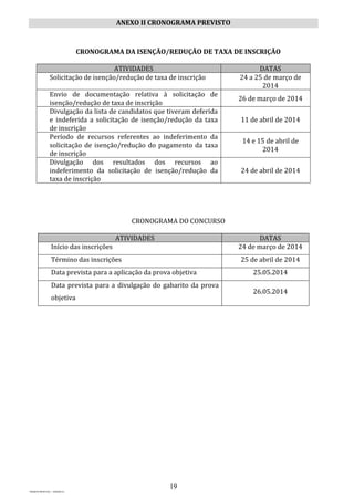 19
PROJETO MPSP1401 – VERSÃO 01
ANEXO II CRONOGRAMA PREVISTO
CRONOGRAMA DA ISENÇÃO/REDUÇÃO DE TAXA DE INSCRIÇÃO
ATIVIDADES DATAS
Solicitação de isenção/redução de taxa de inscrição 24 a 25 de março de
2014
Envio de documentação relativa à solicitação de
isenção/redução de taxa de inscrição
26 de março de 2014
Divulgação da lista de candidatos que tiveram deferida
e indeferida a solicitação de isenção/redução da taxa
de inscrição
11 de abril de 2014
Período de recursos referentes ao indeferimento da
solicitação de isenção/redução do pagamento da taxa
de inscrição
14 e 15 de abril de
2014
Divulgação dos resultados dos recursos ao
indeferimento da solicitação de isenção/redução da
taxa de inscrição
24 de abril de 2014
CRONOGRAMA DO CONCURSO
ATIVIDADES DATAS
Início das inscrições 24 de março de 2014
Término das inscrições 25 de abril de 2014
Data prevista para a aplicação da prova objetiva 25.05.2014
Data prevista para a divulgação do gabarito da prova
objetiva
26.05.2014
 