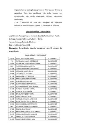 impossibilitem a realização das provas do TAAF ou que diminua a
         capacidade física dos candidatos, não serão levados em
         consideração,    não   sendo    dispensado    nenhum   tratamento
         privilegiado.
         2.7.9   O resultado do TAAF será divulgado nos endereços
         eletrônicos mencionados no subitem 15.7 do Edital de Abertura.


                          CRONOGRAMA DE ATENDIMENTO

Local: Ginásio Poliesportivo no Comando Geral da Polícia Militar - PMAP.
Endereço: Rua Jovino Dinoá, s/n, Bairro – Beirol.
Horário: Início dos Testes às 08h00min
Dias: 14 e 15 de julho de 2011.
Observação: Os candidatos deverão comparecer com 30 minutos de
antecedência.

                         CARGO: AGENTE PENITENCIÁRIO

 17022     SAULO BRILHANTE FERREIRA                     CLASSIFICADO
  781      ALESSANDRO NUNES DO ROSÁRIO                  CLASSIFICADO
 18599     FRANCO WALLACE GOMES DA COSTA                CLASSIFICADO
  5313     FILIPE DE ALMEIDA PARAFITA                   CLASSIFICADO
 11844     LUIS EDUARDO GARCEZ DE OLIVEIRA              CLASSIFICADO
 29814     NAZARENO GOMES DA LUZ                        CLASSIFICADO
 23564     LUCELINDA DA LUZ LOPES                       CLASSIFICADO
 37931     MAURICIO ALVES SARDINHA                      CLASSIFICADO
 22463     NATANAEL SILVA CAVALCANTE                    CLASSIFICADO
 39580     JOSÉ MÁRCIO CORDEIRO                         CLASSIFICADO
 17694     CLELTON DE OLIVEIRA FERREIRA                 CLASSIFICADO
 19255     HELOYANNE MAISE MIRA TEIXEIRA                CLASSIFICADO
 24238     MARCELO PIMENTEL CABRAL                      CLASSIFICADO
 21186     ELANE DA SILVA CORRÊA                        CLASSIFICADO
 19801     DANIEL PICANÇO DA COSTA                      CLASSIFICADO
 10422     ELOISA DA SILVA CARMO                        CLASSIFICADO
 34640     ANTONIO MESQUITA MACHADO                     CLASSIFICADO
 22969     HELEN CRISTINA REIS DE MATOS                 CLASSIFICADO
 36515     SCHEILIAN DE OLIVEIRA MORENO                 CLASSIFICADO
  1858     FRANCISCO EDVAN BATISTA FILHO                CLASSIFICADO
 37288     EDILENA OLIVEIRA LUZ                         CLASSIFICADO
 35457     NATHALY DE JESUS DA SILVA LAMEIRA            CLASSIFICADO
 55257     ROBSON GILDO VIANA ARRELIAS                  CLASSIFICADO
   93      GABRIEL DE CARVALHO SILVA                    CLASSIFICADO
 13100     CARLOS RENATO COSTA BAIA                     CLASSIFICADO
 