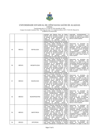UNIVERSIDADE ESTADUAL DE CIÊNCIAS DA SAÚDE DE ALAGOAS 
UNCISAL 
Transformada pela Lei nº 6.660, de 28 de dezembro de 2005 
Campus Governador Lamenha Filho – Rua Jorge de Lima, 113, Trapiche da Barra, CEP: 57.010-382, Maceió/AL 
GABINETE DA REITORA 
propostos pelo Sistema Único de Saúde; 
executar outras atividades correlatas; ser elo 
de atuação do aluno/Universidade, em seu 
campo de saber; articular-se com os 
professores da UNCISAL, visando à 
implementação da Política Nacional de Saúde. 
Página 17 de 70 
supervisão, acompanhamento e 
avaliação de programas e projetos 
inseridos nas áreas da saúde, ensino 
técnico e ensino superior. 
49 MÉDICO NEFROLOGIA 
Planejar e executar programas de educação 
para saúde; realizar consultas e exames 
médicos, ambulatoriais e emergenciais; avaliar 
exames complementares; realizar visitas 
domiciliares ou em dependências; prestar 
assistência médica; inserir-se nos projetos 
propostos pelo Sistema Único de Saúde; 
executar outras atividades correlatas; ser elo 
de atuação do aluno/Universidade, em seu 
campo de saber; articular-se com os 
professores da UNCISAL, visando à 
implementação da Política Nacional de Saúde. 
Desenvolver as atividades nos 
setores da Universidade, que 
contemplem as ações na área de 
Nefrologia, atuando principalmente 
em comissões e grupos de trabalho 
na execução, supervisão, 
acompanhamento e avaliação de 
programas e projetos inseridos nas 
áreas da saúde, ensino técnico e 
ensino superior. 
50 MÉDICO NEONATOLOGIA 
Planejar e executar programas de educação 
para saúde; realizar consultas e exames 
médicos, ambulatoriais e emergenciais; avaliar 
exames complementares; realizar visitas 
domiciliares ou em dependências; prestar 
assistência médica; inserir-se nos projetos 
propostos pelo Sistema Único de Saúde; 
executar outras atividades correlatas; ser elo 
de atuação do aluno/Universidade, em seu 
campo de saber; articular-se com os 
professores da UNCISAL, visando à 
implementação da Política Nacional de Saúde. 
Desenvolver as atividades nos 
setores da Universidade, que 
contemplem as ações na área de 
neonatologia, atuando principalmente 
em comissões e grupos de trabalho 
na execução, supervisão, 
acompanhamento e avaliação de 
programas e projetos inseridos nas 
áreas da saúde, ensino técnico e 
ensino superior. 
51 MÉDICO NEUROLOGIA 
Planejar e executar programas de educação 
para saúde; realizar consultas e exames 
médicos, ambulatoriais e emergenciais; avaliar 
exames complementares; realizar visitas 
domiciliares ou em dependências; prestar 
assistência médica; inserir-se nos projetos 
propostos pelo Sistema Único de Saúde; 
executar outras atividades correlatas; ser elo 
de atuação do aluno/Universidade, em seu 
campo de saber; articular-se com os 
professores da UNCISAL, visando à 
implementação da Política Nacional de Saúde. 
Desenvolver as atividades nos 
setores da Universidade, que 
contemplem as ações na área de 
Neurologia, atuando principalmente 
em comissões e grupos de trabalho 
na execução, supervisão, 
acompanhamento e avaliação de 
programas e projetos inseridos nas 
áreas da saúde, ensino técnico e 
ensino superior. 
52 MÉDICO NEUROPEDIATRIA 
Planejar e executar programas de educação 
para saúde; realizar consultas e exames 
médicos, ambulatoriais e emergenciais; avaliar 
exames complementares; realizar visitas 
domiciliares ou em dependências; prestar 
assistência médica; inserir-se nos projetos 
propostos pelo Sistema Único de Saúde; 
executar outras atividades correlatas; ser elo 
de atuação do aluno/Universidade, em seu 
campo de saber; articular-se com os 
professores da UNCISAL, visando à 
implementação da Política Nacional de Saúde. 
Desenvolver as atividades nos 
setores da Universidade, que 
contemplem as ações na área de 
Neuropediatria, atuando 
principalmente em comissões e 
grupos de trabalho na execução, 
supervisão, acompanhamento e 
avaliação de programas e projetos 
inseridos nas áreas da saúde, ensino 
técnico e ensino superior. 
53 MÉDICO OBSTETRÍCIA 
Planejar e executar programas de educação 
para saúde; realizar consultas e exames 
médicos, ambulatoriais e emergenciais; avaliar 
exames complementares; realizar visitas 
domiciliares ou em dependências; prestar 
assistência médica; inserir-se nos projetos 
propostos pelo Sistema Único de Saúde; 
executar outras atividades correlatas; ser elo 
de atuação do aluno/Universidade, em seu 
campo de saber; articular-se com os 
professores da UNCISAL, visando à 
implementação da Política Nacional de Saúde. 
Desenvolver as atividades nos 
setores da Universidade, que 
contemplem as ações na área de 
Obstetricia, atuando principalmente 
em comissões e grupos de trabalho 
na execução, supervisão, 
acompanhamento e avaliação de 
programas e projetos inseridos nas 
áreas da saúde, ensino técnico e 
ensino superior. 
54 MÉDICO ORTOPEDIA 
Planejar e executar programas de educação 
para saúde; realizar consultas e exames 
médicos, ambulatoriais e emergenciais; avaliar 
Desenvolver as atividades nos 
setores da Universidade, que 
contemplem as ações na área de 
 