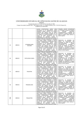 UNIVERSIDADE ESTADUAL DE CIÊNCIAS DA SAÚDE DE ALAGOAS 
UNCISAL 
Transformada pela Lei nº 6.660, de 28 de dezembro de 2005 
Campus Governador Lamenha Filho – Rua Jorge de Lima, 113, Trapiche da Barra, CEP: 57.010-382, Maceió/AL 
GABINETE DA REITORA 
exames complementares; realizar visitas 
domiciliares ou em dependências; prestar 
assistência médica; inserir-se nos projetos 
propostos pelo Sistema Único de Saúde; 
executar outras atividades correlatas; ser elo 
de atuação do aluno/Universidade, em seu 
campo de saber; articular-se com os 
professores da UNCISAL, visando à 
implementação da Política Nacional de Saúde. 
Página 18 de 70 
Ortopedia, atuando principalmente 
em comissões e grupos de trabalho 
na execução, supervisão, 
acompanhamento e avaliação de 
programas e projetos inseridos nas 
áreas da saúde, ensino técnico e 
ensino superior. 
55 MÉDICO OTORRINOLARIN-GOLOGIA 
Planejar e executar programas de educação 
para saúde; realizar consultas e exames 
médicos, ambulatoriais e emergenciais; avaliar 
exames complementares; realizar visitas 
domiciliares ou em dependências; prestar 
assistência médica; inserir-se nos projetos 
propostos pelo Sistema Único de Saúde; 
executar outras atividades correlatas; ser elo 
de atuação do aluno/Universidade, em seu 
campo de saber; articular-se com os 
professores da UNCISAL, visando à 
implementação da Política Nacional de Saúde. 
Desenvolver as atividades nos 
setores da Universidade, que 
contemplem as ações na área de 
Otorrinolaringologia, atuando 
principalmente em comissões e 
grupos de trabalho na execução, 
supervisão, acompanhamento e 
avaliação de programas e projetos 
inseridos nas áreas da saúde, ensino 
técnico e ensino superior. 
56 MÉDICO PATOLOGIA CLÍNICA 
Planejar e executar programas de educação 
para saúde; realizar consultas e exames 
médicos, ambulatoriais e emergenciais; avaliar 
exames complementares; realizar visitas 
domiciliares ou em dependências; prestar 
assistência médica; inserir-se nos projetos 
propostos pelo Sistema Único de Saúde; 
executar outras atividades correlatas; ser elo 
de atuação do aluno/Universidade, em seu 
campo de saber; articular-se com os 
professores da UNCISAL, visando à 
implementação da Política Nacional de Saúde. 
Desenvolver as atividades nos 
setores da Universidade, que 
contemplem as ações na área de 
Patologia Clínica, atuando 
principalmente em comissões e 
grupos de trabalho na execução, 
supervisão, acompanhamento e 
avaliação de programas e projetos 
inseridos nas áreas da saúde, ensino 
técnico e ensino superior. 
57 MÉDICO PEDIATRIA 
Planejar e executar programas de educação 
para saúde; realizar consultas e exames 
médicos, ambulatoriais e emergenciais; avaliar 
exames complementares; realizar visitas 
domiciliares ou em dependências; prestar 
assistência médica; inserir-se nos projetos 
propostos pelo Sistema Único de Saúde; 
executar outras atividades correlatas; ser elo 
de atuação do aluno/Universidade, em seu 
campo de saber; articular-se com os 
professores da UNCISAL, visando à 
implementação da Política Nacional de Saúde. 
Desenvolver as atividades nos 
setores da Universidade, que 
contemplem as ações na área de 
Pediatria, atuando principalmente em 
comissões e grupos de trabalho na 
execução, supervisão, 
acompanhamento e avaliação de 
programas e projetos inseridos nas 
áreas da saúde, ensino técnico e 
ensino superior. 
58 MÉDICO PNEUMOLOGIA 
Planejar e executar programas de educação 
para saúde; realizar consultas e exames 
médicos, ambulatoriais e emergenciais; avaliar 
exames complementares; realizar visitas 
domiciliares ou em dependências; prestar 
assistência médica; inserir-se nos projetos 
propostos pelo Sistema Único de Saúde; 
executar outras atividades correlatas; ser elo 
de atuação do aluno/Universidade, em seu 
campo de saber; articular-se com os 
professores da UNCISAL, visando à 
implementação da Política Nacional de Saúde. 
Desenvolver as atividades nos 
setores da Universidade, que 
contemplem as ações na área de 
pneumologia, atuando principalmente 
em comissões e grupos de trabalho 
na execução, supervisão, 
acompanhamento e avaliação de 
programas e projetos inseridos nas 
áreas da saúde, ensino técnico e 
ensino superior. 
59 
60 MÉDICO PSIQUIATRIA 
Planejar e executar programas de educação 
para saúde; realizar consultas e exames 
médicos, ambulatoriais e emergenciais; avaliar 
exames complementares; realizar visitas 
domiciliares ou em dependências; prestar 
assistência médica; inserir-se nos projetos 
propostos pelo Sistema Único de Saúde; 
executar outras atividades correlatas; ser elo 
de atuação do aluno/Universidade, em seu 
campo de saber; articular-se com os 
professores da UNCISAL, visando à 
implementação da Política Nacional de Saúde. 
Desenvolver as atividades nos 
setores da Universidade, que 
contemplem as ações na área de 
psiquiatria, atuando principalmente 
em comissões e grupos de trabalho 
na execução, supervisão, 
acompanhamento e avaliação de 
programas e projetos inseridos nas 
áreas da saúde, ensino técnico e 
ensino superior. 
 