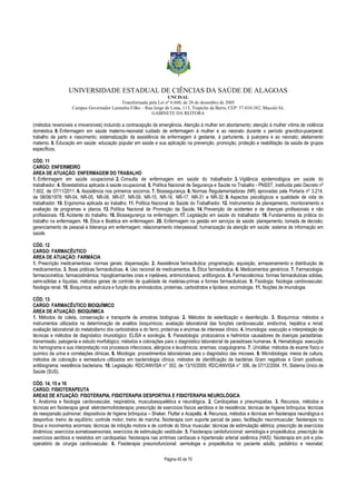 UNIVERSIDADE ESTADUAL DE CIÊNCIAS DA SAÚDE DE ALAGOAS 
UNCISAL 
Transformada pela Lei nº 6.660, de 28 de dezembro de 2005 
Campus Governador Lamenha Filho – Rua Jorge de Lima, 113, Trapiche da Barra, CEP: 57.010-382, Maceió/AL 
GABINETE DA REITORA 
(métodos reversíveis e irreversíveis) incluindo a contracepção de emergência. Atenção à mulher em abortamento; atenção à mulher vítima de violência 
doméstica. 8. Enfermagem em saúde materno-neonatal: cuidado de enfermagem à mulher e ao neonato durante o período gravídico-puerperal; 
trabalho de parto e nascimento; sistematização da assistência de enfermagem à gestante, à parturiente, à puérpera e ao neonato; aleitamento 
materno. 9. Educação em saúde: educação popular em saúde e sua aplicação na prevenção, promoção, proteção e reabilitação da saúde de grupos 
específicos. 
CÓD. 11 
CARGO: ENFERMEIRO 
ÁREA DE ATUAÇÃO: ENFERMAGEM DO TRABALHO 
1. Enfermagem em saúde ocupacional. 2. Consulta de enfermagem em saúde do trabalhador. 3. Vigilância epidemiológica em saúde do 
trabalhador. 4. Bioestatística aplicada à saúde ocupacional. 5. Política Nacional de Segurança e Saúde no Trabalho - PNSST, instituída pelo Decreto nº 
7.602, de 07/11/2011. 6. Assistência nos primeiros socorros. 7. Biossegurança. 8. Normas Regulamentadoras (NR) aprovadas pela Portaria nº 3.214, 
de 08/06/1978: NR-04, NR-05, NR-06, NR-07, NR-09, NR-15, NR-16, NR-17, NR-31 e NR-32. 9. Aspectos psicológicos e qualidade de vida do 
trabalhador. 10. Ergonomia aplicada ao trabalho. 11. Política Nacional de Saúde do Trabalhador. 12. Instrumentos de planejamento, monitoramento e 
avaliação de programas e planos. 13. Política Nacional de Promoção da Saúde. 14. Prevenção de acidentes e de doenças profissionais e não 
profissionais. 15. Acidente do trabalho. 16. Biossegurança na enfermagem. 17. Legislação em saúde do trabalhador. 18. Fundamentos da prática do 
trabalho na enfermagem. 19. Ética e Bioética em enfermagem. 20. Enfermagem na gestão em serviços de saúde: planejamento; tomada de decisão; 
gerenciamento de pessoal e liderança em enfermagem; relacionamento interpessoal; humanização da atenção em saúde; sistema de informação em 
saúde. 
CÓD. 12 
CARGO: FARMACÊUTICO 
ÁREA DE ATUAÇÃO: FARMÁCIA 
1. Prescrição medicamentosa: normas gerais; dispensação. 2. Assistência farmacêutica: programação, aquisição, armazenamento e distribuição de 
medicamentos. 3. Boas práticas farmacêuticas. 4. Uso racional de medicamentos. 5. Ética farmacêutica. 6. Medicamentos genéricos. 7. Farmacologia: 
farmacocinética; farmacodinâmica; hipoglicemiantes orais e injetáveis; antimicrobianos; antifúngicos. 8. Farmacotécnica: formas farmacêuticas sólidas, 
semi-sólidas e líquidas; métodos gerais de controle de qualidade de matérias-primas e formas farmacêuticas. 9. Fisiologia: fisiologia cardiovascular; 
fisiologia renal. 10. Bioquímica: estrutura e função dos aminoácidos, proteínas, carboidratos e lipídeos; enzimologia. 11. Noções de imunologia. 
CÓD. 13 
CARGO: FARMACÊUTICO BIOQUÍMICO 
ÁREA DE ATUAÇÃO: BIOQUÍMICA 
1. Métodos de coleta, conservação e transporte de amostras biológicas. 2. Métodos de esterilização e desinfecção. 3. Bioquímica: métodos e 
instrumentos utilizados na determinação de analitos bioquímicos; avaliação laboratorial das funções cardiovascular, endócrina, hepática e renal; 
avaliação laboratorial do metabolismo dos carboidratos e do ferro; proteínas e enzimas de interesse clínico. 4. Imunologia: execução e interpretação de 
técnicas e métodos de diagnóstico imunológico: ELISA e sorologia. 5. Parasitologia: protozoários e helmintos causadores de doenças parasitárias: 
transmissão, patogenia e estudo morfológico; métodos e colorações para o diagnóstico laboratorial de parasitoses humanas. 6. Hematologia: execução 
do hemograma e sua interpretação nos processos infecciosos, alérgicos e leucêmicos; anemias; coagulograma. 7. Urinálise: métodos de exame físico e 
químico da urina e correlações clínicas. 8. Micologia: procedimentos laboratoriais para o diagnóstico das micoses. 9. Microbiologia: meios de cultura; 
métodos de coloração e semeadura utilizados em bacteriologia clínica; métodos de identificação de bactérias Gram negativas e Gram positivas; 
antibiograma; resistência bacteriana. 10. Legislação: RDC/ANVISA n° 302, de 13/10/2005; RDC/ANVISA n° 306, de 07/12/2004. 11. Sistema Único de 
Saúde (SUS). 
CÓD. 14, 15 e 16 
CARGO: FISIOTERAPEUTA 
ÁREAS DE ATUAÇÃO: FISOTERAPIA, FISIOTERAPIA DESPORTIVA E FISIOTERAPIA NEUROLÓGICA 
1. Anatomia e fisiologia cardiovascular, respiratória, musculoesquelética e neurológica. 2. Cardiopatias e pneumopatias. 3. Recursos, métodos e 
técnicas em fisioterapia geral: eletrotermofototerapia; prescrição de exercícios físicos aeróbios e de resistência; técnicas de higiene brônquica; técnicas 
de reexpansão pulmonar; dispositivos de higiene brônquica – Shaker, Flutter e Acapella. 4. Recursos, métodos e técnicas em fisioterapia neurológica e 
desportiva: treino de equilíbrio; controle motor; treino de marcha; fisioterapia com suporte parcial de peso; facilitação neuromuscular; fisioterapia no 
tônus e movimentos anormais; técnicas de inibição motora e de controle do tônus muscular; técnicas de estimulação elétrica; prescrição de exercícios 
dinâmicos; exercícios somatossensoriais; exercícios de estimulação vestibular. 5. Fisioterapia cardiofuncional: semiologia e propedêutica; prescrição de 
exercícios aeróbios e resistidos em cardiopatias; fisioterapia nas arritmias cardíacas e hipertensão arterial sistêmica (HAS); fisioterapia em pré e pós-operatório 
de cirurgia cardiovascular. 6. Fisioterapia pneumofuncional: semiologia e propedêutica no paciente adulto, pediátrico e neonatal; 
Página 45 de 70 
 
