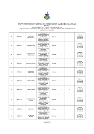 UNIVERSIDADE ESTADUAL DE CIÊNCIAS DA SAÚDE DE ALAGOAS 
UNCISAL 
Transformada pela Lei nº 6.660, de 28 de dezembro de 2005 
Campus Governador Lamenha Filho – Rua Jorge de Lima, 113, Trapiche da Barra, CEP: 57.010-382, Maceió/AL 
GABINETE DA REITORA 
Página 5 de 70 
36 MÉDICO 
ANATOMIA 
PATOLÓGICA 
Ensino superior 
completo em Medicina, 
título de especialista ou 
residência em 
Anatomia Patológica e 
registro no Conselho 
de Classe competente 
30 horas 2 - 
Urgência 
R$ 5.091,78 
Emergência 
R$ 5.806,04 
37 MÉDICO CARDIOLOGIA 
Ensino superior 
completo em Medicina, 
título de especialista ou 
residência em 
Cardiologia e registro 
no Conselho de Classe 
competente 
20 horas 1 - 
Urgência 
R$ 3.377,72 
Emergência 
R$ 3.907,58 
38 MÉDICO 
CARDIOLOGIA 
PEDIÁTRICA 
Ensino superior 
completo em Medicina, 
título de especialista ou 
residência em 
Cardiologia Pediátrica 
e registro no Conselho 
de Classe competente 
20 horas 1 - 
Urgência 
R$ 3.377,72 
Emergência 
R$ 3.907,58 
39 MÉDICO CIRURGIA GERAL 
Ensino superior 
completo em Medicina, 
título de especialista ou 
residência em Cirurgia 
Geral e registro no 
Conselho de Classe 
competente 
24 horas 1 - 
Urgência 
R$ 4.053,28 
Emergência 
R$ 4.689,09 
40 MÉDICO CIRURGIA 
TORÁCICA 
Ensino superior 
completo em Medicina, 
título de especialista ou 
residência em Cirurgia 
Torácica e registro no 
Conselho de Classe 
competente 
24 horas 1 - 
Urgência 
R$ 4.053,28 
Emergência 
R$ 4.689,09 
41 MÉDICO CLÍNICA GERAL 
Ensino superior 
completo em Medicina, 
título de especialista ou 
residência em Clínica 
Geral e registro no 
Conselho de Classe 
competente 
20 horas 2 - 
Urgência 
R$ 3.377,72 
Emergência 
R$ 3.907,58 
42 MÉDICO CLÍNICA GERAL 
Ensino superior 
completo em Medicina, 
título de especialista ou 
residência em Clínica 
Geral e registro no 
Conselho de Classe 
competente 
24 horas 8 1 
Urgência 
R$ 4.053,28 
Emergência 
R$ 4.689,09 
43 MÉDICO 
ENDOCRINOPE-DIATRIA 
Ensino superior 
completo em Medicina, 
título de especialista ou 
residência em 
Endocrinologia e 
Metabologia ou em 
Pediatria e registro no 
Conselho de Classe 
competente 
20 horas 1 - 
Urgência 
R$ 3.377,72 
Emergência 
R$ 3.907,58 
44 MÉDICO FISIATRIA 
Ensino superior 
completo em Medicina, 
título de especialista ou 
residência em Fisiatria 
e registro no Conselho 
de Classe competente 
20 horas 1 - 
Urgência 
R$ 3.377,72 
Emergência 
R$ 3.907,58 
45 MÉDICO 
GENÉTICA 
MÉDICA 
Ensino superior 
completo em Medicina, 
título de especialista ou 
residência em Genética 
Humana e registro no 
20 horas 2 - 
Urgência 
R$ 3.377,72 
Emergência 
R$ 3.907,58 
 