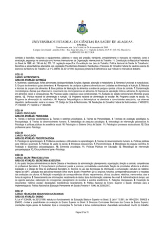 UNIVERSIDADE ESTADUAL DE CIÊNCIAS DA SAÚDE DE ALAGOAS 
UNCISAL 
Transformada pela Lei nº 6.660, de 28 de dezembro de 2005 
Campus Governador Lamenha Filho – Rua Jorge de Lima, 113, Trapiche da Barra, CEP: 57.010-382, Maceió/AL 
GABINETE DA REITORA 
combate a incêndios; máquinas e equipamentos; caldeiras e vasos sob pressão; transporte, armazenamento e manuseio de materiais; cores e 
sinalização; segurança na construção civil; Normas Internacionais da Organização Internacional do Trabalho. 11. Constituição da República Federativa 
do Brasil de 1988: Art. 196 até Art. 200. 12. Legislação específica: Consolidação das Leis do Trabalho; Política Nacional de Saúde do Trabalhador; 
Benefícios e aposentadorias abarcados pela Legislação Previdenciária Brasileira; Resoluções e Pareceres do Conselho Federal de Medicina acerca do 
exercício da Medicina do Trabalho; Lei nº 3.298/99, de 20/12/1999, da pessoa portadora de deficiência e sua inclusão no mercado de trabalho. 
CÓD. 63 
CARGO: NUTRICIONISTA 
ÁREA DE ATUAÇÃO: NUTRIÇÃO 
1. Nutrientes: classificação; fontes alimentares; biodisponibilidade; funções; digestão; absorção e metabolismo. 2. Alimentos funcionais e nutracêuticos. 
3. Grupos de alimentos e guias alimentares. 4. Planejamento de cardápios e gêneros alimentícios em Unidades de Alimentação e Nutrição. 5. Métodos 
e técnicas de preparo dos alimentos. 6. Boas práticas de fabricação de alimentos e análise de perigos e pontos críticos de controle. 7. Contaminação 
microbiológica e fatores que influenciam o crescimento dos microrganismos em alimentos. 8. Doenças de veiculação hídrica e alimentar. 9. Agrotóxicos 
em alimentos: riscos e consequências. 10. Processo saúde e doença e seus condicionantes. 11. Avaliação do estado nutricional em diferentes grupos 
etários. 12. Política nacional de alimentação e nutrição. 13. Programa nacional de alimentação do escolar. 14. Programa saúde na escola. 15. 
Programa de alimentação do trabalhador. 16. Aspectos fisiopatológicos e dietoterápicos na obesidade e comorbidades associadas; nos sistemas 
digestório; cardiovascular; renal e no câncer. 17. Código de Ética do Nutricionista. 18. Resoluções do Conselho Federal de Nutricionistas: nº 465/2010, 
nº 419/2008, nº 418/2008 e n° 390/2006. 
CÓD. 64 
CARGO: PSICÓLOGO 
ÁREA DE ATUAÇÃO: PSICOLOGIA 
1. Teorias e técnicas psicoterápicas. 2. Teorias e sistemas psicológicos. 3. Teorias da Personalidade. 4. Técnicas de avaliação psicológica. 5. 
Psicopatologia. 6. Teorias do desenvolvimento humano. 7. Metodologia de pesquisa psicológica. 8. Metodologia de intervenção psicossocial. 9. 
Psicologia e políticas públicas de assistência social. 10. Psicologia e o Sistema Único de Saúde. 11. Psicologia e processos socioculturais. 12. Ética 
profissional para o Psicólogo. 
CÓD. 65 
CARGO: PSICÓLOGO 
ÁREA DE ATUAÇÃO: PSICOPEDAGOGIA 
1. Psicologia da aprendizagem. 2. Problemas escolares e dificuldades na aprendizagem. 3. Teorias do desenvolvimento humano. 4. Políticas públicas 
para infância e juventude. 5. Políticas de saúde na escola. 6. Processos educacionais. 7. Psicomotricidade. 8. Metodologia da pesquisa científica. 9. 
Avaliação e diagnóstico psicopedagógico. 10. Entrevista psicológica. 11. Políticas Públicas em Educação 12. Metodologia de intervenção 
psicopedagógica. 13. Ética profissional para o Psicólogo. 
CÓD. 66 
CARGO: SECRETÁRIO EXECUTIVO 
ÁREA DE ATUAÇÃO: SECRETARIA EXECUTIVA 
1. As quatro funções administrativas da teoria Clássica e Neoclássica da administração: planejamento; organização; direção e controle; competências 
do profissional Secretário. 2. Comportamento profissional: papéis e posturas; pontualidade e assiduidade; fixação de prioridades; eficiência e eficácia; 
legislação e o Código de Ética do profissional Secretário. 3. Domínio no uso das tecnologias de informação e comunicação: estrutura de relatório; 
regras da ABNT; utilização dos aplicativos Microsoft Office Word, Excel e PowerPoint 2010; arquivos; fichários; correspondência escolar e o resultado 
das avaliações dos alunos. 4. Redação e expedição de correspondências oficiais: requerimentos; ofícios; circulares; relatórios; memorandos; atas e 
livros de registros. 5. Gerenciamento das informações: recebimento de dados; tipos de informação; sistemas de e-mail. 6. Administração do tempo: uso 
da agenda executiva; elaboração de cronogramas; planejamento de reuniões e eventos acadêmicos. 7. Relações interpessoais. 8. Expedição de 
documentos: histórico escolar; declarações; transferência; levantamento. 9. Política Nacional de Ensino Superior e Saúde; diretrizes para a 
implementação da Política Nacional de Educação Permanente em Saúde (Portaria nº 1.996, de 20/08/2007). 
CÓD. 67 
CARGO: TÉCNICO EM ASSUNTOS EDUCACIONAIS 
ÁREA DE ATUAÇÃO: ENSINO 
1. Lei nº 9.394/96, de 20/12/1996: estrutura e funcionamento da Educação Básica e Superior no Brasil. 2. Lei n° 10.861, de 14/04/2004: SINAES e 
ENADE - limites e possibilidades da avaliação do Ensino Superior no Brasil. 3. Diretrizes Curriculares Nacionais dos Cursos de Ensino Superior: 
orientações legais gerais. 4. Avaliação: tipos e concepções. 5. Currículo e temas contemporâneos: diversidade sociocultural; mundo do trabalho; 
Página 57 de 70 
 