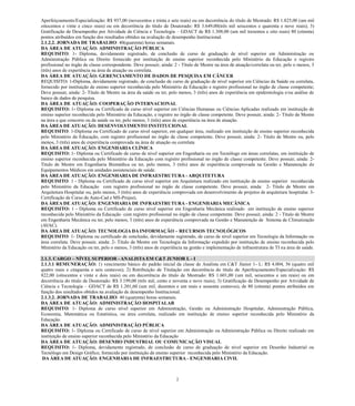 2 
Aperfeiçoamento/Especialização: R$ 937,00 (novecentos e trinta e sete reais) ou em decorrência do título de Mestrado: R$ 1.825,00 (um mil oitocentos e vinte e cinco reais) ou em decorrência do título de Doutorado: R$ 3.649,00(três mil seiscentos e quarenta e nove reais); 3) Gratificação de Desempenho por Atividade de Ciência e Tecnologia – GDACT de R$ 1.308,00 (um mil trezentos e oito reais) 80 (oitenta) pontos atribuídos em função dos resultados obtidos na avaliação de desempenho Institucional. 
2.1.2.2. JORNADA DE TRABALHO: 40(quarenta) horas semanais. 
DA ÁREA DE ATUAÇÃO: ADMINISTRAÇÃO PÚBLICA 
REQUISITO: 1- Diploma, devidamente registrado, de conclusão de curso de graduação de nível superior em Administração ou Administração Pública ou Direito fornecido por instituição de ensino superior reconhecida pelo Ministério da Educação e registro profissional no órgão de classe correspondente. Deve possuir, ainda: 2 - Título de Mestre na área de atuação/correlata ou ter, pelo o menos, 3 (três) anos de experiência na área de atuação ou correlata. 
DA ÁREA DE ATUAÇÃO: GERENCIAMENTO DE DADOS DE PESQUISA EM CÂNCER 
REQUISITO: 1-Diploma, devidamente registrado, de conclusão curso graduação nível superior em Ciências da Saúde ou correlata, fornecido por instituição de ensino superior reconhecida pelo Ministério da Educação e registro profissional no órgão classe competente; Deve possuir, ainda: 2- Título de Mestre na área da saúde ou ter, pelo menos, 3 (três) anos experiência em epidemiologia e/análise banco de dados pesquisa. 
DA ÁREA DE ATUAÇÃO: COOPERAÇÃO INTERNACIONAL 
REQUISITO: 1- Diploma ou Certificado de curso nível superior em Ciências Humanas Aplicadas realizado instituição ensino superior reconhecida pelo Ministério da Educação, e registro no órgão de classe competente. Deve possuir, ainda: 2- Título de Mestre na área a que concorre ou da saúde ter, pelo menos, 3 (três) anos de experiência na área atuação. 
DA ÁREA DE ATUAÇÃO: DESENVOLVIMENTO INSTITUCIONAL 
REQUISITO: 1-Diploma ou Certificado de curso nível superior, em qualquer área, realizado em instituição de ensino superior reconhecida pelo Ministério da Educação, com registro profissional no órgão de classe competente. Deve possuir, ainda: 2- Titulo de Mestre ou, pelo menos, 3 (três) anos de experiência comprovada na área atuação ou correlata 
DA ÁREA DE ATUAÇÃO: ENGENHARIA CLÍNICA 
REQUISITO: 1- Diploma ou Certificado de curso nível superior em Engenharia em Tecnólogo em áreas correlatas, instituição de ensino superior reconhecida pelo Ministério da Educação com registro profissional no órgão de classe competente. Deve possuir, ainda: 2- Titulo de Mestre em Engenharia Biomédica ou ter, pelo menos, 3 (três) anos experiência comprovada na Gestão e Manutenção Equipamentos Médicos em unidades assistenciais de saúde. 
DA ÁREA DE ATUAÇÃO: ENGENHARIA INFRAESTRUTURA - ARQUITETURA 
REQUISITO: 1 - Diploma ou Certificado de curso nível superior em Arquitetura realizado instituição ensino reconhecida pelo Ministério da Educação com registro profissional no órgão de classe competente. Deve possuir, ainda: 2- Titulo de Mestre em Arquitetura Hospitalar ou, pelo menos, 3 (três) anos de experiência comprovada em desenvolvimento projetos arquitetura hospitalar. 3- Certificação de Curso Auto-Cad e MS-Project. 
DA ÁREA DE ATUAÇÃO: ENGENHARIA DE INFRAESTRUTURA - ENGENHARIA MECÂNICA 
REQUISITO: 1 - Diploma ou Certificado de curso nível superior em Engenharia Mecânica realizado instituição ensino reconhecida pelo Ministério da Educação com registro profissional no órgão de classe competente. Deve possuir, ainda: 2 - Titulo de Mestre em Engenharia Mecânica ou ter, pelo menos, 3 (três) anos de experiência comprovada na Gestão e Manutenção Sistema Climatização (AVAC). 
DA ÁREA DE ATUAÇÃO: TECNOLOGIA INFORMAÇÃO – RECURSOS TECNOLÓGICOS 
REQUISITO: 1- Diploma ou certificado de conclusão, devidamente registrado, curso nível superior em Tecnologia da Informação área correlata. Deve possuir, ainda: 2- Título de Mestre em Tecnologia da Informação expedido por instituição ensino reconhecida pelo Ministério da Educação ou ter, pelo o menos, 3 (três) anos de experiência na gestão e implementação infraestrutura TI área de saúde. 
2.1.3. CARGO – NÍVEL SUPERIOR - ANALISTA EM C&T JUNIOR L - I 
2.1.3.1 REMUNERAÇÃO: 1) vencimento básico do padrão inicial da classe de Analista em C&T Júnior 1- L: R$ 4.004, 56 (quatro mil quatro reais e cinquenta e seis centavos); 2) Retribuição de Titulação em decorrência do título de Aperfeiçoamento/Especialização: R$ 822,00 (oitocentos e vinte e dois reais) ou em decorrência do título de Mestrado: R$ 1.601,00 (um mil, seiscentos e um reais) ou em decorrência do título de Doutorado: R$ 3.199,00 (três mil, cento e noventa e nove reais); 3) Gratificação de Desempenho por Atividade de Ciência e Tecnologia – GDACT de R$ 1.201,60 (um mil, duzentos e um reais e sessenta centavos), de 80 (oitenta) pontos atribuídos em função dos resultados obtidos na avaliação de desempenho Institucional. 
2.1.3.2. JORNADA DE TRABALHO: 40 (quarenta) horas semanais. 
DA ÁREA DE ATUAÇÃO: ADMINISTRAÇÃO HOSPITALAR 
REQUISITO: 1- Diploma de curso nível superior em Administração, Gestão ou Administração Hospitalar, Administração Pública, Economia, Matemática ou Estatística, ou área correlata, realizado em instituição de ensino superior reconhecida pelo Ministério da Educação. 
DA ÁREA DE ATUAÇÃO: ADMINISTRAÇÃO PÚBLICA 
REQUISITO: 1- Diploma ou Certificado de curso nível superior em Administração Pública Direito realizado instituição de ensino superior reconhecida pelo Ministério da Educação 
DA ÁREA DE ATUAÇÃO: DESENHO INDUSTRIAL OU COMUNICAÇÃO VISUAL 
REQUISITO: 1- Diploma, devidamente registrado, de conclusão curso graduação nível superior em Desenho Industrial ou Tecnólogo em Design Gráfico, fornecido por instituição de ensino superior reconhecida pelo Ministério da Educação. 
DA ÁREA DE ATUAÇÃO: ENGENHARIA INFRAESTRUTURA - ENGENHARIA CIVIL  