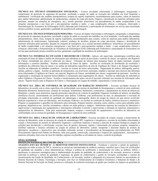 43 
TÉCNICO O-I: TÉCNICO ENFERMAGEM ONCOLOGIA - Exercer atividades relacionadas à enfermagem, assegurando o cumprimento do protocolo de segurança do paciente, auxiliando a equipe de saúde na execução dos trabalhos em nível hospitalar e ambulatorial (verificação das medidas antropométricas, terapias de suporte respiratório, encaminhamento para exames, coleta de materiais para análise laboratorial, administração de medicamentos, preparo do corpo pós-morte, limpeza e desinfecção de materiais utilizados pelos pacientes, atuação em situações de emergência, etc.), assistir pacientes semicríticos em procedimentos de média complexidade e em situações emergenciais e nas fases pré e pós-operatórios mediato e tardio e suas complicações clínicas e cirúrgicas, observando a Sistematização da Assistência de Enfermagem (SAE) elaborada pelo Enfermeiro e participando de treinamento em serviço para atualização técnico-cientifica na área, garantindo a qualidade da assistência de enfermagem. 
TÉCNICO O-I: TÉCNICO ENFERMAGEM PEDIATRIA - Exercer atividades relacionadas à enfermagem, assegurando o cumprimento do protocolo de segurança do paciente, auxiliando a equipe de saúde na execução dos trabalhos em nível hospitalar (verificação das medidas antropométricas, sinais vitais, terapias de suporte respiratório, encaminhamento para exames, coleta de materiais para análise laboratorial, administração de medicamentos, higienização corporal, mudança de decúbito, preparo do corpo pós-morte, limpeza e desinfecção de materiais utilizados pelos pacientes, atuação em situações de emergência, etc.), assistir pacientes pediátricos semicríticos em procedimentos de média complexidade e em situações emergenciais e nas fases pré e pós-operatórios mediato e tardio e suas complicações clínicas e cirúrgicas, observando a Sistematização da Assistência de Enfermagem (SAE) elaborada pelo Enfermeiro e participando de treinamento em serviço para atualização técnico-cientifica na área, garantindo a qualidade da assistência de enfermagem. 
TÉCNICO N-I: INFORMAÇÃO EM SAÚDE E REGISTRO DE CÂNCER - Aplicar, sob supervisão, metodologias científicas para construção de bases de dados e análise de informações que subsidiem as ações de prevenção e controle do câncer, em especial, dos Registros de Câncer, mortalidade por câncer e sobrevida em câncer; Utilização da internet para pesquisar banco de dados nacionais, resgatar informações e construir planilhas; Realizar conferência de banco de dados; Auxiliar na verificação da distribuição da ocorrência e incidência dos diferentes tipos de câncer e na análise de indicadores específicos da área de Vigilância do Câncer e da Atenção Oncológica; Auxiliar na elaboração de trabalhos científicos; Auxiliar no resumo de textos selecionados; Organização de índices, bibliografia, anexos, tabelas, gráficos e mapas; Auxiliar na aplicação de treinamentos, em nível local, municipal, estadual e nacional, para técnicos das diferentes áreas relacionadas à Vigilância do Câncer, em especial, Registros de Câncer, mortalidade por câncer e seguimento de pacientes; Auxiliar na organização e atualização de material técnico/didático e treinamento para registradores de câncer; Auxiliar na elaboração de informativos sobre Vigilância e Registros de Câncer; Auxiliar o monitoramento das ações, em nível nacional, referentes aos sistemas de informação sobre câncer; Suporte técnico para os Registros de Câncer; e, Participação em viagens de trabalho: capacitações e visitas técnicas. 
TÉCNICO O-I: ÁREA DE CONTROLE DE QUALIDADE EM RADIAÇÃO IONIZANTE - Executar atividades técnicas de laboratórios, de acordo com as áreas específicas em conformidade com normas de qualidade de biossegurança e controle do meio-ambiente; Manipular dosímetros luminescentes, câmaras de ionização, termômetros, barômetros, cronômetros e equipamentos de leitura de detectores; Manipular e manter esses dosímetros segundo protocolos específicos de controle de qualidade; Organizar resultados de leituras em planilhas eletrônicas (Excel), encaminhando aos profissionais para análise; Colaborar, com profissionais da área, no planejamento e execução de atividades relacionadas ao controle de qualidade em radioterapia e mamografia, dentro do campo da ciência em que estiver envolvido; Realizar experiências e testes em laboratório, sob orientação; Elaborar e ou auxiliar na confecção de laudos, relatórios técnicos e estatísticos; Preparar os equipamentos e aparelhos do laboratório para utilização; Preparar material, amostras, testes, análise e outros para subsidiar aulas, pesquisas, diagnósticos etc; Auxiliar orientadores e alunos em aulas práticas e estágios.; Administrar materiais de consumo do laboratório e supervisionar a manutenção dos equipamentos e instrumentos utilizados; Controlar e supervisionar a utilização de materiais, instrumentos e equipamentos do laboratório; Zelar pela manutenção, limpeza, assepsia e conservação de equipamentos e utensílios do laboratório em conformidade com as normas de qualidade, de biossegurança e controle do meio-ambiente. 
TÉCNICO O-I: ÁREA: CRIAÇÃO DE ANIMAIS DE LABORATÓRIO - Executar atividades de criação, manejo e fornecimento de animais de laboratório; atuar no processo de criação de camundongos SPF, isogênicos e transgênicos; executar de atividades relacionadas à criação e fornecimento de animais de laboratório; higienizar e esterilizar materiais e insumos e descarte de resíduos biológicos; preparo de soluções para desinfecção e esterilização; executar troca de gaiolas, desmame, registro e alimentação dos animais; preparar, transportar e distribuir materiais e insumos utilizados na criação de animais de laboratório; coletar, transportar e descartar dejetos de animais de laboratório; reconhecer e desenvolver suas atividades utilizando normas e procedimentos de biossegurança pré-estabelecidos em POPs (Procedimento Operacional Padrão) do Biotério; zelar pela guarda, conservação, manutenção e limpeza dos equipamentos , instrumentos e materiais utilizados, bem como do local de trabalho; registrar em planilhas as atividades de rotina e controle da produção 
NÍVEL SUPERIOR INSTITUTO NACIONAL DO CÂNCER - INCA 
ANALISTA EM C&T SÊNIOR H – I: DESENVOLVIMENTO INSTITUCIONAL - Fortalecer e valorizar a cultura de qualidade e segurança em todas as áreas do INCA; incentivar as iniciativas sistematizadas de melhoria contínua; contribuir para a busca de certificações de qualidade nas unidades e áreas administrativas; reforçar a política de acolhimento e humanização em todos os âmbitos; definir e aperfeiçoar os processos estratégicos para a implementação da gestão da qualidade, do conhecimento e da inovação; promover a adesão motivada às políticas e cultura de qualidade e segurança, de gestão do conhecimento e gestão de inovação; acompanhar o sistema de monitoramento da Gestão da Qualidade, do Conhecimento e da Inovação; analisar a adequação dos processos internos às necessidades do Sistema Nacional de Ciência, Tecnologia e Inovação, com foco no fortalecimento do Complexo Econômico e Industrial da Saúde e do Sistema Nacional de Inovação em Saúde; promover a utilização de modernas tecnologias de gestão que resultam em impacto na qualidade da  