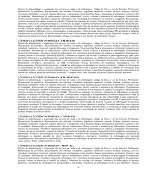 67 
Noções de administração e organização dos serviços de saúde e de enfermagem. Código de Ética e Lei do Exercício Profissional. Humanização da assistência. Funcionamento dos sistemas: circulatório, digestório, endócrino, excretor, linfático, muscular, nervoso, reprodutor, respiratório e sensorial. Agentes infecciosos e ectoparasitos (vírus, bactérias, fungos, protozoários e artrópodes). Conceito e tipo de imunidade. Administração de medicamentos: cálculos fundamentais, efeitos colaterais e assistência de enfermagem. Procedimentos técnicos de enfermagem. Assistência integral de enfermagem. Dor. Assistência de enfermagem em urgência e emergência. Biossegurança: conceito, normas de prevenção e controle de infecção. Protocolos de segurança do paciente. Assistência de enfermagem no pré, trans e pós- operatório. Aspectos das cirurgias oncológicas. Classificação de artigos e superfícies hospitalares aplicando conhecimentos de desinfecção, limpeza, preparo e esterilização de material; acondicionamento. Anestesia: fases da anestesia, tipos de anestesia, assistência de enfermagem em RPA. Suturas, agulhas, cuidado e manuseio dos instrumentos. Montagem da mesa operatória. Processos de esterilização de artigos médicos hospitalares, definição, tipos e recomendações. Armazenamento e distribuição de artigos esterilizados. Monitoramento e validação dos processos de esterilização. Central de material esterilizado. Posicionamento dos pacientes para cirurgia. Segurança cirúrgica. Coleta de materiais para análise laboratorial. Instrumentação cirúrgica e circulação da sala durante o procedimento cirúrgico. 
TÉCNICO O-I: TÉCNICO ENFERMAGEM - CTI ADULTO 
Noções de administração e organização dos serviços de saúde e de enfermagem. Código de Ética e Lei do Exercício Profissional. Humanização da assistência. Funcionamento dos sistemas: circulatório, digestório, endócrino, excretor, linfático, muscular, nervoso, reprodutor, respiratório e sensorial. Agentes infecciosos e ectoparasitos (vírus, bactérias, fungos, protozoários e artrópodes). Conceito e tipo de imunidade. Administração de medicamentos: cálculos fundamentais, efeitos colaterais e assistência de enfermagem. Procedimentos técnicos de enfermagem. Assistência integral de enfermagem. Dor. Assistência de enfermagem em urgência e emergência. Biossegurança: conceito, normas de prevenção e controle de infecção. Protocolos de segurança do paciente. Assistência de enfermagem no pré, trans e pós- operatório. Preparação e acompanhamento de exames diagnósticos. Coleta de materiais para análise laboratorial. Assistência de enfermagem nas cirurgias oncológicas de alta complexidade e suas complicações. Assistência de enfermagem aos pacientes críticos portadores de hematopatias oncológicas. Emergências em UTI. Complicações clínicas decorrentes da terapêutica antineoplásica. Uso de hemocomponentes. Monitorização do paciente. Cuidados de enfermagem em pacientes com suporte ventilatório. Cuidados de enfermagem na administração de drogas vasoativas e sedação. Precauções específicas com o paciente neutropênico. Cuidados de enfermagem para integridade da pele e ostomias. Controle hidroeletrolítico. Classificação de artigos e superfícies hospitalares aplicando conhecimentos de desinfecção, limpeza, preparo e esterilização de material. Transporte intra e extra hospitalar do paciente. Preparo do corpo pós-morte. 
TÉCNICO O-I: TÉCNICO ENFERMAGEM - CTI PEDIÁTRICO 
Noções de administração e organização dos serviços de saúde e de enfermagem. Código de Ética e Lei do Exercício Profissional. Humanização da assistência. Funcionamento dos sistemas: circulatório, digestório, endócrino, excretor, linfático, muscular, nervoso, reprodutor, respiratório e sensorial. Agentes infecciosos e ectoparasitos (vírus, bactérias, fungos, protozoários e artrópodes). Conceito e tipo de imunidade. Administração de medicamentos: cálculos fundamentais, efeitos colaterais e assistência de enfermagem. Procedimentos técnicos de enfermagem. Assistência integral de enfermagem. Dor. Assistência de enfermagem em urgência e emergência. Biossegurança: conceito, normas de prevenção e controle de infecção. Protocolos de segurança do paciente. Assistência de enfermagem ao paciente pediátrico. Assistência de enfermagem no pré, trans e pós-operatório. Preparação e acompanhamento de exames diagnósticos. Coleta de materiais para análise laboratorial. Assistência de enfermagem nas cirurgias oncológicas de alta complexidade e suas complicações. Assistência de enfermagem aos pacientes críticos portadores de hematopatias oncológicas. Emergências em UTI. Complicações clínicas decorrentes da terapêutica antineoplásica. Uso de hemocomponentes. Monitorização do paciente. Cuidados de enfermagem em pacientes com suporte ventilatório. Cuidados de enfermagem na administração de drogas vasoativas e sedação. Precauções específicas com o paciente neutropênico. Cuidados de enfermagem para integridade da pele e ostomias. Controle hidroeletrolítico. Classificação de artigos e superfícies hospitalares aplicando conhecimentos de desinfecção, limpeza, preparo e esterilização de material. Transporte intra e extra hospitalar do paciente. Preparo do corpo pós-morte. 
TÉCNICO O-I: TÉCNICO ENFERMAGEM - ONCOLOGIA 
Noções de administração e organização dos serviços de saúde e de enfermagem. Código de Ética e Lei do Exercício Profissional. Humanização da assistência. Funcionamento dos sistemas: circulatório, digestório, endócrino, excretor, linfático, muscular, nervoso, reprodutor, respiratório e sensorial. Agentes infecciosos e ectoparasitos (vírus, bactérias, fungos, protozoários e artrópodes). Conceito e tipo de imunidade. Administração de medicamentos: cálculos fundamentais, efeitos colaterais e assistência de enfermagem. Procedimentos técnicos de enfermagem. Assistência integral de enfermagem. Dor. Assistência de enfermagem em urgência e emergência. Biossegurança: conceito, normas de prevenção e controle de infecção. Protocolos de segurança do paciente. Assistência de enfermagem em quimioterapia e radioterapia. Assistência de enfermagem no pré e pós-operatório. Assistência de enfermagem nas hematopatias oncológicas. Assistência de enfermagem ao paciente portador de câncer avançado. Emergências oncológicas. Assistência de enfermagem aos pacientes imunodeprimidos, neutropênicos e plaquetopênicos. Assistência de enfermagem a pacientes em uso de hemocomponentes. Manipulação de sonda, cateter e dreno. Cuidados paliativos. Morte. 
TÉCNICO O-I: TÉCNICO ENFERMAGEM - PEDIATRIA 
Noções de administração e organização dos serviços de saúde e de enfermagem. Código de Ética e Lei do Exercício Profissional. Humanização da assistência. Funcionamento dos sistemas: circulatório, digestório, endócrino, excretor, linfático, muscular, nervoso, reprodutor, respiratório e sensorial. Agentes infecciosos e ectoparasitos (vírus, bactérias, fungos, protozoários e artrópodes). Conceito e tipo de imunidade. Administração de medicamentos: cálculos fundamentais, efeitos colaterais e assistência de enfermagem. Procedimentos técnicos de enfermagem. Assistência integral de enfermagem. Dor. Assistência de enfermagem em urgência e emergência. Biossegurança: conceito, normas de prevenção e controle de infecção. Protocolos de segurança do paciente. Assistência de enfermagem ao paciente pediátrico. Assistência de enfermagem em quimioterapia e radioterapia. Assistência de enfermagem no pré e pós-operatório. Tumores  