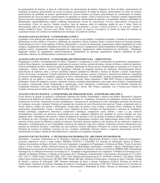 71 
de gerenciamento de projetos, as áreas de conhecimento em gerenciamento de projetos, diagrama de fluxo de dados, gerenciamento da integração de projetos, gerenciamento do escopo de projetos, gerenciamento de tempo de projetos, gerenciamento de custos de projetos, gerenciamento de qualidade do projeto, gerenciamento de recursos humanos de projeto, gerenciamento de comunicações no projeto, gerenciamento de riscos de projeto e gerenciamento de aquisições no projeto. Cultura organizacional. Estrutura e projeto organizacional; processo decisório; planejamento e estratégia; ética e responsabilidade; administração de operações e da qualidade; funções e habilidades do administrador; empreendedorismo; cultura e ambiente organizacional; Gestão do conhecimento. Processo empreendedor. Prospecção de oportunidades. Planos de negócios. Sumário executivo, tipos de negócios, plano de marketing, quadro de usos e fontes, fontes de financiamento, plano de financiamento, lay-out e detalhamento dos produtos e serviços. Cadeias produtivas e de inovação. Clusters e arranjos produtivos locais. Parcerias para PD&I. Noções de gestão de negócios tecnológicos: (i) termos de sigilo; (ii) contratos de cooperação técnica; (iii) contratos de transferência de tecnologia; (iv) gestão de contratos. 
ANALISTA EM C&T PLENO K – I: ENGENHARIA CLÍNICA 
Legislação e boas práticas para aquisição de equipamentos e serviços na área pública; Acreditação hospitalar; Avaliação de obsolescência e desfazimento de bens públicos; Conceitos e atribuições da engenharia clínica; Estatística básica; Conceitos básicos de fisiologia humana; Gerenciamento de risco e tecnovigilância; Políticas, planejamento e conceito de manutenção; Equipamentos médico-hospitalares de centro cirúrgico, Equipamentos médico-hospitalares de centro de terapia intensiva, Equipamentos médico-hospitalares de diagnóstico por imagem e medicina nuclear; Equipamentos médico-hospitalares de radioterapia; Equipamentos médico-hospitalares de esterilização; Metrologia; Regulação sanitária de equipamentos médico-hospitalares; Planejamento de reposição equipamentos médicos; Instalações de gases medicinais e elétricas em estabelecimentos assistenciais de saúde. 
ANALISTA EM C&T PLENO K – I: ENGENHARIA DE INFRAESTRUTURA – ARQUITETURA 
Programação, Controle e Acompanhamento de Obras: Orçamento e composição de custos, levantamento de quantitativos, planejamento e controle físico-financeiro. Acompanhamento e aplicação de recursos (vistorias, emissão de laudos, emissão de faturas, controle de materiais). Critérios de Medição de Obras. Sistema de gestão da qualidade. Elaboração de Parecer técnico. Produtividade na construção civil. Projeto de Arquitetura - Projeto básico e executivo de Arquitetura: definição de programa funcional da edificação; Dimensionamento básico; Especificação de materiais, obras e serviços (incluindo materiais sustentáveis); Métodos e técnicas de desenho e projeto. Especificação técnica de serviços e de materiais. Controle ambiental das edificações (térmico, acústico e luminoso). Arquitetura de Interiores: Arquitetura de interiores (detalhamento de mobiliário, paginação de forro e luminotécnica). Acessibilidade: Soluções arquitetônicas para acessibilidade de edifícios de uso público e coletivo. Conceito de desenho universal. Marco regulatório e NBR 9050. Projetos Complementares em Edificações: Noções de fundações, estrutura, instalações elétricas, instalações hidrossanitárias e prevenção contra incêndio. Compatibilização de projetos. Comunicação Visual: Programação e comunicação visual. Informática: Conhecimento básico em Desenho Assistido por Computador (Sistemas CAD como Autocad, BrisCAD, IteliCAD e outros). MS- Project. Legislação: Leis e Normas para Projetos de Unidades Assistenciais de Saúde, entre elas RDC50 e RDC306/04. 
ANALISTA EM C&T PLENO K – I: ENGENHARIA DE INFRAESTRUTURA - ENGENHARIA MECÂNICA 
Ciclos teóricos de geração de potência e refrigeração; Mecânica dos fluidos; Propriedades e natureza dos fluidos; Hidrostática; Equações constitutivas da dinâmica dos fluidos; Análise dimensional e relações de semelhança; Escoamento em tubulações; Noções de escoamento compressível em bocais; Transmissão do calor; Fundamentos e mecanismos de transferência de calor; Abordagem elementar dos processos de condução, convecção e radiação; Princípios de operação dos trocadores de calor; Resistência dos materiais; Tração e compressão entre os limites elásticos; Análise das tensões e deformações; Estado plano de tensões; Força cortante e momento flexor; Problemas de flexão estaticamente indeterminados; Torção e momento torsor; Máquinas de fluxo; Princípios de funcionamento e operação de ventiladores, bombas centrífugas, compressores alternativos, compressores centrífugos, compressores axiais, turbinas a vapor e a gás; Aspectos termodinâmicos associados aos processos desenvolvidos por essas máquinas; Influência das condições do serviço efetuado por essas máquinas sobre o desempenho das mesmas e cálculo de potência de operação; Ciclos de geração de potência; Balanço energético e cálculo de eficiência do ciclo; Principais fatores da perda de eficiência; Equipamentos auxiliares para implementação desses ciclos; Seleção de materiais; Fatores gerais de influência a seleção de materiais; Principais materiais metálicos e não metálicos de uso industrial e respectivas indicações e contraindicações ao uso; Propriedades mecânicas dos materiais; Ligas ferro-carbono; Tratamentos térmicos; Mecanismos para aumento da resistência mecânica e tenacidade dos aços-carbonos; Controle automático; Princípios do controle automático de processos; Estruturas de controle em feedback; Conceitos de erro, overshoot, estabilidade; Sistemas lineares e respectiva representação através de transformadas de Laplace. Noções de eletricidade básica e segurança em instalações energizada. 
ANALISTA EM C&T PLENO K – I: TECNOLOGIA DA INFORMAÇÃO – RECURSOS TECNOLÓGICOS 
Informática - Conceitos. Infraestrutura de TI: Hardware e Software. Sistemas Operacionais Windows e Linux. Redes de Computadores: conceitos, dispositivos móveis e redes wireless. MSOffice 2010/2013 e LibreOffice 4.2. Sistemas de Informação. Bancos de Dados e Sistemas Gerenciadores de Banco de Dados. Teoria da Computação. Linguagens de Programação e Estruturas de Dados. Projeto Conceitual, Lógico e Físico. Projeto, Análise e Desenvolvimento de Sistemas. Metodologias estruturadas e orientadas a objetos. Metodologias Ágeis e Metodologias Convencionais de Desenvolvimento de Sistemas. Auditoria de Sistemas. Gerência de Projetos (PMBOK-PMI). Planejamento Estratégico de TI e Balanced Scorecard. Governança de TI. Atendendo às Regulamentações de Compliance. O Modelo de Governança de TI. Modelos de Melhores Práticas e o Modelo de Governança de TI. Planejando, Implementando e Gerenciando a Governança de TI. CobiT. ITIL. VAL IT. CMMI. Prince2. ISO/IEC 2000, 12207 e 9126. Modelos para Outsourcing de TI: eSCM-SP e eSCM-CL. Seis Sigma. TOGAF (Open Group Architecture Framework). ISO 9001:2000. Modelo MR mps e Modelos de fornecedores. Sistemas de Apoio à Decisão: tomada de decisão e sistemas de informação. ERP. Sistemas inteligentes de apoio à decisão. Inteligência Artificial. Sistemas de Gestão do Conhecimento. Engenharia de Software. Qualidade de Software. Prototipagem e ferramentas CASE. RUP. Infraestrutura de TI e Sistemas de Suporte. Gerenciamento de dados, texto e documentos. Gerenciamento e Mobilidade de Redes. Sistemas de Informação Corporativos.  