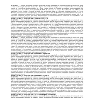 8 
REQUISITO: 1 - Diploma, devidamente registrado, de conclusão de curso de graduação em Medicina, realizado em instituição de ensino superior reconhecida pelo Ministério da Educação. Registro profissional ativo no órgão de classe competente. Deve possuir, ainda; 2- Diploma ou Certificado de Residência Médica em Cirurgia Plástica, realizada em Programa de Residência Médica credenciado pela Comissão Nacional de Residência Médica (CNRM) OU Título de Especialista em Cirurgia Plástica fornecido pela AMB/Sociedade Brasileira de Cirurgia Plástica; 3- Doutorado na Grande Área de Ciências da Saúde, em Programa de Medicina, com ênfase em Cirurgia Plástica ou área correlata e pelo menos 6(seis) anos de experiência após este título OU Mestrado na Grande Área de Ciências da Saúde, em Programa de Medicina, com ênfase em Cirurgia Plástica ou área correlata e pelo menos 11 (onze) anos de experiência após este título OU ter ainda, após conclusão da graduação, pelo menos, 14 (quatorze) anos de experiência profissional comprovada em Cirurgia Plástica, sem prejuízo do cumprimento dos pré-requisitos descritos nos itens anteriores. 
DA ÁREA DE ATUAÇÃO: MEDICINA - CIRURGIA TORÁCICA 
REQUISITO: 1 - Diploma, devidamente registrado, de conclusão de curso de graduação em Medicina, realizado em instituição de ensino superior reconhecida pelo Ministério da Educação. Registro profissional ativo no órgão de classe competente. Deve possuir, ainda: 2- Diploma ou Certificado de Residência Médica em Cirurgia Torácica, realizada em Programa de Residência Médica credenciado pela Comissão Nacional de Residência Médica (CNRM) OU Título de Especialista em Cirurgia Torácica fornecido pela Sociedade Brasileira de Cirurgia Torácica; 3- Doutorado na Grande Área de Ciências da Saúde, em Programa de Medicina, com ênfase em Cirurgia Torácica ou área correlata e pelo menos 6 (seis) anos de experiência após este título OU Mestrado na Grande Área de Ciências da Saúde, em Programa de Medicina, com ênfase em Cirurgia Torácica ou área correlata e pelo menos 11 (onze) anos de experiência após este título OU ter ainda, após conclusão da graduação, pelo menos, 14 (quatorze) anos de experiência profissional comprovada em Cirurgia Torácica, sem prejuízo do cumprimento dos pré-requisitos descritos nos itens anteriores; 4- Ter coordenado e participado de projetos ou grupos de pesquisa e desenvolvimento tecnológico contribuindo com resultados tecnológicos expressos em trabalhos documentados por publicações de circulação internacional, patentes, normas, protótipos, contratos de transferência de tecnologia, laudos e pareceres técnicos. 
DA ÁREA DE ATUAÇÃO: MEDICINA - EMERGÊNCIA PEDIÁTRICA 
REQUISITO: 1 - Diploma, devidamente registrado, de conclusão de curso de graduação em Medicina, realizado em instituição de ensino superior reconhecida pelo Ministério da Educação. Registro profissional ativo no órgão de classe competente. Deve possuir, ainda: 2- Diploma ou Certificado de Residência Médica em Pediatria, realizada em Programa de Residência Médica credenciado pela Comissão Nacional de Residência Médica (CNRM) OU Título de Especialista em Pediatria fornecido pela Sociedade Brasileira de Pediatria; 3- Doutorado na Grande Área de Ciências da Saúde, em Programa de Medicina, com ênfase em Pediatria ou área correlata e pelo menos 6 (seis) anos de experiência após este título OU Mestrado na Grande Área de Ciências da Saúde, em Programa de Medicina, com ênfase em Pediatria ou área correlata e pelo menos 11 (onze) anos de experiência após este título OU ter ainda, após conclusão da graduação, pelo menos, 14 (quatorze) anos de experiência profissional comprovada em Pediatria, sem prejuízo do cumprimento dos pré-requisitos descritos nos itens anteriores; 4- Ter coordenado e participado de projetos ou grupos de pesquisa e desenvolvimento tecnológico contribuindo com resultados tecnológicos expressos em trabalhos documentados por publicações de circulação internacional, patentes, normas, protótipos, contratos de transferência de tecnologia, laudos e pareceres técnicos. 
DA ÁREA DE ATUAÇÃO: MEDICINA - ENDOSCOPIA DIGESTIVA 
REQUISITO: 1 - Diploma, devidamente registrado, de conclusão de curso de graduação em Medicina, realizado em instituição de ensino superior reconhecida pelo Ministério da Educação. Registro profissional ativo no órgão de classe competente. Deve possuir, ainda: 2- Diploma ou Certificado de Residência Médica em Endoscopia, realizada em Programa de Residência Médica credenciado pela Comissão Nacional de Residência Médica (CNRM) OU Título de Especialista em Endoscopia Digestiva fornecido pela Sociedade Brasileira de Endoscopia Digestiva (SOBED) / Associação Médica Brasileira (AMB); 3- Diploma ou Certificado de Curso de Especialização, Treinamento ou similar (no Brasil ou no exterior) em técnicas endoscópicas avançadas (endoscopia oncológica OU ressecções endoscópicas), com um mínimo de 360 (trezentos e sessenta) horas; 4- Doutorado na Grande Área de Ciências da Saúde, em Programa de Medicina, com ênfase em Endoscopia Digestiva ou correlata e pelo menos 6 (seis) anos de experiência após este título OU Mestrado na Grande Área de Ciências da Saúde, em Programa de Medicina, com ênfase em Endoscopia Digestiva ou correlata e pelo menos 11 (onze) anos de experiência após este título OU ter ainda, após conclusão da graduação, pelo menos, 14 (quatorze) anos de experiência profissional comprovada em Endoscopia Digestiva, sem prejuízo do cumprimento dos pré-requisitos descritos nos itens anteriores; 5-Ter coordenado e participado de projetos ou grupos de pesquisa e desenvolvimento tecnológico contribuindo com resultados tecnológicos expressos em trabalhos documentados por publicações de circulação internacional, patentes, normas, protótipos, contratos de transferência de tecnologia, laudos e pareceres técnicos. 
DA ÁREA DE ATUAÇÃO: MEDICINA - ENDOSCOPIA PERORAL 
REQUISITO: 1 - Diploma, devidamente registrado, de conclusão de curso de graduação em Medicina, realizado em instituição de ensino superior reconhecida pelo Ministério da Educação. Registro profissional ativo no órgão de classe competente. Deve possuir, ainda: 2- Diploma ou Certificado de Residência Médica em Cirurgia de Cabeça e Pescoço, realizada em Programa de Residência Médica credenciado pela Comissão Nacional de Residência Médica (CNRM) OU Título de Especialista em Cirurgia de Cabeça e Pescoço, fornecido pela Sociedade Brasileira de Cirurgia de Cabeça e Pescoço (SBCCP); 3- Doutorado na Grande Área de Ciências da Saúde, em Programa de Medicina, com ênfase em Endoscopia Peroral, Cirurgia de Cabeça ou correlata e pelo menos 6 (seis) anos de experiência após este título OU Mestrado na Grande Área de Ciências da Saúde, em Programa de Medicina, com ênfase em Endoscopia Peroral, Cirurgia de Cabeça e Pescoço, ou correlata e pelo menos 11 (onze) anos de experiência após este título OU ter ainda, após conclusão da graduação, pelo menos, 14 (quatorze) anos de experiência profissional comprovada em Endoscopia Peroral, sem prejuízo do cumprimento dos pré-requisitos descritos nos itens anteriores; 4- Ter coordenado e participado de projetos ou grupos de pesquisa e desenvolvimento tecnológico contribuindo com resultados tecnológicos expressos em trabalhos documentados por publicações de circulação internacional, patentes, normas, protótipos, contratos de transferência de tecnologia, laudos e pareceres técnicos. 
DA ÁREA DE ATUAÇÃO: MEDICINA - OFTALMOLOGIA EM ONCOLOGIA 
REQUISITO: 1 - Diploma, devidamente registrado, de conclusão de curso de graduação em Medicina, realizado em instituição de ensino superior reconhecida pelo Ministério da Educação. Registro profissional ativo no órgão de classe competente. Deve possuir, ainda: 2-  
