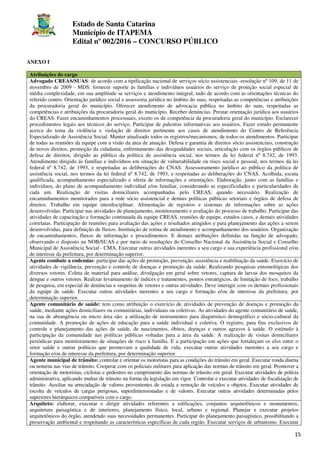 Estado de Santa Catarina
Município de ITAPEMA
Edital nº 002/2016 – CONCURSO PÚBLICO
15
ANEXO I
Atribuições do cargo
Advogado CREAS/SUAS: de acordo com a tipificação nacional de serviços sócio assistenciais -resolução nº 109, de 11 de
novembro de 2009 - MDS: fornecer suporte às famílias e indivíduos usuários do serviço de proteção social especial de
média complexidade, em sua amplitude se serviços e atendimento integral, tudo de acordo com as orientações técnicas do
referido centro. Orientação jurídico social e assessoria jurídica no âmbito do suas, respeitadas as competências e atribuições
da procuradoria geral do município. Oferecer atendimento de advocacia pública no âmbito do suas, respeitadas as
competências e atribuições da procuradoria geral do município. Receber denúncias. Prestar orientação jurídica aos usuários
do CREAS. Fazer encaminhamentos processuais, exceto os de competência da procuradoria geral do município. Esclarecer
procedimentos legais aos técnicos do serviço. Participar de palestras informativas aos usuários. Fazer estudo permanente
acerca do tema da violência e violação de direitos pertinente aos casos de atendimento do Centro de Referência
Especializado de Assistência Social. Manter atualizado todos os registros/mecanismos, de todos os atendimentos. Participar
de todas as reuniões da equipe com a visão da área de atuação. Defesa e garantia de direitos sócio assistenciais, construção
de novos direitos, promoção da cidadania, enfrentamento das desigualdades sociais, articulação com os órgãos públicos de
defesa de direitos, dirigido ao público da política de assistência social, nos termos da lei federal nº 8.742, de 1993.
Atendimento dirigido ás famílias e indivíduos em situação de vulnerabilidade ou risco social e pessoal, nos termos da lei
federal nº 8.742, de 1993, e respeitadas as deliberações do CNAS. Assessoramento jurídico ao público da política de
assistência social, nos termos da lei federal nº 8.742, de 1993, e respeitadas as deliberações do CNAS. Acolhida, escuta
qualificada, acompanhamento especializado e oferta de informações e orientações. Elaboração, junto com as famílias e
indivíduos, do plano de acompanhamento individual e/ou familiar, considerando as especificidades e particularidades de
cada um. Realização de visitas domiciliares acompanhadas pelo CREAS, quando necessário. Realização de
encaminhamentos monitorados para a rede sócio assistencial e demais políticas públicas setoriais e órgãos de defesa de
direitos. Trabalho em equipe interdisciplinar. Alimentação de registros e sistemas de informações sobre as ações
desenvolvidas. Participar nas atividades de planejamento, monitoramento e avaliação do processo de trabalho. Participar das
atividades de capacitação e formação continuada da equipe CREAS, reuniões de equipe, estudos casos, e demais atividades
correlatas. Participação de reuniões para avaliação das ações e resultados atingidos e para planejamento das ações a serem
desenvolvidas, para definição de fluxos. Instituição de rotina de atendimento e acompanhamento dos usuários. Organização
de encaminhamentos, fluxos de informação e procedimentos. E demais atribuições definidas na função de advogado,
observando o disposto na NOB/SUAS e por meio de resoluções do Conselho Nacional da Assistência Social e Conselho
Municipal de Assistência Social - CMA. Executar outras atividades inerentes a seu cargo e sua experiência profissional e/ou
de interesse da prefeitura, por determinação superior.
Agente combate a endemias: participar das ações de promoção, prevenção, assistência e reabilitação da saúde. Exercício de
atividades de vigilância, prevenção e controle de doenças e promoção da saúde. Realizando pesquisas entomológicas dos
diversos vetores. Coleta de material para análise, divulgação em geral sobre vetores, captura de larvas dos mosquitos da
dengue e outros vetores. Realizar levantamento de índices e tratamentos, pontos estratégicos, de limitação de foco, trabalho
de pesquisa, em especial de denúncias e suspeitas de vetores e outras atividades. Deve interagir com os demais profissionais
da equipe de saúde. Executar outras atividades inerentes a seu cargo e formação e/ou de interesse da prefeitura, por
determinação superior.
Agente comunitário de saúde: tem como atribuição o exercício de atividades de prevenção de doenças e promoção da
saúde, mediante ações domiciliares ou comunitárias, individuais ou coletivas. As atividades do agente comunitário de saúde,
na sua de abrangência ou micro área são: a utilização de instrumentos para diagnóstico demográfico e sócio-cultural da
comunidade. A promoção de ações de educação para a saúde individual e coletiva. O registro, para fins exclusivos de
controle e planejamento das ações de saúde, de nascimentos, óbitos, doenças e outros agravos à saúde. O estímulo à
participação da comunidade nas políticas públicas voltadas para a área da saúde. A realização de visitas domiciliares
periódicas para monitoramento de situações de risco à família. E a participação em ações que fortaleçam os elos entre o
setor saúde e outras políticas que promovam a qualidade de vida, executar outras atividades inerentes a seu cargo e
formação e/ou de interesse da prefeitura, por determinação superior.
Agente municipal de trânsito: controlar e orientar os motoristas para as condições do trânsito em geral. Executar ronda diurna
ou noturna nas vias de trânsito. Cooperar com os policiais militares para aplicação das normas de trânsito em geral. Promover a
orientação de motoristas, ciclistas e pedestres no cumprimento das normas de trânsito em geral. Executar atividades de polícia
administrativa, aplicando multas de trânsito na forma da legislação em vigor. Controlar e executar atividades de fiscalização de
trânsito. Auxiliar na arrecadação de valores provenientes de estada e remoção de veículos e objetos. Executar atividades de
escolta de veículos de cargas perigosas, superdimensionadas e de valores. Executar outras atividades determinadas pelos
superiores hierárquicos compatíveis com o cargo.
Arquiteto: elaborar, executar e dirigir atividades referentes a edificações, conjuntos arquitetônicos e monumentos,
arquitetura paisagística e de interiores, planejamento físico, local, urbano e regional. Planejar e executar projetos
arquitetônicos do órgão, atendendo suas necessidades permanentes. Participar do planejamento paisagístico, possibilitando a
preservação ambiental e respeitando as características específicas de cada região. Executar serviços de urbanismo. Executar
 