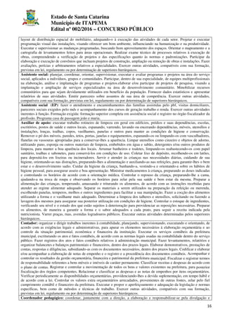Estado de Santa Catarina
Município de ITAPEMA
Edital nº 002/2016 – CONCURSO PÚBLICO
16
layout de distribuição espacial do mobiliário, adequando-o à execução das atividades de cada setor. Projetar e executar
programação visual das instalações, visando oferecer um bom ambiente, influenciando na humanização e na produtividade.
Executar e supervisionar as mudanças programadas, buscando bom aproveitamento dos espaços. Orientar o mapeamento e a
cartografia de levantamentos feitos para áreas operacionais. Realizar exame técnico de processos relativos à execução de
obras, compreendendo a verificação de projetos e das especificações quanto às normas e padronizações. Participar da
elaboração e execução de convênios que incluam projetos de construção, ampliação ou remoção de obras e instalações. Fazer
avaliações, perícias e arbitramentos relativos a especialidades. Exercer outras atividades, compatíveis com sua formação,
previstas em lei, regulamento ou por determinação de superiores hierárquicos.
Assistente social: planejar, coordenar, orientar, supervisionar, executar e avaliar programas e projetos na área do serviço
social, aplicados a indivíduos, grupos e comunidades. Participar, dentro de sua especialidade, de equipes multiprofissionais
na elaboração, análise e implantação de programas e projetos.elaborar e/ou participar de projetos de pesquisa, visando a
implantação e ampliação de serviços especializados na área de desenvolvimento comunitário. Mmobilizar recursos
comunitários para que sejam devidamente utilizados em benefício da população. Fornecer dados estatísticos e apresentar
relatórios de suas atividades. Emitir pareceres sobre assuntos de sua área de competência. Exercer outras atividades,
compatíveis com sua formação, previstas em lei, regulamento ou por determinação de superiores hierárquicos.
Assistente social (EP): fazer o atendimento e encaminhamentos das famílias assistidas pelo pbf, visitas domiciliares,
pareceres sociais exigidos pelo mds e acompanhamento dos cursos de geração trabalho e renda. Exercer outras atividades
inerentes à função. Formação exigida: formação superior completa em assistência social e registro no órgão fiscalizador da
profissão. Programa casa de passagem joão e maria.
Auxiliar de apoio: executar trabalho rotineiro de limpeza em geral em edifícios, prédios e suas dependências, escolas,
escritórios, postos de saúde e outros locais, espanando, varrendo, lavando ou encerando dependências, móveis, utensílios e
instalações, louças, toalhas, copos, vasilhames, panelas e outros para manter as condições de higiene e conservação.
Remover o pó dos móveis, paredes, tetos, portas, janelas e equipamentos, espanando-os ou limpando-os com vasculhadores,
flanelas ou vassouras apropriadas para a conservar-lhes a aparência. Limpar utensílios como cinzeiro e objetos de adorno,
utilizando pano, esponja ou outros materiais de limpeza, embebidos em água e sabão, detergentes e/ou outros produtos de
limpeza, para manter a boa aparência dos locais. Arrumar banheiros e toaletes, limpando-os reabastecendo-os com papel
sanitário, toalhas e sabonetes, para conservá-los em condições de uso. Coletar lixo de depósito, recolhendo-os em latões,
para depositá-los em lixeiras ou incineradores. Servir e atender às crianças nas necessidades diárias, cuidando de sua
higiene, orientando-as nas distrações, preparando-lhes a alimentação e auxiliando-as nas refeições, para garantir-lhes o bem
estar e o desenvolvimento sadio. Cuidar da higiene da criança, banhando-a, vestindo-a e orientando-a sobre os hábitos de
higiene pessoal, para assegurar asseio e boa apresentação. Ministrar medicamentos à criança, preparando as doses indicadas
e controlando os horários de acordo com a orientação médica. Controlar o repouso da criança, preparando-lhe a cama,
ajudando-a na troca de roupa e observando os horários para zelar pela sua saúde e bem estar da mesma. Preparar a
alimentação das crianças, temperando, amassando e triturando os alimentos, de acordo com as instruções recebidas para
atender ao regime alimentar adequado. Separar os materiais a serem utilizados na preparação da refeição ou merenda,
escolhendo panelas, temperos, molhos e outros ingredientes para facilitar a sua manipulação. Fazer a cocção dos alimentos
utilizando a forma e o vasilhame mais adequado. Determinar a limpeza dos talheres e utensílios, solicitando ou fazendo a
lavagem dos mesmos para assegurar sua posterior utilização em condições de higiene. Controlar o estoque de ingredientes,
verificando seu nível e o estado dos que estão sujeitos à deterioração para providenciar as reposições necessárias. Preparar
os alimentos, de maneira a garantir a forma e o sabor adequados a cada prato, para seguir a receita indicada pela
nutricionista. Varrer praças, ruas, avenidas logradouros públicos. Executar outras atividades determinadas pelos superiores
hierárquicos.
Contador: organizar e dirigir trabalhos inerentes à contabilidade, planejando, supervisionando, executando e orientando, de
acordo com as exigências legais e administrativas, para apurar os elementos necessários à elaboração orçamentária e ao
controle da situação patrimonial, econômica e financeira da instituição. Executar os serviços contábeis da prefeitura
municipal, escriturando os atos e fatos contábeis, de acordo com as normas legais usadas na contabilidade dentro do serviço
público. Fazer registros dos atos e fatos contábeis relativos à administração municipal. Fazer levantamentos, relatórios e
organizar balancetes e balanços patrimoniais e financeiros, dentro dos prazos legais. Elaborar demonstrativos, prestações de
contas, respostas e diligências, subsidiando-as com os documentos necessários, dentro dos prazos legais. Codificar e elaborar
e/ou acompanhar a elaboração de notas de empenho e o registro e a procedência dos documentos contábeis. Acompanhar e
controlar os resultados da gestão orçamentária, financeira e patrimonial da prefeitura municipal. Fiscalizar e registrar termos
de responsabilidade referentes a bens móveis e imóveis de caráter permanente. Classificar receitas e despesas de acordo com
o plano de contas. Registrar e controlar a movimentação de todos os bens e valores existentes na prefeitura, para posterior
fiscalização dos órgãos competentes. Relacionar e classificar as despesas e as notas de empenhos por itens orçamentários.
Verificar periodicamente as disponibilidades orçamentárias, providenciando-lhes a devida suplementação, em tempo hábil e
de acordo com a lei. Controlar os valores extra orçamentários arrecadados, provenientes de outras fontes, zelar pelo fiel
cumprimento contábil e financeiro da prefeitura. Executar e propor o aperfeiçoamento e adequação da legislação e normas
específicas, bem como de métodos e técnicas de trabalho. Exercer outras atividades, compatíveis com sua formação,
previstas em lei, regulamento ou por determinação de superiores hierárquicos.
Coordenador pedagógico: coordenar, juntamente com a direção, a elaboração e responsabilizar-se pela divulgação e
 