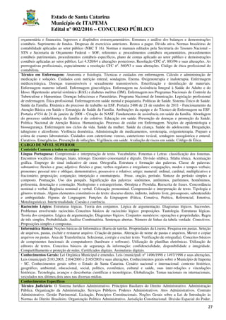 Estado de Santa Catarina
Município de ITAPEMA
Edital nº 002/2016 – CONCURSO PÚBLICO
27
orçamentária e financeira. Ingressos e dispêndios extraorçamentários. Estrutura e análise dos balanços e demonstrações
contábeis. Suprimento de fundos. Despesas de exercícios anteriores. Restos a pagar. Dívida ativa. Normas brasileiras de
contabilidade aplicadas ao setor público (NBC T 16). Normas e manuais editados pela Secretaria do Tesouro Nacional –
STN e Secretaria de Orçamento Federal – SOF, referentes a: procedimentos contábeis orçamentários, procedimentos
contábeis patrimoniais, procedimentos contábeis específicos, plano de contas aplicado ao setor público e demonstrações
contábeis aplicadas ao setor público. Lei 4.320/64 e alterações posteriores. Resolução CFC nº. 803/96 e suas alterações. As
prerrogativas profissionais, especialmente a resolução CFC nº. 560/93 e suas alterações. Código de ética profissional do
contabilista.
Técnico em Enfermagem: Anatomia e fisiologia. Técnicas e cuidados em enfermagem. Cálculo e administração de
medicação e soluções. Cuidados com nutrição enteral, sondagens. Enema. Oxigenoterapia e inaloterapia. Enfermagem
médicocirúrgica. Doenças transmissíveis e sexualmente transmissíveis. Esterilização e desinfecção de materiais.
Enfermagem materno infantil. Enfermagem ginecológica. Enfermagem na Assistência Integral à Saúde do Adulto e do
Idoso. Hipertensão arterial sistêmica (HAS) e diabetes melitus (DM). Enfermagem nos Programas Nacionais de Controle da
Tuberculose e Hanseníase. Doenças Infecciosas e Parasitárias. Programa Nacional de Imunização. Legislação profissional
de enfermagem. Ética profissional. Enfermagem em saúde mental e psiquiatria. Políticas de Saúde. Sistema Único de Saúde.
Saúde da Família. Dinâmica do processo de trabalho na ESF. Portaria 2488 de 21 de outubro de 2011 - Funcionamento da
Atenção Básica em Saúde e Estratégia de Saúde da Família. Atribuições da equipe e do Técnico de Enfermagem na ESF.
Portaria nº154 de 24 de janeiro de 2008 – Criação do NASF. Fundamentos de assistência em saúde da família. Abordagem
do processo saúde/doença da família e do coletivo. Educação em saúde. Prevenção de doenças e promoção da Saúde.
Política Nacional de Atenção Básica. Humanização. Processo de cuidar em Enfermagem. Noções de epidemiologia e
biossegurança. Enfermagem nos ciclos da vida. Saúde da mulher. Saúde da criança. Saúde do adolescente. Drogadição,
tabagismo e alcoolismo. Violência doméstica. Administração de medicamentos, soroterapia, oxigenioterapia. Preparo e
coleta de exames laboratoriais. Cuidados com cateterismo venoso, cateterismo vesical, sondagem nasogástrica e enteral.
Curativos. Emergências. Prevenção de infecções. Vigilância em saúde. Avaliação de riscos em saúde. Código de Ética.
CARGO DE NÍVEL SUPERIOR
Conteúdo Comum a todos os cargos
Língua Portuguesa: Compreensão e interpretação de texto. Vocabulário. Fonemas e Letras: classificação dos fonemas.
Encontros vocálicos: ditongo, hiato, tritongo. Encontro consonantal e dígrafo. Divisão silábica. Sílaba tônica. Acentuação
gráfica. Emprego do sinal indicativo de crase. Ortografia. Estrutura e formação das palavras. Classe de palavras:
substantivo: flexões e grau; adjetivo: flexões e grau; verbos regulares e irregulares: conjugações, modos e tempos verbais;
pronomes: pessoal reto e oblíquo, demonstrativo, possessivo e relativo; artigo; numeral: ordinal, cardinal, multiplicativo e
fracionário; preposição; conjunção; interjeição e onomatopeia. Frase, oração, período. Sintaxe do período simples e
composto. Pontuação. Uso dos porquês. Significação das palavras: sinônimos, antônimos, parônimos, homônimos,
polissemia, denotação e conotação. Neologismo e estrangeirismo. Ortoépia e Prosódia. Reescrita de frases. Concordância
nominal e verbal. Regência nominal e verbal. Colocação pronominal. Compreensão e interpretação de texto. Tipologia e
gêneros textuais. Alguns elementos constitutivos do texto: discurso direto, indireto, indireto livre, pressuposto, subentendido
e ambiguidade. Figuras de Linguagem. Funções da Linguagem (Fática, Conativa, Poética, Referencial, Emotiva,
Metalinguística). Intertextualidade. Coesão e coerência.
Raciocínio Lógico: Estruturas lógicas. Teoria dos conjuntos. Lógica de argumentação. Diagramas lógicos. Sucessões.
Problemas envolvendo raciocínio. Conceitos básicos de raciocínio lógico: proposições. Tautologia. Estruturas lógicas.
Teoria dos conjuntos. Lógica de argumentação. Diagramas lógicos. Conjuntos numéricos: operações e propriedades. Regra
de três simples. Probabilidade. Análise Combinatória. Sentenças abertas. Número de linhas da tabela verdade. Conectivos.
Proposições simples e compostas.
Informática Básica: Noções básicas de Informática (Barra de tarefas. Propriedades da Lixeira. Pesquisa em pastas. Seleção
de arquivos, pastas, excluir e restaurar arquivo. Criação de pastas. Alteração de nome de pastas e arquivos. Mover e copiar
arquivos ou pastas. Área de Transferência. Selecionar, corrigir e excluir texto. Verificação de ortografia). Conceitos básicos
de componentes funcionais de computadores (hardware e software). Utilização de planilhas eletrônicas. Utilização de
editores de textos. Conceitos básicos de segurança da informação: confidencialidade, disponibilidade e integridade.
Compartilhamento e proteção de redes. Certificados digitais. Assinaturas digitais.
Conhecimentos Gerais: Lei Orgânica Municipal e emendas. Leis (municipal) nº 1496/1998 e 1497/1998 e suas alterações,
Leis (municipal) 2103,2003, 2104/2003 e 2105/2003 e suas alterações. Conhecimentos gerais sobre o Município de Itapema
- SC. Conhecimentos gerais sobre o Estado de Santa Catarina. Cenário nacional e internacional: contexto histórico,
geográfico, ambiental, educacional, social, político, econômico, cultural e saúde, suas inter-relações e vinculações
históricas. Tecnologia, avanços e descobertas científicas e tecnológicas. Globalização. Temas nacionais ou internacionais,
veiculados nos últimos dois anos nas diversas mídias.
Conhecimentos Específicos
Técnico Judiciário: O Sistema Jurídico Administrativo. Princípios Basilares do Direito Administrativo. Administração
Pública. Organização da Administração. Serviços Públicos. Poderes Administrativos. Atos Administrativos. Contrato
Administrativo. Gestão Patrimonial. Licitação. Princípios Constitucionais. Noções Gerais sobre a Lei de Introdução às
Normas do Direito Brasileiro. Organização Político Administrativo. Jurisdição Constitucional. Divisão Espacial do Poder.
 