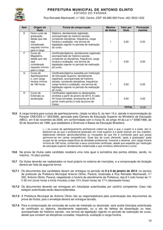 PREFEITURA MUNICIP AL DE ANTONIO OLINTO
E ST A DO DO P A R AN Á
Rua Reinaldo Machiavelli n.º 202, Centro, CEP: 83.980-000 Fone: (42 3533-1222
Machiavelli,
000
(42)
Item

F

G

H

Curso de
Extensão ou
atualização

Forma de comprovação
Diploma, devidamente registrado,
acompanhado do histórico escolar,
constando disciplinas, frequência, carga
horária e avaliação, nos termos da
legislação vigente no período de realização
do curso.
Certificado/diploma, devidamente registrado,
acompanhado de histórico escolar,
constando as disciplinas, frequência, carga
horária e avaliação, nos termos da
legislação vigente no período de realização
do curso.
Certificado/diploma expedido por Instituição
de Educação Superior, devidamente
registrado, acompanhado de histórico
escolar, constando disciplinas, frequência,
carga horária e avaliação, nos termos da
legislação vigente no período de realização
do curso.
Certificados registrados ou declarações,
emitidos a partir de janeiro de 2010. A cada
40 horas somadas, acrescenta
acrescenta-se 0,50
ponto (meio ponto) à nota da prova de
títulos.

Máximo
de títulos

Valor por
título

Pontuação
máxima

1

0,50

0,50

1

0,50

0,50

1

0,50

0,50

-

0,50

2,00

TOTAL

E

Origem do
título
Outro curso de
graduação,
desde que não
seja
considerado
requisito mínimo
para o cargo
Curso de
Magistério,
desde que não
seja
considerado
requisito mínimo
para o cargo
Curso de
Aperfeiçoament
o, com carga
horária mínima
de 180 horas

10,00

15.5 A carga horária para cursos de aperfeiçoamento, citada na letra G, do item 1 .4, atende à recomendação do
15.4,
Parecer CNE/CES n.º 263/2006, aprovado pela Câmara de Educação Superior do Ministério da Educação
(MEC), em 9 de novembro de 2006, em conformidade com o inciso III, do artigo 44 da Lei n.º 9396/1996, de
20 de dezembro de 1996, que estabelece a Diretrizes e Bases da Educação Brasileira:
(...) os cursos de aperfeiçoamento profissi
profissional voltam-se para o que o sujeito é e pode, isto é,
se
destinam-se ao que o profissional graduado em nível superior é e pode exercer em seu trabalho,
se
objetivando oferecer aprofundamentos ou inovações do que lhe é conhecido para que possa
aprimorar-se em certas competências. Esse tipo de curso oferecido “após a graduação” pode
se
certas
ocupar-se de campos específicos da atividade profissional, inclusive a docente, com carga horária
se
mínima de 180 horas, conferindo a seus concluintes certificado, desde que expedido por instituição
de educação superior devidamente credenciada e que ministrou efetivamente o curso.

15.6 Na prova de títulos cada candidato receberá uma nota igual à somatória dos pontos obtidos, sendo, no
máximo, 10 (dez) pontos.
15.7 Os títulos deverão ser cadastrados no local próprio no sistema de inscrições, e a comprovação da titulação
deverá ser feita da seguinte forma:
15.7.1 Os documentos dos candidatos devem ser entregue no período de 6 a 8 de janeiro de 2014, no serviço
de protocolo da Prefeitura Municipal Antonio Olinto, Paraná, localizada à Rua Reinaldo Machiavelli, n.º
,
202, Antonio Olinto, Paraná, respeitando o horário de atendimento da Prefeitura, das 8 h (oito horas) às 11
,
h 30 min (onze horas e trinta minutos) e das 13 h (treze horas) às 17 h (dezessete horas)
horas).
15.7.2 Os documentos deverão ser entregues em fotocópias autenticadas por cartório competente. Caso não
estejam autenticada serão desconsideradas.
15.7.3 A Prefeitura Municipal de Antonio Olinto não se responsabilizará pela autenticação dos documentos da
prova de títulos, pois o envelope deverá ser entregue lacrado.
15.7.4 Para a comprovação de conclusão de curso de mestrado ou doutorado, será aceita fotocópia autenticada
do certificado ou diploma, devidamente registrado, ou a ata de defesa da dissertação ou tese,
acompanhado de histórico escolar, nos termos da legislação vigente no período de realização do curso,
desde que constem as disciplinas cursadas, frequência, avaliação e carga horária.
frequência,
19

 