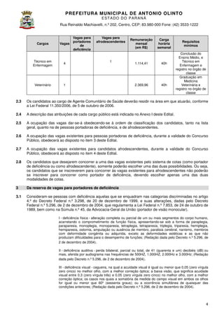 PREFEITURA MUNICIP AL DE ANTONIO OLINTO
E ST A DO DO P A R AN Á
Rua Reinaldo Machiavelli n.º 202, Centro, CEP: 83.980-000 Fone: (42 3533-1222
Machiavelli,
000
(42)

Cargos

Vagas

Técnico em
Enfermagem

4

Veterinário

Vagas para
portadores
de
deficiência

Vagas para
afrodescendentes

1

1

Remuneração
mensal
(em R$)

Carga
horária
semanal

1.114,41

40h

2.369,96

40h

Requisitos
mínimos
Conclusão do
Ensino Médio, e
Técnico em
Enfermagem e
registro no órgão de
classe
Graduação em
Medicina
Veterinária e
registro no órgão de
classe

2.3

Os candidatos ao cargo de Agente Comunitário de Saúde deverão residir na área em que atuarão conforme
atuarão,
a Lei Federal 11.350/2006, de 5 de outubro de 2006
2006.

2.4

A descrição das atribuições de cada cargo público está indicada no Anexo I deste Edital.

2.5

A ocupação das vagas dar-se-á obedecendo se à ordem de classificação dos candidatos, tanto na lista
á obedecendo-se
geral, quanto na de pessoas portadoras de deficiência, e de afrodescendentes.

2.6

A ocupação das vagas existentes para pessoas portadoras de deficiência, durante a validade do Concurso
Público, obedecerá ao disposto no item 3 deste Edital.

2.7

A ocupação das vagas existentes para candidatos afrodescendentes, durante a validade do Concurso
Público, obedecerá ao disposto no item 4 deste Edital.

2.8

Os candidatos que desejarem concorrer a uma das vagas existentes pelo sistema de cotas (como portador
de deficiência ou como afrodescendente), somente poderão escolher uma das duas possibilidades. Ou seja,
os candidatos que se inscreverem para concorrer às vagas existentes para afrodescendentes não poderão
se inscrever para concorrer como portador de deficiência, devendo escolher apenas uma das duas
modalidades de cotas.

3

Da reserva de vagas para portadores de deficiência

3.1

Consideram-se pessoas com deficiência aquelas que se enquadram nas categorias discriminadas no artigo
eficiência
4.º do Decreto Federal n.º 3.298, de 20 de dezembro de 1999 e suas alterações dadas pelo Decreto
1999,
alterações,
Federal n.º 5.296, de 2 de dezembro de 2004, que regulamenta a Lei Federal n.º 7.8
7.853, de 24 de outubro de
1989, bem como na Súmula n.º 45, da Advocacia Geral da União (portador de visão monocular).
Advocacia-Geral
I - deficiência física - alteração completa ou parcial de um ou mais segmentos do corpo humano,
acarretando o comprometimento da função fí
física, apresentando-se sob a forma de paraplegia,
se
paraparesia, monoplegia, monoparesia, tetraplegia, tetraparesia, triplegia, triparesia, hemiplegia,
hemiparesia, ostomia, amputação ou ausência de membro, paralisia cerebral, nanismo, membros
com deformidade congênita ou adquirida, exceto as deformidades estéticas e as que não
produzam dificuldades para o desempenho de funções; (Redação dada pelo Decreto n.º 5.2
5.296, de
2 de dezembro de 2004 .
2004)
II - deficiência auditiva - perda bilateral, parcial ou total, de 41 (quarenta e um decibéis (dB) ou
quarenta um)
mais, aferida por audiograma nas freq ências de 500HZ, 1.000HZ, 2.000Hz e 3.000Hz; (Redação
frequências
dada pelo Decreto n.º 5.296, de 2 de dezembro de 2004).
III - deficiência visual - cegueira, na qual a acuidade visual é igual ou menor que 0,05 (zero vírgula
zero cinco) no melhor olho, com a melhor correção óptica; a baixa visão, que significa acuidade
visual entre 0,3 (zero vírgula três) e 0,05 (zero vírgula zero cinco) no melhor olho, com a melhor
correção óptica; os casos nos quais a somatória da medida do campo visual em ambos os olhos
for igual ou menor que 60 (sessenta graus); ou a ocorrência simultânea de quaisquer das
60º
;
condições anteriores; (Redação dada pelo Decreto n.º 5.296, de 2 de dezembro de 2004).

4

 