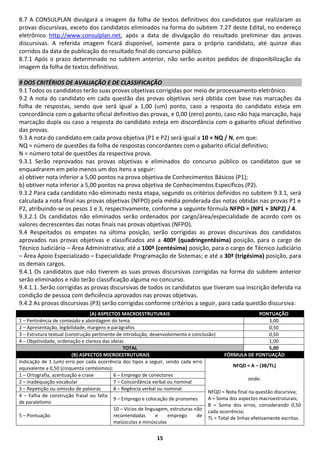 15
8.7 A CONSULPLAN divulgará a imagem da folha de textos definitivos dos candidatos que realizaram as
provas discursivas, exceto dos candidatos eliminados na forma do subitem 7.27 deste Edital, no endereço
eletrônico http://www.consulplan.net, após a data de divulgação do resultado preliminar das provas
discursivas. A referida imagem ficará disponível, somente para o próprio candidato, até quinze dias
corridos da data de publicação do resultado final do concurso público.
8.7.1 Após o prazo determinado no subitem anterior, não serão aceitos pedidos de disponibilização da
imagem da folha de textos definitivos.
9 DOS CRITÉRIOS DE AVALIAÇÃO E DE CLASSIFICAÇÃO
9.1 Todos os candidatos terão suas provas objetivas corrigidas por meio de processamento eletrônico.
9.2 A nota do candidato em cada questão das provas objetivas será obtida com base nas marcações da
folha de respostas, sendo que será igual a 1,00 (um) ponto, caso a resposta do candidato esteja em
concordância com o gabarito oficial definitivo das provas, e 0,00 (zero) ponto, caso não haja marcação, haja
marcação dupla ou caso a resposta do candidato esteja em discordância com o gabarito oficial definitivo
das provas.
9.3 A nota do candidato em cada prova objetiva (P1 e P2) será igual a 10 × NQ / N, em que:
NQ = número de questões da folha de respostas concordantes com o gabarito oficial definitivo;
N = número total de questões da respectiva prova.
9.3.1 Serão reprovados nas provas objetivas e eliminados do concurso público os candidatos que se
enquadrarem em pelo menos um dos itens a seguir:
a) obtiver nota inferior a 5,00 pontos na prova objetiva de Conhecimentos Básicos (P1);
b) obtiver nota inferior a 5,00 pontos na prova objetiva de Conhecimentos Específicos (P2).
9.3.2 Para cada candidato não eliminado nesta etapa, segundo os critérios definidos no subitem 9.3.1, será
calculada a nota final nas provas objetivas (NFPO) pela média ponderada das notas obtidas nas provas P1 e
P2, atribuindo-se os pesos 1 e 3, respectivamente, conforme a seguinte fórmula NFPO = (NP1 + 3NP2) / 4.
9.3.2.1 Os candidatos não eliminados serão ordenados por cargo/área/especialidade de acordo com os
valores decrescentes das notas finais nas provas objetivas (NFPO).
9.4 Respeitados os empates na última posição, serão corrigidas as provas discursivas dos candidatos
aprovados nas provas objetivas e classificados até a 400ª (quadringentésima) posição, para o cargo de
Técnico Judiciário – Área Administrativa; até a 100ª (centésima) posição, para o cargo de Técnico Judiciário
– Área Apoio Especializado – Especialidade Programação de Sistemas; e até a 30ª (trigésima) posição, para
os demais cargos.
9.4.1 Os candidatos que não tiverem as suas provas discursivas corrigidas na forma do subitem anterior
serão eliminados e não terão classificação alguma no concurso.
9.4.1.1. Serão corrigidas as provas discursivas de todos os candidatos que tiveram sua inscrição deferida na
condição de pessoa com deficiência aprovados nas provas objetivas.
9.4.2 As provas discursivas (P3) serão corrigidas conforme critérios a seguir, para cada questão discursiva:
(A) ASPECTOS MACROESTRUTURAIS PONTUAÇÃO
1 – Pertinência de conteúdo e abordagem do tema 3,00
2 – Apresentação, legibilidade, margens e parágrafos 0,50
3 – Estrutura textual (construção pertinente de introdução, desenvolvimento e conclusão) 0,50
4 – Objetividade, ordenação e clareza das ideias 1,00
TOTAL 5,00
(B) ASPECTOS MICROESTRUTURAIS FÓRMULA DE PONTUAÇÃO
Indicação de 1 (um) erro por cada ocorrência dos tipos a seguir, sendo cada erro
equivalente a 0,50 (cinquenta centésimos): NFQD = A – (3B/TL)
onde:
NFQD = Nota final na questão discursiva;
A = Soma dos aspectos macroestruturais;
B = Soma dos erros, considerando 0,50
cada ocorrência;
TL = Total de linhas efetivamente escritas.
1 – Ortografia, acentuação e crase 6 – Emprego de conectores
2 – Inadequação vocabular 7 – Concordância verbal ou nominal
3 – Repetição ou omissão de palavras 8 – Regência verbal ou nominal
4 – Falha de construção frasal ou falta
de paralelismo
9 – Emprego e colocação de pronomes
5 – Pontuação
10 – Vícios de linguagem, estruturas não
recomendadas e emprego de
maiúsculas e minúsculas
 