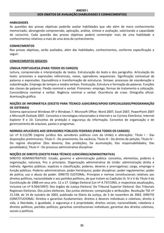 21
ANEXO I
DOS OBJETOS DE AVALIAÇÃO (HABILIDADES E CONHECIMENTOS)
HABILIDADES
As questões das provas objetivas poderão avaliar habilidades que vão além de mero conhecimento
memorizado, abrangendo compreensão, aplicação, análise, síntese e avaliação, valorizando a capacidade
de raciocínio. Cada questão das provas objetivas poderá contemplar mais de uma habilidade e
conhecimentos relativos a mais de uma área de conhecimento.
CONHECIMENTOS
Nas provas objetivas, serão avaliados, além das habilidades, conhecimentos, conforme especificação a
seguir:
CONHECIMENTOS BÁSICOS:
LÍNGUA PORTUGUESA (PARA TODOS OS CARGOS)
Leitura, compreensão e interpretação de textos. Estruturação do texto e dos parágrafos. Articulação do
texto: pronomes e expressões referenciais, nexos, operadores sequenciais. Significação contextual de
palavras e expressões. Equivalência e transformação de estruturas. Sintaxe: processos de coordenação e
subordinação. Emprego de tempos e modos verbais. Pontuação. Estrutura e formação de palavras. Funções
das classes de palavras. Flexão nominal e verbal. Pronomes: emprego, formas de tratamento e colocação.
Concordância nominal e verbal. Regência nominal e verbal. Ocorrência de crase. Ortografia oficial.
Acentuação gráfica.
NOÇÕES DE INFORMÁTICA (EXCETO PARA TÉCNICO JUDICIÁRIO/APOIO ESPECIALIZADO/PROGRAMAÇÃO
DE SISTEMAS)
Sistema operacional Windows XP e Windows 7. Microsoft Office: Word 2007, Excel 2007, PowerPoint 2007
e Microsoft Outlook 2007. Conceitos e tecnologias relacionados à Internet e ao Correio Eletrônico. Internet
Explorer 9 e 10. Conceitos de proteção e segurança da informação. Conceitos de organização e de
gerenciamento de arquivos, pastas e programas.
NORMAS APLICÁVEIS AOS SERVIDORES PÚBLICOS FEDERAIS (PARA TODOS OS CARGOS)
Lei nº 8.112/90 (regime jurídico dos servidores públicos civis da União) e alterações: Título I - Das
disposições preliminares; Título II - Do provimento, Da vacância; Título III - Do direito de petição; Título IV -
Do regime disciplinar (Dos deveres; Das proibições; Da acumulação; Das responsabilidades; Das
penalidades); Título V - Do processo administrativo disciplinar.
NOÇÕES DE DIREITO (EXCETO PARA TÉCNICO JUDICIÁRIO/ADMINISTRATIVA)
DIREITO ADMINISTRATIVO: Estado, governo e administração pública: conceitos, elementos, poderes e
organização; natureza, fins e princípios. Organização administrativa da União: administração direta e
indireta. Agentes públicos: espécies e classificação; poderes, deveres e prerrogativas; cargo, emprego e
função públicos. Poderes administrativos: poder hierárquico; poder disciplinar; poder regulamentar; poder
de polícia; uso e abuso do poder. DIREITO ELEITORAL: Princípios e normas constitucionais relativos aos
direitos políticos, nacionalidade e aos partidos políticos, de que tratam os Capítulos III, IV e V do Título II da
Constituição de 1988 em seus arts. 12 a 17. Código Eleitoral (Lei nº 4.737/1965, e respectivas atualizações,
inclusive Lei nº 9.504/1997): Dos órgãos da Justiça Eleitoral. Do Tribunal Superior Eleitoral. Dos Tribunais
Regionais Eleitorais. Dos juízes eleitorais. Das juntas eleitorais: composição e atribuições. Resolução TSE nº
21.538, de 14 de outubro de 2003, publicada no Diário da Justiça, de 3 de novembro de 2003. DIREITO
CONSTITUCIONAL: Direitos e garantias fundamentais: direitos e deveres individuais e coletivos; direito à
vida, à liberdade, à igualdade, à segurança e à propriedade; direitos sociais; nacionalidade; cidadania e
direitos políticos; partidos políticos; garantias constitucionais individuais; garantias dos direitos coletivos,
sociais e políticos.
 