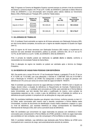 10.2. O ingresso na Carreira de Magistério Superior ocorrerá sempre no primeiro nível de vencimento 
da Classe A, conforme dispõe o Art. 8º da Lei N. 12.863, de 24/09/2013, publicada no Diário Oficial da 
União de 25/09/2013, e sua remuneração será composta pelos valores relativos ao Vencimento 
Básico (VB) e Retribuição por Titulação (RT), conforme Tabela abaixo. 
10 
Classe/Nível Regime de 
Trabalho 
Vencimento 
Básico 
(em R$) 
RT 
(em R$) 
Total da 
Remuneração 
VB + RT 
Adjunto A, Nível 1 
40 horas/ 
Dedicação 
Exclusiva 
R$ 3.804,29 R$ 4.540,35 R$ 8.344,64 
Assistente A, Nível I 
40 horas/ 
Dedicação 
Exclusiva 
R$ 3.804,29 R$ 1.931,98 R$ 5.736,27 
11. DA JORNADA DE TRABALHO 
11.1. O professor ficará submetido ao regime de 40 horas semanais com Dedicação Exclusiva (DE), 
em dois turnos diários completos, de acordo com o regime de trabalho disposto no Quadro de Vagas 
(item 2). 
11.2. O regime de 40 horas semanais com Dedicação Exclusiva (DE) implica o impedimento do 
exercício de outra atividade remuneratória, pública ou privada, conforme Arts. 20 e 21 da Lei N. 
12.772, de 28/12/2012 e a Lei N. 12.863, de 24/09/2013, DOU de 25/09/2013. 
11.3. A jornada de trabalho poderá ser distribuída no período diurno e noturno, conforme a 
necessidade da Universidade Federal de Santa Maria. 
11.4. A alteração de regime de trabalho só poderá ser solicitada após o término do Estágio 
Probatório. 
12. DA RESERVA DE VAGAS PARA PESSOAS COM DEFICIÊNCIA 
12.1. De acordo com o inciso VIII do Art. 37 da Constituição Federal, o parágrafo 2o do Art. 5o da Lei 
N. 8.112/90, de 11/12/1990, com suas alterações, o Decreto N. 3.298/1999, DOU de 21/12/1999 e 
com a Resolução N. 019/2012, da UFSM, fica assegurada a reserva de vagas às pessoas com 
deficiência em 5% (cinco por cento) do número total de vagas do Edital N. 140/2014. 
12.2. O candidato que desejar concorrer às vagas definidas no Edital N. 140/2014, item 2, Quadro de 
Vagas, deverá indicar a situação de deficiência no Requerimento de Inscrição. Posteriormente à 
habilitação no Concurso, o candidato será convocado por Edital, para submeter-se à Perícia Médica 
desta Universidade, que terá decisão final sobre a qualificação do mesmo, como portador de 
necessidades especiais ou não, e sobre o grau de deficiência, com a finalidade de verificar se a 
deficiência da qual é portador é compatível com as atribuições do cargo pelo qual optou. 
12.3. Os candidatos habilitados (aqueles que atingirem nota mínima), conforme previsto no item 6.1 
do Edital, serão convocados pelo mesmo meio e deverão comparecer à Perícia Médica desta 
Universidade, munidos de documento de identificação e laudo médico atestando a espécie e o grau 
ou nível de deficiência, com expressa referência ao código correspondente da Classificação 
Internacional de Doenças (CID), bem como a provável causa da deficiência. 
12.4. Os candidatos que concorreram às vagas reservadas às pessoas com deficiência e forem 
convocados para comparecerem à Perícia Médica da UFSM, perderão o direito às vagas reservadas 
aos candidatos em tais condições, caso não compareçam à Perícia Médica na data solicitada; 
12.5. O candidato habilitado, cuja deficiência seja declarada pela Perícia Médica da UFSM como 
incompatível com o exercício do cargo, será automaticamente excluído do certame. 
 